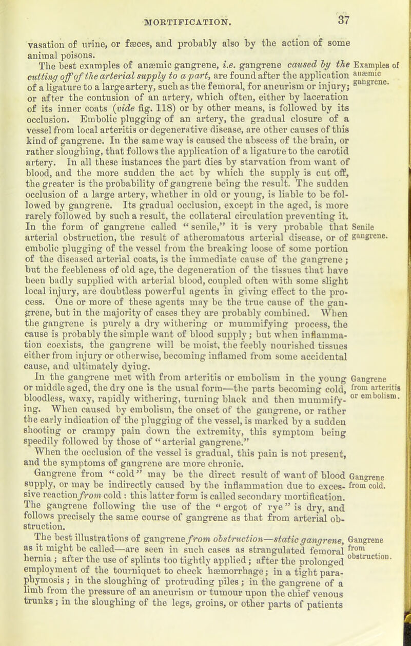 vasation of urine, or feces, and probably also by the action of some animal poisons. The best examples of anaemic gangrene, i.e. gangrene caused hy the Examples of cutting off of the arterial supply to apart, are found after the application a«»>nic of a ligature to a large artery, such as the femoral, for aneurism or inj ury; or after the contusion of an artery, which often, either by laceration of its inner coats {vide fig. 118) or by other means, is followed by its occlusion. Embolic plugging of an artery, the gradual closure of a vessel from local arteritis or degenerative disease, are other causes of this kind of gangrene. In the same way is caused the abscess of the brain, or rather sloughing, that follows the application of a ligature to the carotid artery. In all these instances the part dies by starvation from want of blood, and the more sudden the act by which the supply is cut ofP, the greater is the probability of gangrene being the result. The sudden occlusion of a large artery, whether in old or young, is liable to be fol- lowed by gangrene. Its gradual occlusion, except in the aged, is more rarely followed by such a result, the collateral circulation preventing it. In the form of gangrene called “ senile,” it is very probable that Senile arterial obstruction, the result of atheromatous arterial disease, or of Kangrene. embolic plugging of the vessel from the breaking loose of some portion of the diseased arterial coats, is the immediate cause of the gangrene ; but the feebleness of old age, the degeneration of the tissues that have been badly supplied with arterial blood, coupled often with some slight local injury, are doubtless powerful agents in giving effect to the pro- cess. One or more of these agents may he the true cause of the gan- grene, but in the majority of cases they are probably combined. When tlie gangrene is purely a dry withering or mummifying process, the cause is probably the simple want of blood supply; but when inflamma- tion coexists, the gangrene will be moist, the feebly nourished tissues either from injury or otherwise, becoming inflamed from some accidental cause, and ultimately dying. In the gangrene met with from arteritis or embolism in the young Gangrene or middle aged, the dry one is the usual form—the parts becoming cold, fe™ arteritis bloodless, waxy, rapidly withering, turning black and then mummify- ing. When caused by embolism, the onset of the gangrene, or rather the early indication of the plugging of the vessel, is marked by a sudden shooting or crampy pain down the extremity, this symptom being speedily followed by those of “ arterial gangrene.” When the occlusion of the vessel is gradual, this pain is not present, and the symptoms of gangrene are more chronic. Gangrene from “ cold ” may be the direct result of want of blood Gangrene supply, or may be indirectly caused by the inflammation due to exces- hom cold, sive reactionyV'oja cold: this latter form is called secondary mortification. The gangrene following the use of the “ ergot of rye ” is dry, and follows precisely the same course of gangrene as that from arterial ob- struction. The best illustrations of gangrene jfrowi obstruction—static gangrene. Gangrene as it might be called—are seen in such cases as strangulated femoral hernia; after the use of splints too tightly applied; after the prolonged ° employment of the tourniquet to check haemorrhage; in a tight para- phymosis ; in the sloughing of protruding piles ; in the gangrene of a bmb from the pressure of an aneurism or tumour upon the chief venous trunks; in the sloughing of the legs, groins, or other parts of patients