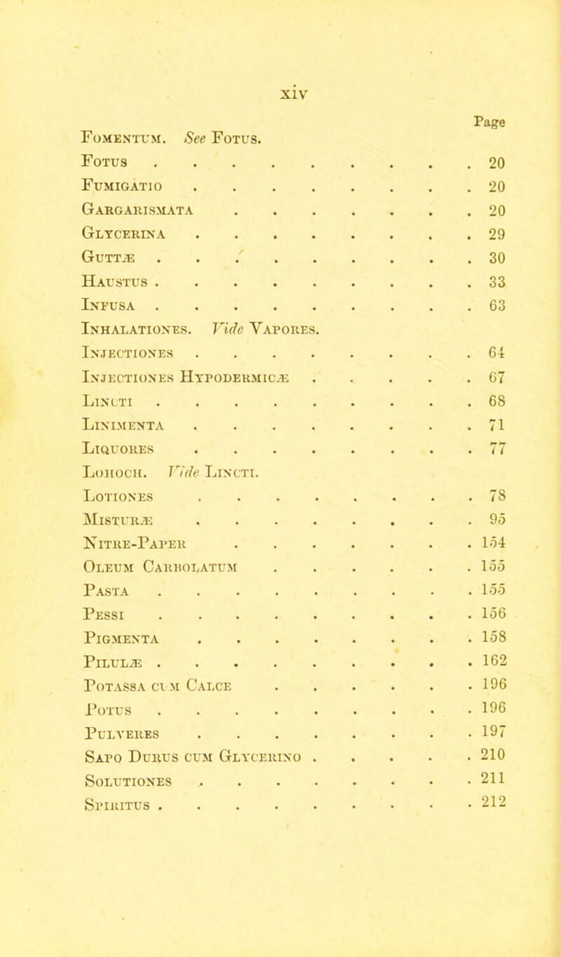 XlYr Page Fomextum. See Fotus. Fotus .... . 20 Fumigatio . 20 Gargarismata . 20 Glycerixa . 29 Guttje . . 30 Haustus .... . 33 Ixfusa .... . 63 Ixhalatioxes. Vide Yapoues. IXJECTIOXES .... . 64 Ixjectioxes Hypodermic.® . 67 Lixcti .... . 68 Liximexta . 71 Liquores Lohoch. Vide Lixcti. Lotioxes . 78 Mistur.k . 95 Nitre-Paper . 154 Oleum Carrolatum . 155 Pasta .... Pessi .... . 156 PlGMEXTA . 158 PlLULiE .... . 162 POTASSA CUM CALCE . 196 POTUS .... . 196 PULVERES . 197 Sapo Durus cum Glycerixo . 210 SOLUTIOXES . 211 Sl’IRITUS .... 212