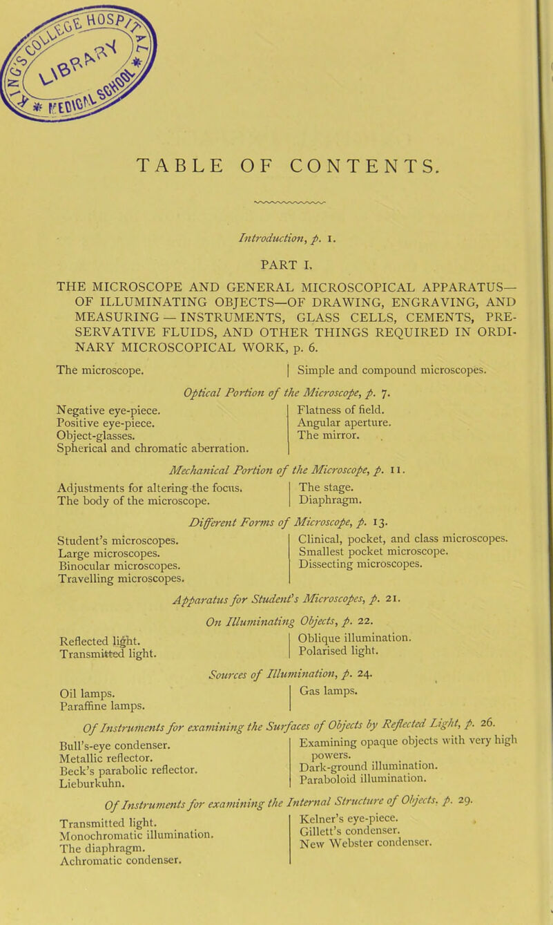 TABLE OF CONTENTS. Introduction, p. I. PART I. THE MICROSCOPE AND GENERAL MICROSCOPICAL APPARATUS— OF ILLUMINATING OBJECTS—OF DRAWING, ENGRAVING, AND MEASURING — INSTRUMENTS, GLASS CELLS, CEMENTS, PRE- SERVATIVE FLUIDS, AND OTHER THINGS REQUIRED IN ORDI- NARY MICROSCOPICAL WORK, p. 6. The microscope. | Simple and compound microscopes. Optical Portion of the Microscope, p. 7. Negative eye-piece. Positive eye-piece. Object-glasses. Spherical and chromatic aberration. Flatness of field. Angular aperture. The mirror. Mechanical Portion of the Microscope, p. 11. Adjustments for altering the focus. The stage. The body of the microscope. Diaphragm. Different Forms of Microscope, p. 13. Student’s microscopes. Large microscopes. Binocular microscopes. Travelling microscopes. Clinical, pocket, and class microscopes. Smallest pocket microscope. Dissecting microscopes. Apparatus for Student’s Microscopes, p. 21. Reflected light. Transmitted light. On Illuminating Objects, p. 22. Oblique illumination. Polarised light. Oil lamps. Paraffine lamps. Sources of Illumination, p. 24. Gas lamps. Of Instruments for examining Bull’s-eye condenser. Metallic reflector. Beck’s parabolic reflector. Lieburkuhn. the Surfaces of Objects by Reflected Light, p. 26. Examining opaque objects with very high powers. Dark-ground illumination. Paraboloid illumination. Of Instruments for examining the Internal Structure of Objects, p. 29. Transmitted light. Monochromatic illumination. The diaphragm. Achromatic condenser. Kelner’s eye-piece. Gillett’s condenser. New Webster condenser.