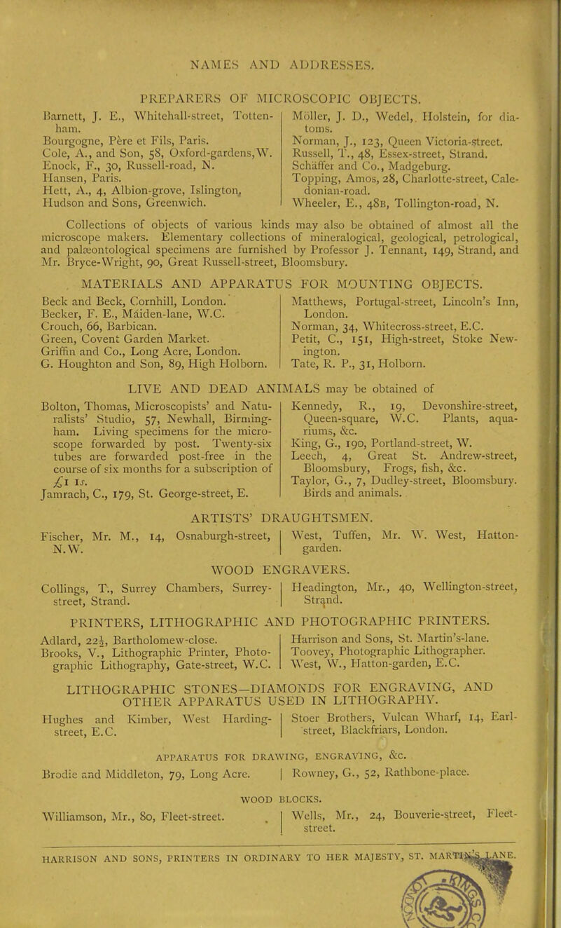NAMES AND ADDRESSES. PREPARERS OF MICROSCOPIC OBJECTS. Barnett, J. E., Whitehall-street, Totten- ham. Bourgogne, Pere et Fils, Paris. Cole, A., and Son, 58, Oxford-gardens,W. Knock, F., 30, Russell-road, N. Hansen, Paris. Hett, A., 4, Albion-grove, Islington, Hudson and Sons, Greenwich. Moller, J. D., Wedel,. Holstein, for dia- toms. Norman, J., 123, Queen Victoria-street. Russell, T., 48, Essex-street, Strand. Schaffer and Co., Madgeburg. Topping, Amos, 28, Charlotte-street, Cale- donian-road. Wheeler, E., 48B, Tollington-road, N. Collections of objects of various kinds may also be obtained of almost all the microscope makers. Elementary collections of mineralogical, geological, petrological, and pala:ontological specimens are furnished by Professor J. Tennant, 149, Strand, and Mr. Bryce-Wright, 90, Great Russell-street, Bloomsbury. MATERIALS AND APPARATUS FOR MOUNTING OBJECTS. Beck and Beck, Cornhill, London. Becker, F. E., Maiden-lane, W.C. Crouch, 66, Barbican. Green, Covent Garden Market. Griffin and Co., Long Acre, London. G. Houghton and Son, 89, High Holborn. Matthews, Portugal-street, Lincoln’s Inn, London. Norman, 34, Whitecross-street, E.C. Petit, C., 151, High-street, Stoke New- ington. Tate, R. P., 31, Holborn. LIVE AND DEAD ANIMALS may be obtained of Bolton, Thomas, Microscopists’ and Natu- ralists’ Studio, 57, Newhall, Birming- ham. Living specimens for the micro- scope forwarded by post. Twenty-six tubes are forwarded post-free in the course of six months for a subscription of £1 u. Jamrach, C., 179, St. George-street, E. Kennedy, R., 19, Devonshire-street, Queen-square, W.C. Plants, aqua- riums, &c. King, G., 190, Portland-street, W. Leech, 4, Great St. Andrew-street, Bloomsbury, Frogs, fish, &c. Taylor, G., 7, Dudley-street, Bloomsbury. Birds and animals. ARTISTS’ DRAUGHTSMEN. Fischer, Mr. M., 14, Osnaburgh-street, N.W. Wrest, Tuffen, Mr. Wr. West, Hatton- garden. WOOD ENGRAVERS. Codings, T., Surrey Chambers, Surrey- street, Strand. Headington, Mr., 40, Wellington-street, Strqnd. PRINTERS, LITHOGRAPHIC AND PHOTOGRAPHIC PRINTERS. Adlard, 222, Bartholomew-close. Brooks, V., Lithographic Printer, Photo- graphic Lithography, Gate-street, W.C. Harrison and Sons, St. Martin’s-lane. Toovey, Photographic Lithographer. West, W., Platton-garden, E.C. LITHOGRAPHIC STONES—DIAMONDS FOR ENGRAVING, AND OTHER APPARATUS USED IN LITHOGRAPHY. Hughes and Kimber, W'est Harding- Stoer Brothers, Vulcan Wharf, 14, Earl- street, E.C. street, Blackfriars, London. APPARATUS FOR DRAWING, ENGRAVING, &C. Brodie and Middleton, 79, Long Acre. | Rowney, G., 52> Rathbone-place. WOOD BLOCKS. Williamson, Mr., 80, Fleet-street. . I Wells, Mr., 24, Bouverie-street, Fleet- I street. HARRISON AND SONS, PRINTERS IN ORDINARY TO HER MAJESTY, ST. MARTAS ■ANE.