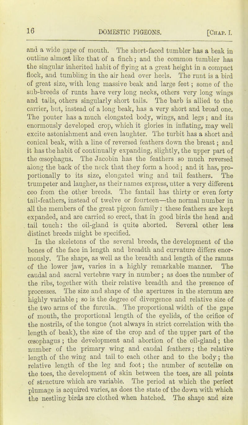 and a wide gape of mouth. The short-faced tumbler has a beak in outline almost like that of a finch; and the common tumbler has the singular inherited habit of flying at a great height in a compact flock, and tumbling in the air head over heels. The runt is a bird of great size, with long massive beak and large feet; some of the sub-breeds of nmts have very long necks, others very long wings and tails, others singularly short tails. The barb is allied to the carrier, but, instead of a long beak, has a very short and broad one. The pouter has a much elongated body, wings, and legs ; and its enormously developed crop, which it glories in inflating, may well excite astonishment and even laughter. The turbit has a short and conical beak, with a line of reversed feathers down the breast; and it has the habit of continually expanding, slightly, the upper part of the oesophagus. The Jacobin has the feathers so much reversed along the back of the neck that they form a hood; and it has, pro- portionally to its size, elongated wing and tail feathers. The trumpeter and laugher, as their names express, utter a very different coo from the other breeds. The fantail has thirty or even forty tail-feathers, instead of twelve or fourteen—the normal number in all the members of the great pigeon family : these feathers are kept expanded, and are carried so erect, that in good birds the head and tail touch: the oil-gland is quite aborted. Several other less distinct breeds might be specified. In the skeletons of the several breeds, the development of the bones of the face in length and breadth and curvature differs enor- mously. The shape, as well as the breadth and length of the ramus of the lower jaw, varies in a highly remarkable manner. The caudal and sacral vertebra} vary in number ; as does the number of the ribs, together with their relative breadth and the presence of processes. The size and shape of the apertures in the sternum are highly variable ; so is the degree of divergence and relative size of the two arms of the furcula. The proportional width of the gape of mouth, the proportional length of the eyelids, of the orifice of the nostrils, of the tongue (not always in strict correlation with the length of beak), the size of the crop and of the upper part of the oesophagus ; the development and abortion of the oil-gland; the number of the primary wing and caudal feathers; the relative length of the wing and tail to each other and to the body; the relative length of the leg and foot; the number of scutelke on the toes, the development of skin between the toes, are all points of structure which are variable. The period at which the perfect plumage is acquired varies, as does the state of the down with which the nestling birds are clothed when hatched. The shape and size