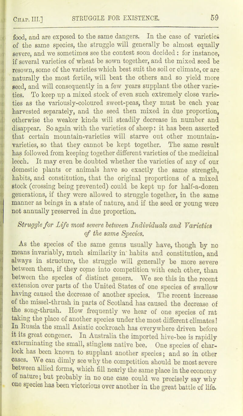 food, and are exposed to the same dangers. In the case of varieties of the same species, the struggle will generally he almost equally 5 severe, and we sometimes see the contest soon decided: for instance, if several varieties of wheat he sown together, and the mixed seed he resown, some of the varieties which best suit the soil or climate, or are naturally the most fertile, will heat the others and so yield more seed, and will consequently in a few years supplant the other varie- ties. To keep up a mixed stock of even such extremely close varie- ties as the variously-coloured sweet-peas, they must he each year harvested separately, and the seed then mixed in due proportion, otherwise the weaker kinds will steadily decrease in number and disappear. So again with the varieties of sheep: it has been asserted Jthat certain mountain-varieties will starve out other mountain- varieties, so that they cannot he kept together. The same result has followed from keeping together different varieties of the medicinal leech. It may even he doubted whether the varieties of any of our domestic plants or animals have so exactly the same strength, habits, and constitution, that the original proportions of a mixed stock (crossing being prevented) could be kept up for half-a-dozen generations, if they were allowed to struggle together, in the same manner as beings in a state of nature, and if the seed or young were not annually preserved in due proportion. Struggle for Life most severe between Individuals and Varieties of the same Species. As the species of the same genus usually have, though by no means invariably, much similarity in habits and constitution, and always in structure, the struggle will generally be more severe between them, if they come into competition with each other, than between the species of distinct genera. We see this in the recent extension over parts of the United States of one species of swallow having caused the decrease of another species. The recent increase of the missel-thrush in parts of Scotland has caused the decrease of the song-thrush. How frequently we hear of one species of rat taking the place of another species under the most different climates! In Russia the small Asiatic cockroach has everywhere driven before it its great congener. In Australia the imported hive-bee is rapidly extenninating the small, stingless native bee. One species of char- lock has been known to supplant another species; and so in other cases. We can dimly see why the competition should be most severe between allied forms, which fill nearly the same place in the economy of nature; but probably in no one case could we precisely say why one species has been victorious over another in the great battle of life.