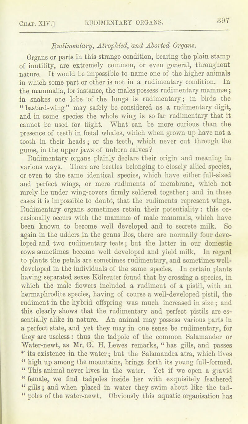 RUDIMENTARY ORGANS. Budimentary, Atrophied, and Aborted Organs. Organs or parts in tliis strange condition, bearing the plain stamp of inutility, are extremely common, or even general, throughout nature. It would be impossible to name one of the higher animals in which some part or other is not in a rudimentary condition. In the mammalia, ior instance, the males possess rudimentary mamma; in snakes one lobe of the lungs is rudimentary; in birds the “bastard-wing” may safely be considered as a rudimentary digit, and in some species the whole wing is so far rudimentary that it cannot be used for flight. What can be more curious than the presence of teeth in foetal whales, which when grown up have not a tooth in their beads; or the teeth, which never cut through the gums, in the upper jaws of unborn calves ? Rudimentary organs plainly declare their origin and meaning in various ways. There are beetles belonging to closely allied species, or even to the same identical species, which have either full-sized and perfect wings, or mere rudiments of membrane, which not rarely lie under wing-covers firmly soldered together; and in these cases it is impossible to doubt, that the rudiments represent wings. Rudimentary organs sometimes retain their potentiality: this oc- casionally occurs with the mammaj of male mammals, which have been known to become well developed and to secrete milk. So again in the udders in the genus Bos, there are normally four deve- loped and two rudimentary teats; but the latter in our domestic cows sometimes become well developed and yield milk. In regard to plants the petals are sometimes rudimentary, and sometimes well- developed in the individuals of the same species. In certain plants having separated sexes Kolrcuter found that by crossing a species, in which the male flowers included a rudiment of a pistil, with an hermaphrodite species, having of course a well-developed pistil, the rudiment in the hybrid offspring was much increased in size ; and this clearly shows that the rudimentary and perfect pistils are es- sentially alike in nature. An animal may possess various parts in a perfect state, and yet they may in one sense be rudimentary, for they are useless: thus the tadpole of the common Salamander or Water-newt, as Mr. Gr. H. Lewes remarks, “ has gills, and passes *' its existence in the water; but the Salamandra atra, which lives “ high up among the mountains, brings forth its young full-formed. “ This animal never lives in the water. Yet if we open a gravid “ female, we find tadpoles inside her with exquisitely feathered “ gills; and when placed in water they swim about like the tad- “ poles of the water-newt. Obviously this aquatic organisation has