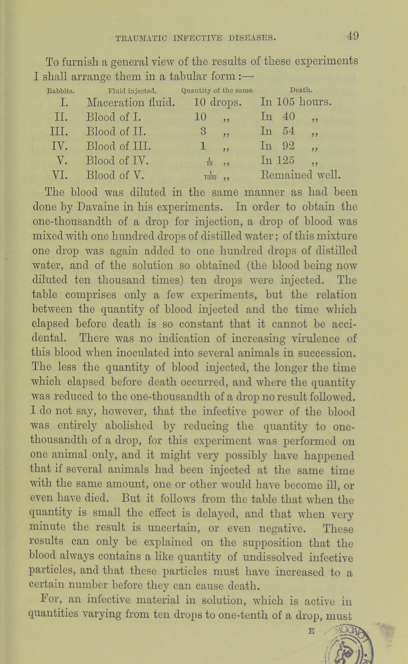 To fui'nisli a general view of the results of these experiments I shall arrange them in a tabular form :— ■Rabbits. Fliiici injected. Quantity of the same. Death. I. Maceration fluid. 10 drops. In 105 hours. II. Blood of I. 10 „ In 40 ,, III. Blood of II. 3 „ In 54 ,, IV. Blood of III. 1 „ In 92 ,, V. Blood of IV. 1 TO jj In 125 ,, VI. Blood of V. I 1000 99 Remained well. The blood was diluted in the same manner as had been clone by Davaine in his experiments. In order to obtain the one-thousandth of a drop for injection, a drop of blood was mixed with one hundred drops of distilled water; of this mixture one droj) was again added to one hundred drops of distilled water, and of the solution so obtained (the blood being now diluted ten thousand times) ten drops were injected. The table comprises only a few experiments, but the relation between the quantity of blood injected and the time which elapsed before death is so constant that it cannot be acci- dental. There was no indication of increasing virulence of this blood when inoculated into several animals in succession. The less the quantity of blood injected, the longer the time which elapsed before death occurred, and where the quantity was reduced to the one-thousandth of a drop no result followed. I do not say, however, that the infective power of the blood was entirely abolished by reducing the quantity to one- thousandth of a drop, for this experiment was performed on one animal only, and it might very possibly have happened that if several animals had been injected at the same time with the same amoimt, one or other would have become ill, el- even have died. But it follows from the table that when the quantity is small the effect is delayed, and that when very minute the result is uncertain, or even negative. These results can only be explained on the supposition that the blood always contains a lilie quantitj^ of undissolved infective particles, and that these particles must have increased to a certain number before they can cause death. For, an infective material in solution, which is active in quantities varying from ten drops to one-tenth of a drop, must