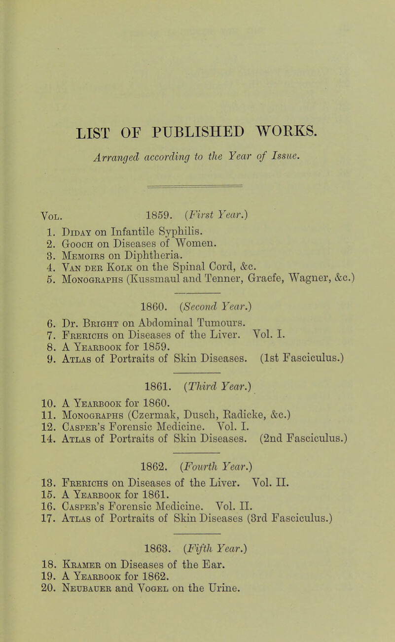 LIST OF PUBLISHED WORKS. Arranged according to the Year of Issue. VoL. 1859. {First Year.) 1. Diday on Infantile Syphilis. 2. Gooch on Diseases of Women. 3. Memoirs on Diphtheria. 4. Van der Kolk on the Spinal Cord, &c. 5. Monographs (Kiissmaul and Tenner, Graefe, Wagner, &c.) 1860. {Second Year.) 6. Dr. Bright on Abdominal Tumours. 7. Frerichs on Diseases of the Liver. Vol. I. 8. A Yearbook for 1859. 9. Atlas of Portraits of Skin Diseases. (1st Fasciculus.) 1861. {Third Year.) 10. A Yearbook for 1860. 11. Monographs (Czermak, Dusch, Eadicke, &c.) 12. Casper’s Forensic Medicine. Vol. I. 14. Atlas of Portraits of Skin Diseases. (2nd Fasciculus.) 1862. {Fourth Year.) 13. Frerichs on Diseases of the Liver. Vol. II. 15. A Yearbook for 1861. 16. Casper’s Forensic Medicine. Vol. II. 17. Atlas of Portraits of Skin Diseases (3rd Fasciculus.) 1863. {Fifth Year.) 18. Kramer on Diseases of the Ear. 19. A Yearbook for 1862. 20. Neubauer and Vogel on the Urme.
