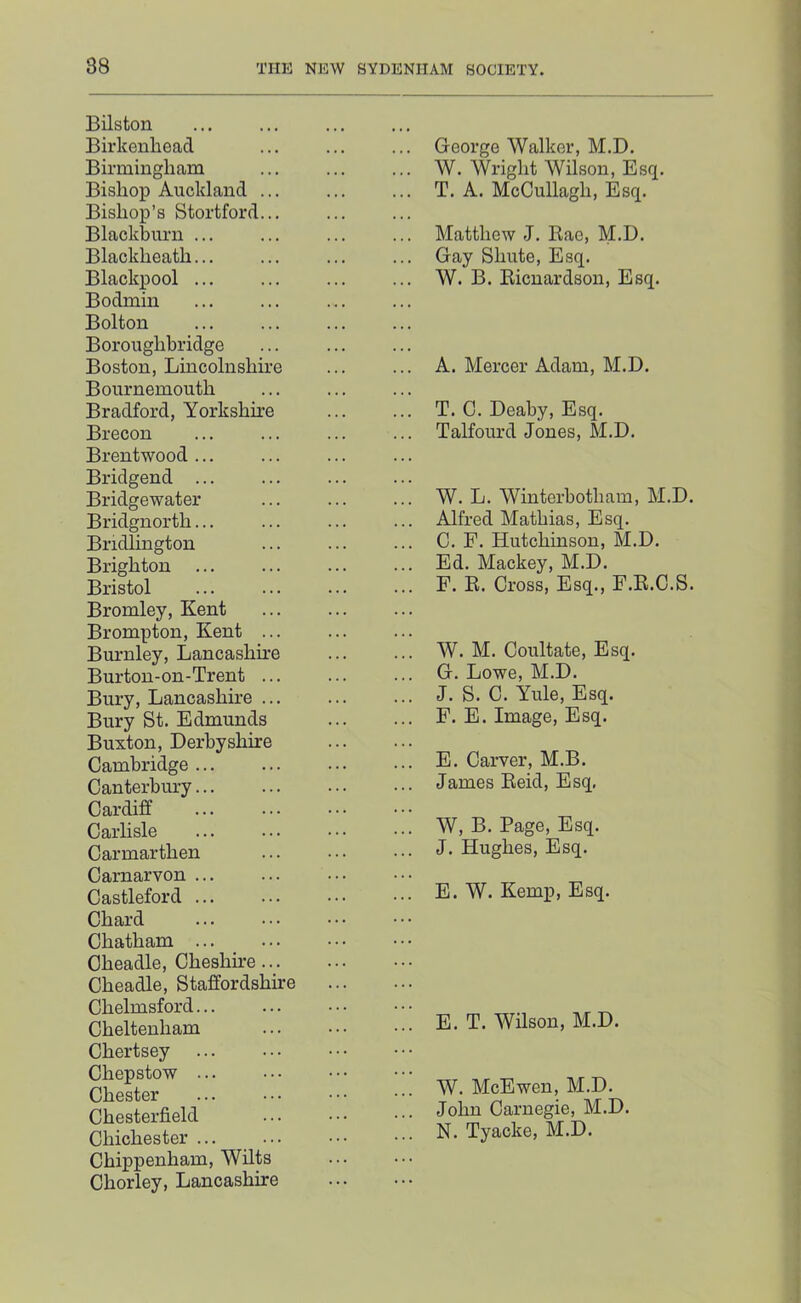 Bilston Birkenhead Birmingham Bishop Auckland ... Bishop’s Stortford... Blackburn ... Blackheath... Blackpool ... Bodmin Bolton Boroughbridge Boston, Lincolnshire Bournemouth Bradford, Yorkshire Brecon Brentwood ... Bridgend ... Bridgewater Bridgnorth... Bridlington Brighton Bristol Bromley, Kent Brompton, Kent ... Bm-nley, Lancashire Burton-on-Trent ... Bury, Lancashire ... Bury St. Edmunds Buxton, Derbyshire Cambridge ... Canterbury Cardiff Carlisle Carmarthen Carnarvon ... Castleford Chard Chatham ... Oheadle, Cheshire ... Cheadle, Staffordshire Chelmsford... Cheltenham Chertsey Chepstow ... Chester Chesterfield Chichester ... Chippenham, Wilts Chorley, Lancashire George Walker, M.D. W. Wright Wilson, Esq. T. A. McCullagh, Esq. Matthew J. Eae, M.D. Gay Shute, Esq. W. B. Eicnardson, Esq. A. Mercer Adam, M.D. T. C. Deaby, Esq. Talfoiu’d Jones, M.D. W. L. Winterbotham, M.D. Alfred Mathias, Esq. C. F. Hutchinson, M.D. Ed. Mackey, M.D. F. E. Cross, Esq., F.E.C.S. W. M. Coultate, Esq. G. Lowe, M.D. J. S. C. Yule, Esq. F. E. Image, Esq. E. Carver, M.B. James Eeid, Esq, W, B. Page, Esq. J. Hughes, Esq. E. W. Kemp, Esq. E. T. Wilson, M.D. W. McEwen, M.D. John Carnegie, M.D. N. Tyacke, M.D.