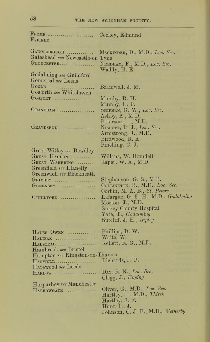 THE NEW SYDENHAM SOCIETY. Cockey, Edmund Fyfield Gainsborough Gateshead see Newcastle-on Gloucester Godaiming see Guildford Gomersal see Leeds Goole Gostortli see Whitehaven Gosport Grantham Gravesend Great Witley see Bewdley Great Haddon Great Wakering Greenfield see Llanelly Greenwich see Blackheath Grimsby Guernsey Guildford Mackinder, D,, M.D., Tmc. Sec. Tyne Needham, P., M.D., Loc: Sec. Waddy, H. E. Bramwell, J. M. Mumhy, E. H. Mumby, L. P. Shipman, G. W., Loc. Sec. Ashby, A., M.D. Paterson, —, M.D. Nisbett, E. J., Luc. Sec. Armstrong, J., M.D. Birdwood, E. A. Pinching, C. J. Wnians, W. Blundell Eaper, W. A., M.D. Stephenson, G. S., M.B. CoLLiNETTE, B., M.D., Loc. Sec. Corbin, M. A. B., St. Peters Lafargue, G. F. H., M.D., Godahnimj Morton, J., M.D. SuiTey County Hospital Yate, T., Godalmiwi Sutcliff, J. H., Rijjley Hales Owen Phillips, D. W. Halifax Waite, W. Halstead Kellett, E. G., M.D. Hambrook see Bristol Hampton see Kingston-on-Thames Hanwell Eichards, J. P. Harewood see Leeds Harlow Day, E. N., Loc. Sec. Clegg, J., Eppmg Hai’iiurhey see Manchester Harrowgate Oliver, G., M.D., Loc. Sec. Hartley, —, M.D., Thirsk Hartley, J. F. Hunt, H. J. Johnson, C. J. B., M.D., Wetherhy