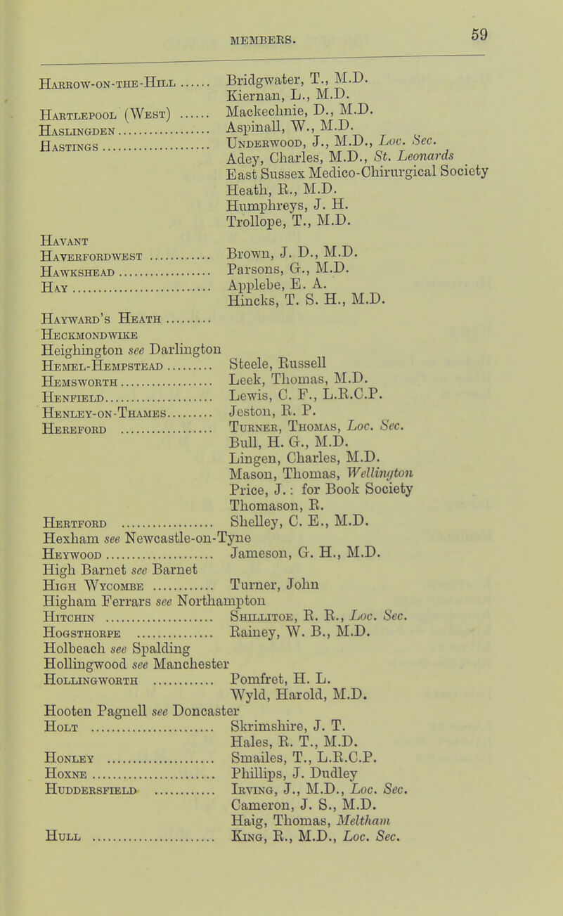 HjVKROW-ON-THE-HiLL Hartlepool (West) Haslingden Hastings Bridgwater, T., M.D. Kiernan, L., M.D. Mackecliuie, D., M.D. Asiiinall, W., M.D. Underwood, J., M.D., Lvc. Sec. Adey, Charles, M.D., St. Leonards East Sussex Medico-Chirurgical Society Heath, E., M.D. Humiihreys, J. H. Trollope, T., M.D. Havant Haverfordwest Hawkshead Hay Brown, J. D., M.D. Parsons, G., M.D. Applehe, E. A. Hincks, T. S. H., M.D. Hayward’s Heath Heckmondwike Heighington see Darlington Hemel-Hempstead Hemsworth Henfield Henley-on-Thames Hereford Steele, Eussell Leek, Thomas, M.D. Lewis, C. P’., L.E.C.P. Jeston, E. P. Turner, Thomas, Loc. Sec. Bull, H. G., M.D. Lingen, Charles, M.D. Mason, Thomas, Wellim/ton Price, J.: for Book Society Thomason, E. Hertford Shelley, C. E., M.D. Hexham see Newcastle-on-Tyne Heywood Jameson, G. H., M.D. High Barnet see Barnet High Wycombe Turner, John Higham Ferrars see Northampton Hitchin Shillitoe, E. E., Loc. Sec. Hogsthorpe Eainey, W. B., M.D. Holbeach see Spalding Hollingwood see Manchester Hollingworth Pomfret, H. L. Wyld, Harold, M.D. Hooten Pagnell see Doncaster Holt Skrimshire, J. T. Hales, E. T., M.D. IIoNLEY Smailes, T., L.E.C.P. Hoxne Philhps, J. Dudley Huddersfield Iraung, J., M.D., Loc. Sec. Cameron, J. S., M.D. Haig, Thomas, Meltham Hull IHng, E., M.D., Loc. Sec.
