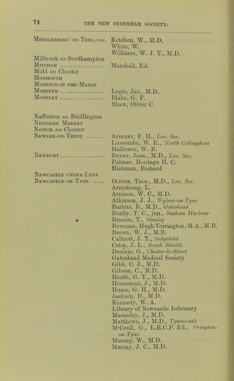 Middlesboko’-on-Teks, con. Milbrook see Southampton Mitcham Mold see Chester Monmouth Moketon-in the-Maksh Morpeth Moseley Ketchen, W., M.D. White, W. Williams, W. J. T., M.D. Marshall, Ed. Logie, Jas., M.D. Blake, G. F. Shaw, Oliver C. Nafferton see Bridlington Needham Market Neston see Chester Newark-on-Trent Newbury Newcastle-under-Lyne Newcastle-on-Tyne ... 9 Appleby, F. H., Log. Sec. Luscombe, AV. E., North CoUinijhani Hallowes, AV. B. Bunny, Josh., M.D., Log. Sec. Palmer, Montagu H. C. Hickman, Eichard Oliver, Thos., M.D., Log. Sec. Armstrong, L. Aruison, AV. C., M.D. Atkinson, J. J., Wylam-on-Tyne Barkiis, B., M.D., Gateshead Beatly, T. C., jun., Seaham Harbour Benson, T., Stanley Bowman, HugliTorrington, M.A., M.B. Brown, AV. J., M.B. Callcott, J. T., Sedyefidd Crisp, J. L., South Shields Downie, G., Chester-le-Street Gateshead Medical Society Gibb, C. J., M.D. Gibson, C., AI.D. Heath, G. Y., M.D. Houseman, J., M.D. Hume, G. H., M.D. Jackson, D., M.D. Kennedy, AV. A. Library of Newcastle Infirmary Macaulay, J., M.D. Matthews, J., M.D., Tynemouth M'Coull, G., L.E.C.P. Ed., Ovinytun- on-Tyne Murray, AV., M.D. Murray, J. C., M.D.