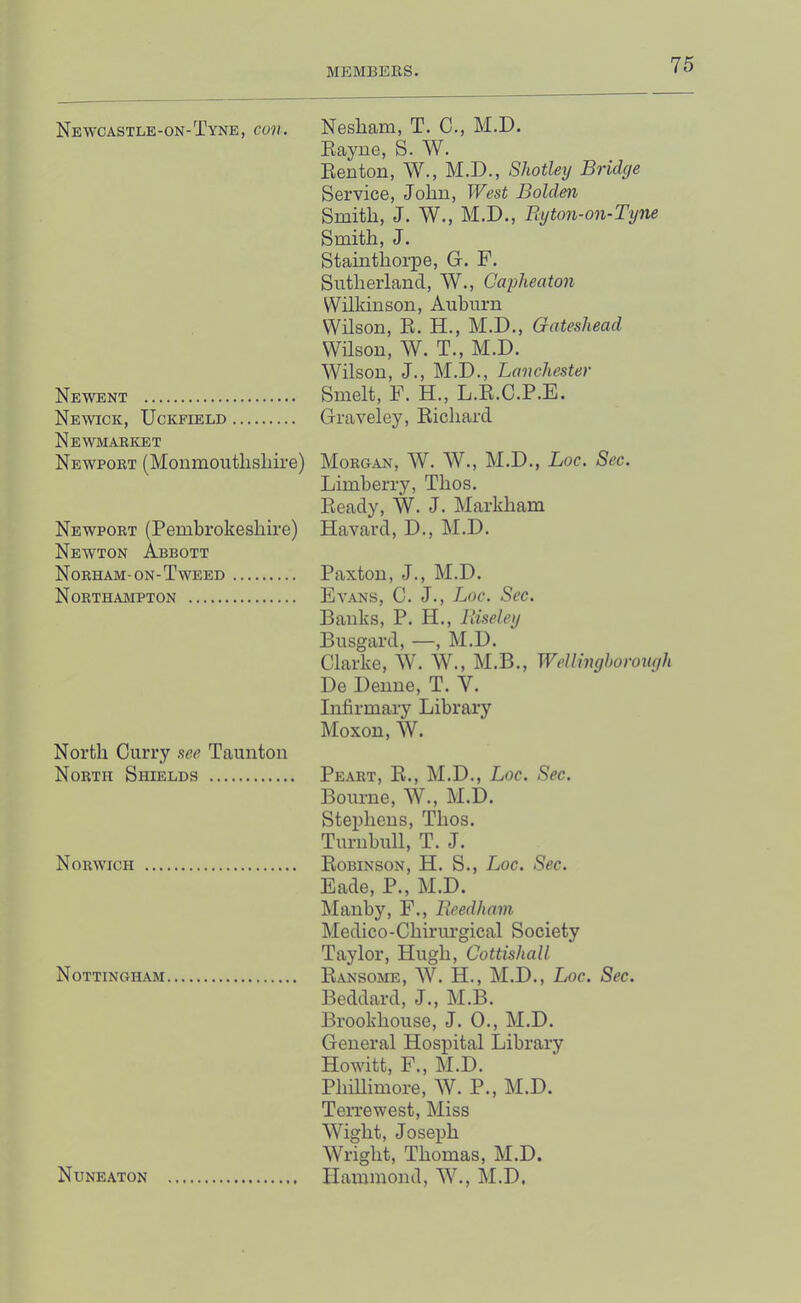 Newcastle-on-Tyne, cun. Newent Newick, Uckfield Newmarket Newport (Monmoutlisliire) Newport (Pembrokeshire) Newton Abbott Norham-ON-Tweed Northampton North Curry .see Taunton North Shields Norwich Nottingham Nuneaton Nesham, T. C., M.D. Eayne, S. W. Eenton, W., M.D., Shotley Bridge Service, John, West Bolden Smith, J. W., M.D., Byton-on-Tyne Smith, J. Stainthorpe, G. F. Sutherland, W., Cayheaton Wilkinson, Auburn Wilson, E. H., M.D., Gateshead Wilson, W. T., M.D. Wilson, J., M.D., Lanchester Smelt, F. H., L.E.C.P.E. Graveley, Eichard Morgan, W. W., M.D., Loc. Sec. Limberry, Thos. Eeady, W. J. Markham Havard, D., M.D. Paxton, J., M.D. Evans, C. J., Loc. Sec. Banks, P. H., Biseiey Busgard, —, M.D. Clarke, W. W., M.B., WcUinghorongh De Denne, T. V. Infirmary Library Moxon, W. Peart, E., M.D., Loc. Sec. Bourne, W., M.D. Stephens, Thos. Turnbull, T. J. Eobinson, H. S., Loc. Sec. Eade, P., M.D. Manby, F., Beedham Medico-Chiriu’gical Society Taylor, Hugh, Cottishall Eansome, W. H., M.D., Loc. Sec. Beddard, J., M.B. Brookhouse, J. 0., M.D. General Hospital Library Howitt, F., M.D. PhiUimore, W. P., M.D. Terrewest, Miss AVight, Joseph Wright, Thomas, M.D. Hammond, AV., M.D,