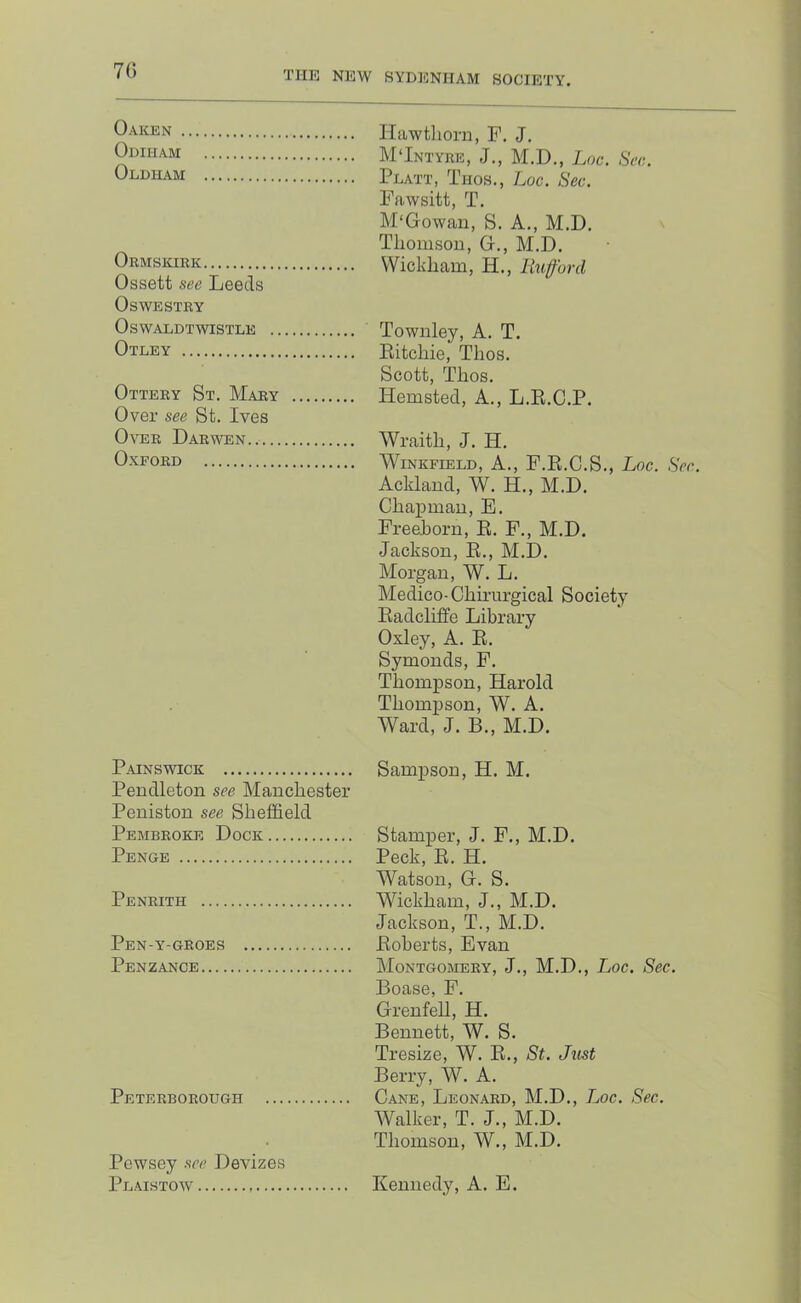 Hawthorn, F. J. M'Intyre, J., M.D., Loc. Sec. Oldham Platt, Thos., Loc. Sec. Fawsitt, T. M'Gowan, S. A., M.D. Thomson, O., M.D. Ormskikk Wickham, H., Ruff or d Ossett see Leeds Oswestry OswALDTwiSTLE Towiiley, A. T. Otley Eitchie, Thos. ’ Scott, Thos. Ottery St. Mary Hemsted, A., L.E.C.P. Over see St. Ives 0\T5R Darwen Wraith, J. H. Oxford Winkfield, A., F.E.C.S., Loc. See. Ackland, W. H., M.D. Chapman, E. Freehorn, E. F., M.D. Jackson, E., M.D. Morgan, W. L. Medico-Chirurgical Society Eadclrffe Library Oxley, A. E. Symonds, F. Thompson, Harold Thompson, W. A. Ward, J. B., M.D. Painswick Sampson, H. M. Pendleton see Manchester Peniston see Sheffield Pembroke Dock Stamper, J. F., M.D. Pence Peck, E. H. Watson, G. S. Penrith Wickham, J., M.D. Jackson, T., M.D. Pen-y-groes Eoberts, Evan Penzance Montgomery, J., M.D., Loc. Sec. Boase, F. Grenfell, H. Bennett, W. S. Tresize, W. E., St. Just Berry, W. A. Peterborough Cane, Leonard, M.D., Loc. Sec. Walker, T. J., M.D. Thomson, W., M.D. Pewsey .see Devizes Plaistow Kennedy, A. E.