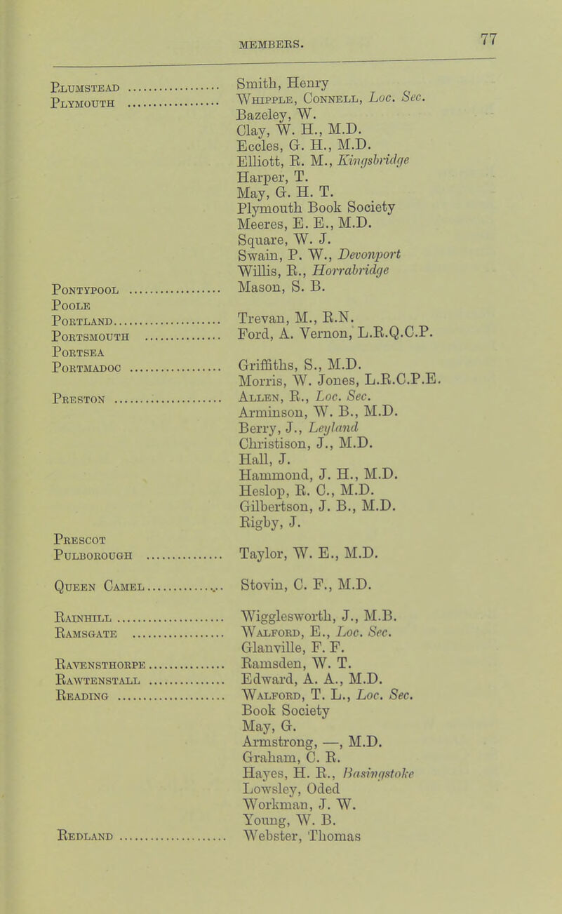 Elumstead Smith, Plenry Plymouth Whipple, Connell, Loc. Sec. Bazeley, W. Clay, W. H., M.D. Eccles, G. H., M.D. Elliott, R. M., Kivgshndfie Harper, T. May, G. H. T. Plymouth Book Society Meeres, E. E., M.D. Square, W. J. Swain, P. W., Devonport Willis, R., Hoirabndge PoNTYPOOL Mason, S. B. Poole PoKTLAND Trevan, M., R.N. Portsmouth Ford, A. Vernon, L.R.Q.C.P. Portsea PoRTMADOC Griffiths, S., M.D. Morris, W. Jones, L.R.C.P.E. Preston Allen, R., Loc. Sec. Arminson, W. B., M.D. Berry, J., Leyland Christison, J., M.D. Hall, J. Hammond, J. H., M.D. Heslop, R. C., M.D. Gilbertson, J. B., M.D. Righy, J. Prescot PuLBOROUGH Taylor, W. E., M.D. Queen Camel Rainhill Wigglesworth, J., M.B. Ramsgate Glanville, F. F. Ravensthorpe RaWTEN STALL Reading Book Society May, G. Armstrong, —, M.D. Graham, C. R. Hayes, H. R., Bamiriatohe Lowsley, Oded Workman, J. W. Young, W. B. Redland Webster, Thomas