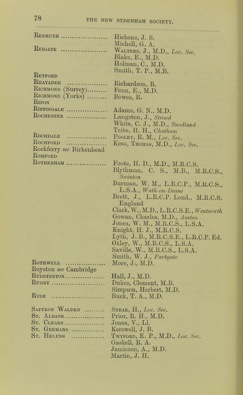 Redruth Reigate Retford Rhayader Richmond (Surrey) Richmond (Yorks) Ripon Rippingale Rochester Rochdale Rochford Rockferry see Bii’keuliead Romford Rotherham Rothwell Royston see Cambridge Ruddington Rugby Ryde Hiclieus, J. S. Micliell, G, A. Walters, J., M.D., hoc. Sec. Blake, E., M.D. liolman, C., M.D. Smith, T. P., M.B. Richardson, R. Fenn, E., M.D. Bowes, R. Adams, G. N., M.D. Langston, J., Strood White, C. J., M.D., Snodland Tribe, H. H., Chatham PooLEY, R. M., Loc. Sec. Xing, Thomas, M.D., L,oc. Sec. Foote, H. D., M.D., M.R.C.S. Blythman, C. S., M.B., M.R.C.S., Sirinton Burman, W. M., L.R.C.P., M.R.C.S., L.S.A., Wath-on-Deane Brett, J., L.R.C.P. Bond., M.R.C.S. England Clark, W., M.D., L.R.C.S.E., Wentworth Gowan, Charles, M.D., Auston Jones, W. M., M.R.C.S., L.S.A. Knight, H. J., M.R.C.S. Lyth, J. B., M.R.C.S.E., L.R.C.P. Ed. Oxley, W., M.R.C.S., L.S.A. Saville, W., M.R.C.S., L.S.A. Smith, W. J., Park(/ate More, J.-, M.D. HaU, J., M.D. Dukes, Clement, M.B. Simpson, Herbert, M.D. Buck, T. A., M.D. Saffron Walden Stear, H., Luc. Sec. St. Albans Prior, R. H., M.D. St. Clears Jones, V., LI. St. Germans Kerswell, J. B. St. Helens Twyford, E. P., M.D., Loc. Sec. Gaskell, R. A. Jamieson, A., M.D. Martin, J. H.
