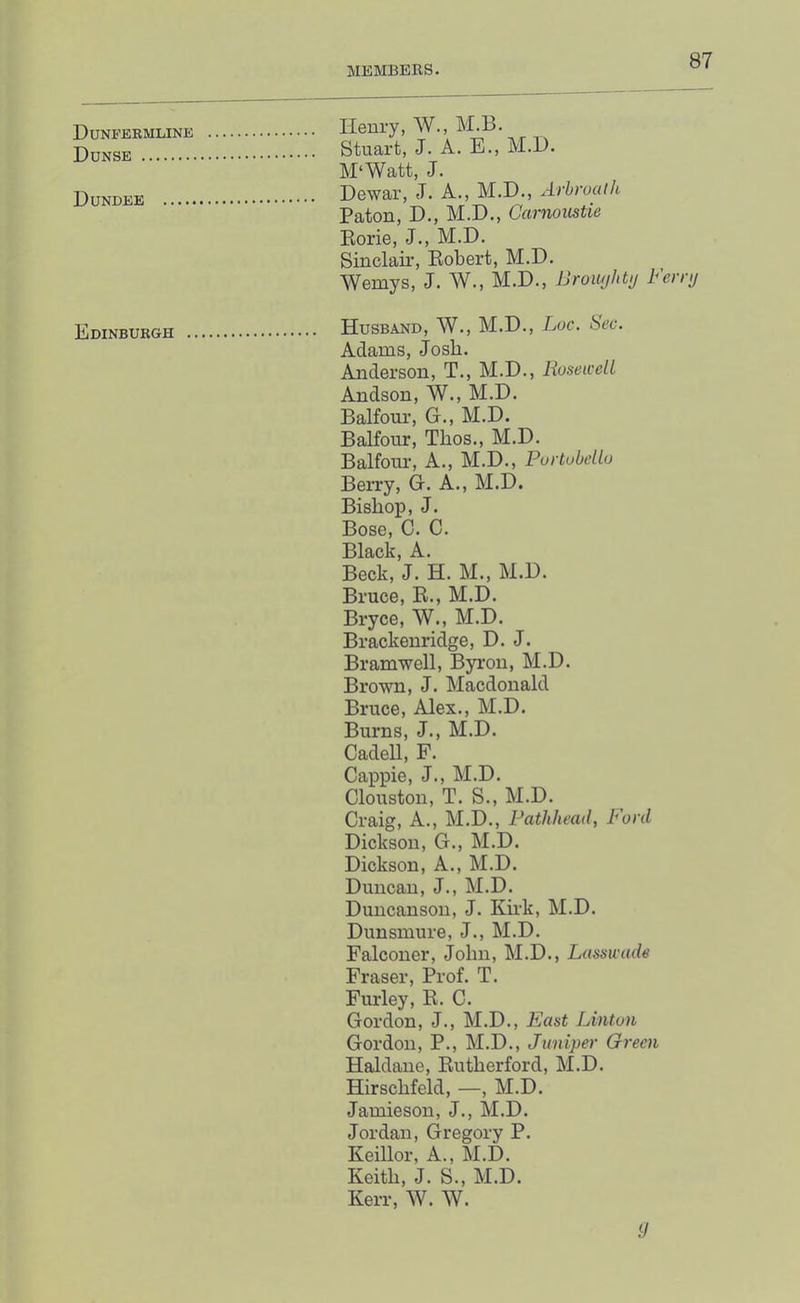 Dunfermline Dunse Dundee Edinburgh Ileury, W., M.B. Stuart, J. A. E., M.D. M‘Watt, J. Dewar, J. A., M.D., Arbroath Paton, D., M.D., Carnoustie Eorie, J., M.D. Sinclair, Eobert, M.D. Wemys, J. W., M.D., Broiujhti) Ferry Husband, W., M.D., Loc. Sec. Adams, Josh. Anderson, T., M.D., RoseiceU Andson, W., M.D. Balfour, G., M.D. Balfour, Thos., M.D. Balfour, A., M.D., Portobcllo Berry, G. A., M.D. Bishop, J. Bose, C. C. Black, A. Beck, J. H. M., M.D. Bruce, E., M.D. Bryce, W., M.D. Brackenridge, D. J. Bramwell, Byron, M.D. Brown, J. Macdonald Bruce, Alex., M.D. Burns, J., M.D. Cadell, F. Cappie, J., M.D. Clouston, T. S., M.D. Craig, A., M.D., Fathhead, Ford Dickson, G., M.D. Dickson, A., M.D. Duncan, J., M.D. Duncanson, J. Kirk, M.D. Dunsniure, J., M.D. Falconer, John, M.D., Lassivade Fraser, Prof. T. Furley, E. C. Gordon, J., M.D., East Linton Gordon, P., M.D., Juniper Green Haldane, Eutherford, M.D. Hirschfeld, —, M.D. Jamieson, J., M.D. Jordan, Gregory P. Keillor, A., M.D. Keith, J. S., M.D. Kerr, W. W. 9