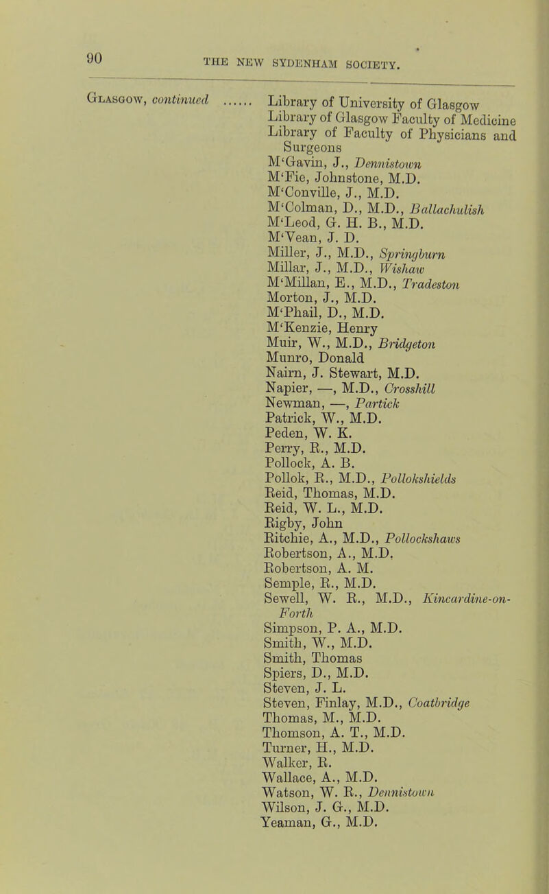 00 THE NEW SYDENHAM SOCIETY. Glasgow, continued Library of University of Glasgow Library of Glasgow Faculty of Medicine Library of Faculty of Physicians and Surgeons M‘Gavin, J., Dennutown M'Fie, Johnstone, M.D. M'Conville, J., M.D. M'Colman, D., M.D., Ballachulish M'Leod, G. H. B., M.D. M‘Vean, J. D. Miller, J., M.D., Spnnghurn Millar, J., M.D., Wishatv M'Millan, E., M.D., Tradeston Morton, J., M.D. M‘Phail, D., M.D. M'Kenzie, Henry Muir, W., M.D., Bndgeton Munro, Donald Naim, J. Stewart, M.D. Napier, —, M.D., Crosshill Newman, —, Partick Patrick, W., M.D. Peden, W. K. Perry, E., M.D. Pollock, A. B. Pollok, E., M.D., Pollokshields Eeid, Thomas, M.D. Eeid, W. L., M.D. Eigby, John Eitchie, A., M.D., Pollockshaws Eobertson, A., M.D, Eobertson, A. M. Semple, E., M.D. Sewell, W. E., M.D., Kincardine-on- Forth Simpson, P. A., M.D. Smith, W., M.D. Smith, Thomas Spiers, D., M.D. Steven, J. L. Steven, Finlay, M.D., Coatbridge Thomas, M., M.D. Thomson, A. T., M.D. Turner, H., M.D. Walker, E. Wallace, A., M.D. Watson, W. E., Demmtown Wilson, J. G., M.D. Yeaman, G., M.D.