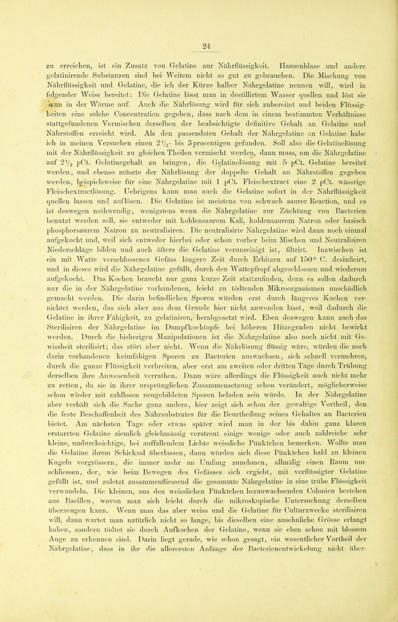 zu erreichen, ist ein Zusatz von Gelatine zur Nährflüssigkeit. Hausenblase und andere gelatinirende Substanzen sind bei Weitem nicht so gut zu gebrauchen. Die Mischung von Nährflüssigkeit und Gelatine, die ich der Kürze halber Nährgelatine nennen will, wird in folgender Weise bereitet: Die Gelatine lässt man in destillirtem Wasser quellen und löst sie rann in der Wärme auf. Auch die Nährlösung wird für sich zubereitet und beiden Flüssig- keiten eine solche Concentration gegeben, dass nach dem in einem bestimmten Verhältnisse stattgefundenen Vermischen derselben der beabsichtigte definitive Gehalt an Gelatine und Nährstoffen erreicht wird. Als den passendsten Gehalt der Nährgelatine an Gelatine habe ich in meinen Versuchen einen 2y2- bis 3procentigen gefunden. Soll also die Gelatinelösung mit der Nährflüssigkeit zu gleichen Theilen vermischt werden, dann muss, um die Nährgelatine auf 2ya pCt. Gelatinegehalt zu bringen, die Gelatinelösung mit 5 pCt. Gelatine bereitet werden, und ebenso müsste der Nährlösung der doppelte Gehalt an Nährstoffen gegeben werden, beispielsweise für eine Nährgelatine mit 1 pCt. Fleischextract eine 2 pCt. wässrige Fleischextractlösung. Uebrigens kann man auch die Gelatine sofort in der Nährflüssigkeit quellen lassen und auf lösen. Die Gelatine ist meistens von schwach saurer Reaction, und es ist deswegen nothwendig, wenigstens wenn die Nährgelatine zur Züchtung von Bacterien benutzt werden soll, sie entweder mit kohlensaurem Kali, kohlensaurem Natron oder basisch phosphorsaurem Natron zu neutralisiren. Die neutralisirte Nährgelatine wird dann noch einmal aufgekocht und, weil sich entweder hierbei oder schon vorher beim Mischen und Neutralisiren Niederschläge bilden und auch öfters die Gelatine verunreinigt ist, filtrirt. Inzwischen ist ein mit Watte verschlossenes Gefäss längere Zeit durch Erhitzen auf 150° C. desinficirt, und in dieses wird die Nährgelatine gefüllt, durch den Wattepfropf abgeschlossen und wiederum aufgekocht. Das Kochen braucht nur ganz kurze Zeit stattzufinden, denn es sollen dadurch nur die in der Nährgelatine vorhandenen, leicht zu tödtenden Mikroorganismen unschädlich gemacht werden. Die darin befindlichen Sporen würden erst durch längeres Kochen ver- nichtet werden, das sich aber aus dem Grunde hier nicht anwenden lässt, weil dadurch die Gelatine in ihrer Fähigkeit, zu gelatiniren, herabgesetzt wird. Eben deswegen kann auch das Sterilisiren der Nährgelatine im Dampfkochtopfe bei höheren Hitzegraden nicht bewirkt werden. Durch die bisherigen Manipulationen ist die Nährgelatine also noch nicht mit Ge- wissheit sterilisirt; das stört aber nicht. Wenn die Nährlösung flüssig wäre, würden die noch darin vorhandenen keimfähigen Sporen zu Bacterien auswachsen, sich schnell vermehren, durch die ganze Flüssigkeit verbreiten, aber erst am zweiten oder dritten Tage durch Trübung derselben ihre Anwesenheit verratlien. Dann wäre allerdings die Flüssigkeit auch nicht mehr zu retten, da sie in ihrer ursprünglichen Zusammensetzung schon verändert, möglicherweise schon wieder mit zahllosen neugebildeten Sporen beladen sein würde. In der Nährgelatine aber verhält sich die Sache ganz anders, hier zeigt sich schon der gewaltige Vortheil, den die feste Beschaffenheit des Nährsubstrates für die Beurtlieilung seines Gehaltes an Bacterien bietet. Am nächsten Tage oder etwas später wird man in der bis dahin ganz klaren erstarrten Gelatine ziemlich gleichmässig verstreut einige wenige oder auch zahlreiche sein- kleine, undurchsichtige, bei auffallendem Lichte weissliche Pünktchen bemerken. Wollte man die Gelatine ihrem Schicksal überlassen, dann würden sich diese Pünktchen bald zu kleinen Kugeln vergrössern, die immer mehr an Umfang zunehmen, allmälig einen Raum urn- schliessen, der, wie beim Bewegen des Gefässes sich ergiebt, mit verflüssigter Gelatine gefüllt ist, und zuletzt zusammenfliessend die gesammte Nährgelatine in eine trübe Flüssigkeit verwandeln. Die kleinen, aus den weisslichen Pünktchen lieranwachsenden Colonien bestehen aus Bacillen, wovon man sich leicht durch die mikroskopische Untersuchung derselben überzeugen kann. Wenn man das aber weiss und die Gelatine für Culturzwecke sterilisiren will, dann wartet man natürlich nicht so lange, bis dieselben eine ansehnliche Grösse erlangt haben, sondern tödtet sie durch Aufkochen der Gelatine, wenn sie eben schon mit blossem Auge zu erkennen sind. Darin liegt gerade, wie schon gesagt, ein wesentlicher Vortheil der Nährgelatine, dass in ihr die allerersten Anfänge der Bacterienentwickelung nicht über-