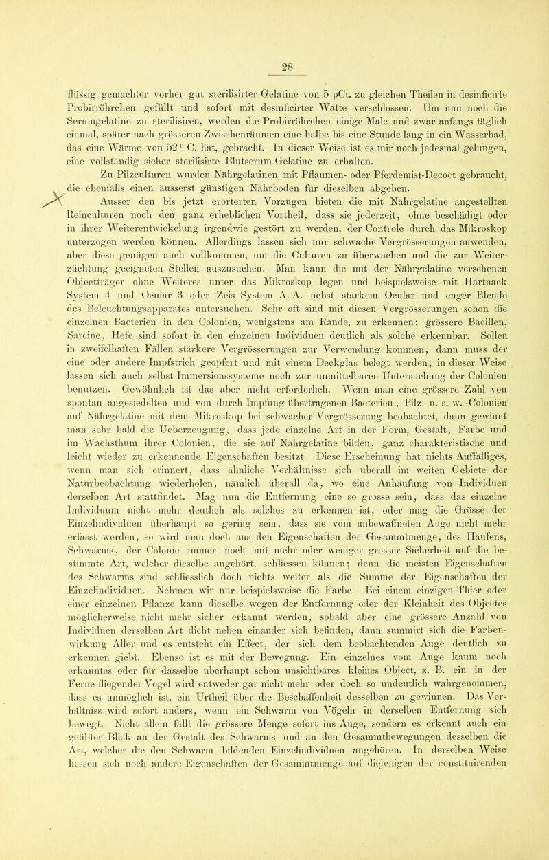 A flüssig gemachter vorher gut sterilisirter Gelatine von 5 pCt. zu gleichen Theilen in desinficirte Prohirröhrchen gefüllt und sofort mit desinficirter Watte verschlossen. Um nun noch die Serumgelatine zu sterilisiren, werden die Prohirröhrchen einige Male und zwar anfangs täglich einmal, später nach grösseren Zwischenräumen eine halbe bis eine Stunde lang in ein Wasserbad, das eine Wärme von 52° C. hat, gebracht. In dieser Weise ist es mir noch jedesmal gelungen, eine vollständig sicher sterilisirte Blutserum-Gelatine zu erhalten. Zu Pilzculturen wurden Nährgelatinen mit Pflaumen- oder Pferdemist-Decoct gebraucht, die ebenfalls einen äusserst günstigen Nährboden für dieselben abgeben. Ausser den bis jetzt erörterten Vorzügen bieten die mit Nährgelatine angestellten Reineulturen noch den ganz erheblichen Vortheil, dass sie jederzeit, ohne beschädigt oder in ihrer Weiterentwickelung irgendwie gestört zu werden, der Controle durch das Mikroskop unterzogen werden können. Allerdings lassen sich nur schwache Vergrösserungen anwenden, aber diese genügen auch vollkommen, um die Culturen zu überwachen und die zur Weiter- züchtung geeigneten Stellen auszusuchen. Man kann die mit der Nährgelatine versehenen Objectträger ohne Weiteres unter das Mikroskop legen und beispielsweise mit Hartnack System 4 und Ocular 3 oder Zeis System A. A. nebst starkem Ocular und enger Blende des Beleuchtungsapparates untersuchen. Sehr oft sind mit diesen Vergrösserungen schon die einzelnen Bacterien in den Colonien, wenigstens am Rande, zu erkennen; grössere Bacillen, Sarcine, Hefe sind sofort in den einzelnen Individuen deutlich als solche erkennbar. Sollen in zweifelhaften Fällen stärkere Vergrösserungen zur Verwendung kommen, dann muss der eine oder andere Impfstrich geopfert und mit einem Deckglas belegt werden; in dieser Weise lassen sich auch selbst Immersionssysteme noch zur unmittelbaren Untersuchung der Colonien benutzen. Gewöhnlich ist das aber nicht erforderlich. Wenn man eine grössere Zahl von spontan angesiedelten und von durch Impfung übertragenen Bacterien-, Pilz- u. s. w.-Colonien auf Nährgelatine mit dem Mikroskop bei schwacher Vergrösserung beobachtet, dann gewinnt man sehr bald die Ueberzeugung, dass jede einzelne Art in der Form, Gestalt, Farbe und im Wachsthum ihrer Colonien, die sie auf Nährgelatine bilden, ganz charakteristische und leicht wieder zu erkennende Eigenschaften besitzt. Diese Erscheinung hat nichts Auffälliges, wenn man sich erinnert, dass ähnliche Verhältnisse sich überall im weiten Gebiete der Naturbeobachtung wiederholen, nämlich überall da, wo eine Anhäufung von Individuen derselben Art stattfindet. Mag nun die Entfernung eine so grosse sein, dass das einzelne Individuum nicht mehr deutlich als solches zu erkennen ist, oder mag die Grösse der Einzelindividuen überhaupt so gering sein, dass sie vom unbewaffneten Auge nicht mehr erfasst werden, so wird man doch aus den Eigenschaften der Gesammtmenge, des Haufens, Schwarms, der Colonie immer noch mit mehr oder weniger grosser Sicherheit auf die be- stimmte Art, welcher dieselbe angehört, sehliessen können; denn die meisten Eigenschaften des Schwarms sind schliesslich doch nichts weiter als die Summe der Eigenschaften der Einzelindividuen. Nehmen wir nur beispielsweise die Farbe. Bei einem einzigen Thier oder einer einzelnen Pflanze kann dieselbe wegen der Entfernung oder der Kleinheit des Objectes möglicherweise nicht mehr sicher erkannt werden, sobald aber eine grössere Anzahl von Individuen derselben Art dicht neben einander sich befinden, dann summirt sich die Farben- wirkung Aller und es entsteht ein Effect, der sich dem beobachtenden Auge deutlich zu erkennen giebt. Ebenso ist es mit der Bewegung. Ein einzelnes vom Auge kaum noch erkanntes oder für dasselbe überhaupt schon unsichtbares kleines Object, z. B. ein in der Ferne fliegender Vogel wird entweder gar nicht mehr oder doch so undeutlich wahrgenommen, dass es unmöglich ist, ein Urtheil über die Beschaffenheit desselben zn gewinnen. Das Ver- liältniss wird sofort anders, wenn ein Schwarm von Vögeln in derselben Entfernung sich bewegt. Nicht allein fällt die grössere Menge sofort ins Auge, sondern es erkennt auch ein geübter Blick an der Gestalt des Schwarms und an den Gesammtbewegungen desselben die Art, welcher die den Schwarm bildenden Einzelindividuen angehören. In derselben Weise Hessen sich noch andere Eigenschaften der Gesammtmenge auf diejenigen der constituirenden