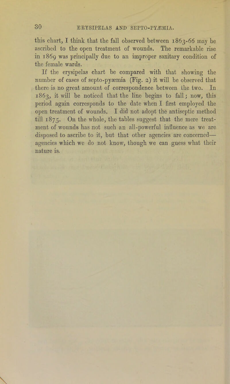 ERYSIPELAS AND SEPTO-PY2EMIA. this chart, I think that the fall observed between 1863-66 may be ascribed to the open treatment of wounds. The remarkable rise in 1869 was principally due to an improper sanitary condition of the female wards. If the erysipelas chart he compared with that showing the number of cases of septo-pyaemia (Fig. 2) it will be observed that there is no great amount of correspondence between the two. In 1863, it will be noticed that the line begins to fall; now, this period again corresponds to the date when I first employed the open treatment of wounds. I did not adopt the antiseptic method till 1875. On the whole, the tables suggest that the mere treat- ment of wounds has not such an all-powerful influence as we are disposed to ascribe to it, but that other agencies are concerned— agencies which we do not know, though we can guess what their nature is.