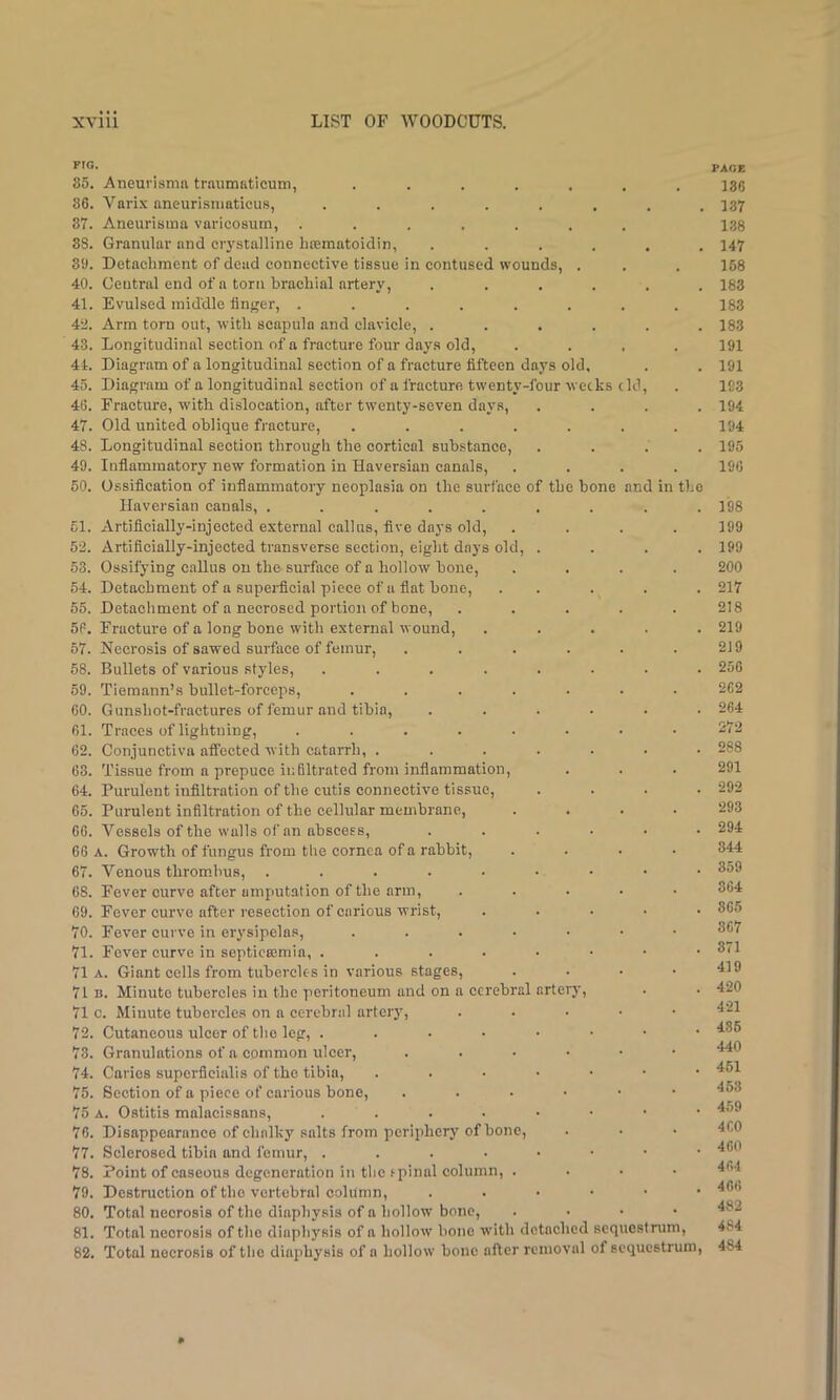 FIG. 85. Aneurisma traumaticum, ....... 86. Vnri.x aneurisniaticus, ........ 87. Aneuriama varicosum, ....... 88. Granular and crystalline lucmatoidin, ...... 89. Detachment of dead connective tissue in contused wounds, . 40. Central end of a torn brachial artery, ...... 41. Evulsed middle flnfjer, ........ 42. Arm torn out, with scapula and clavicle, ...... 43. Longitudinal section of a fracture four days old, .... 44. Diagram of a longitudinal section of a fracture fifteen days old, 45. Diagram of a longitudinal section of a fracture twenty-four weeks eld, 46. Fracture, with dislocation, after twenty-seven days, .... 47. Old united oblique fracture, ....... 48. Longitudinal section through the cortical substance, . . . . 49. Inflammatory new formation in Haversian canals, .... 50. Ossifleation of inflammatory neoplasia on the surface of the bone and in the Haversian canals, ......... 61. Artificially-injected external callus, flve days old, .... 52. Artificially-injected transverse section, eight days old, . . . . 53. Ossifying callus on the surface of a hollow bone, .... 54. Detachment of a Rupei'ficial piece of a flat bone, . . . . . 55. Detachment of a necrosed portion of bone, ..... 5P. Fracture of a long bone with external wound, ..... 57. Necrosis of sawed surface of femur, ...... 58. Bullets of various styles, ........ 59. Tieraann’s bullet-forceps, ....... 60. Gunshot-fractures of femur and tibia, ...... 61. Traces of lightning, ........ 62. Conjunctiva affected with catarrh, ....... 63. Tissue from a prepuce infiltrated from inflammation, 64. Purulent infiltration of the cutis connective tissue, . . . . 65. Purulent infiltration of the cellular membrane, .... 66. Vessels of the walls of an abscess, ...... 66 A. Growth of fungus from the cornea of a rabbit, .... 67. Venous thrombus, ......... 68. Fever curve after amputation of the arm, ..... 69. Fever curve after resection of carious wrist, . . . . . 70. Fever curve in erysipelas, ....... 71. Fever curve in septicaemia, ......•• 71 A. Giant cells from tubercles in various stages, .... 71 B. Minute tubercles in the peritoneum and on a cerebral artery, 71 c. Minute tubercles on a cerebral artciy, ..... 72. Cutaneous ulcer of the leg, ......•■ 73. Granulations of a common ulcer, ....•• 74. Caries superficial! s of the tibia, 75. Section of a piece of carious bone, ....•■ 75 A. Ostitis malacissans, ......■• 76. Disappearance of chalky salts from peripherj’’of bone, 77. Sclerosed tibia and femur, ....•••• 78. Point of caseous degeneration in the rpinal column, .... 79. Destruction of the vertebral column, ...••• 80. Total necrosis of the diaphysis of a hollow bone, .... 81. Total necrosis of the diaphysis of a hollow bone with detached sequestrum, 82. Total necrosis of tlie diaphysis of a hollow bone after removal of sequestrum. PAGE 136 137 1.38 147 158 183 183 183 191 191 193 194 194 195 196 198 199 199 200 217 218 219 2J9 256 262 264 272 288 291 292 293 294 344 359 864 865 367 371 419 420 421 485 440 451 453 459 460 460 464 466 482 484 484