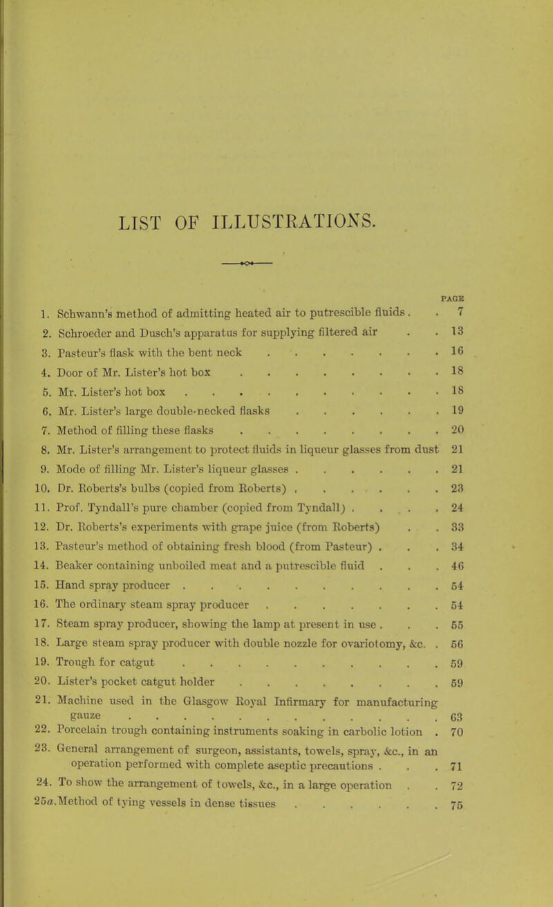 LIST OF ILLUSTRATIONS. -*o PAGE 1. Schwann’s method of admitting heated air to putrescible fluids . . 7 2. Schroeder and Dusch’s apparatus for supplying filtered air . .13 3. Pasteur’s flask with the bent neck . . . . . . .16 4. Door of Mr. Lister’s hot box 18 6. Mr. Lister’s hot box 18 6. Mr. Lister’s large double-necked flasks 19 7. Method of filling these flasks ........ 20 8. Mr. Lister’s arrangement to protect fluids in liqueur glasses from dust 21 9. Mode of filling Mr. Lister’s liqueur glasses 21 10. Dr. Roberts’s bulbs (copied from Roberts) 23 11. Prof. Tyndall’s pure chamber (copied from Tyndall) . . . .24 12. Dr. Roberts’s experiments with grape juice (from Roberts) . . 33 13. Pasteur’s method of obtaining fresh blood (from Pasteur) . . .34 14. Beaker containing unboiled meat and a putrescible fluid . . .46 15. Hand spray producer 54 16. The ordinary steam spray producer 54 17. Steam spray producer, showing the lamp at present in use . . . 55 18. Large steam spray producer with double nozzle for ovariotomy, &c. . 56 19. Trough for catgut 59 20. Lister’s pocket catgut holder 59 21. Machine used in the Glasgow Royal Infirmary for manufacturing gauze 63 22. Porcelain trough containing instruments soaking in carbolic lotion . 70 23. General arrangement of surgeon, assistants, towels, spray, &c., in an operation performed with complete aseptic precautions . . .71 24. To show the arrangement of towels, &c., in a large operation . . 72 25«..Method of tying vessels in dense tissues ...... 75