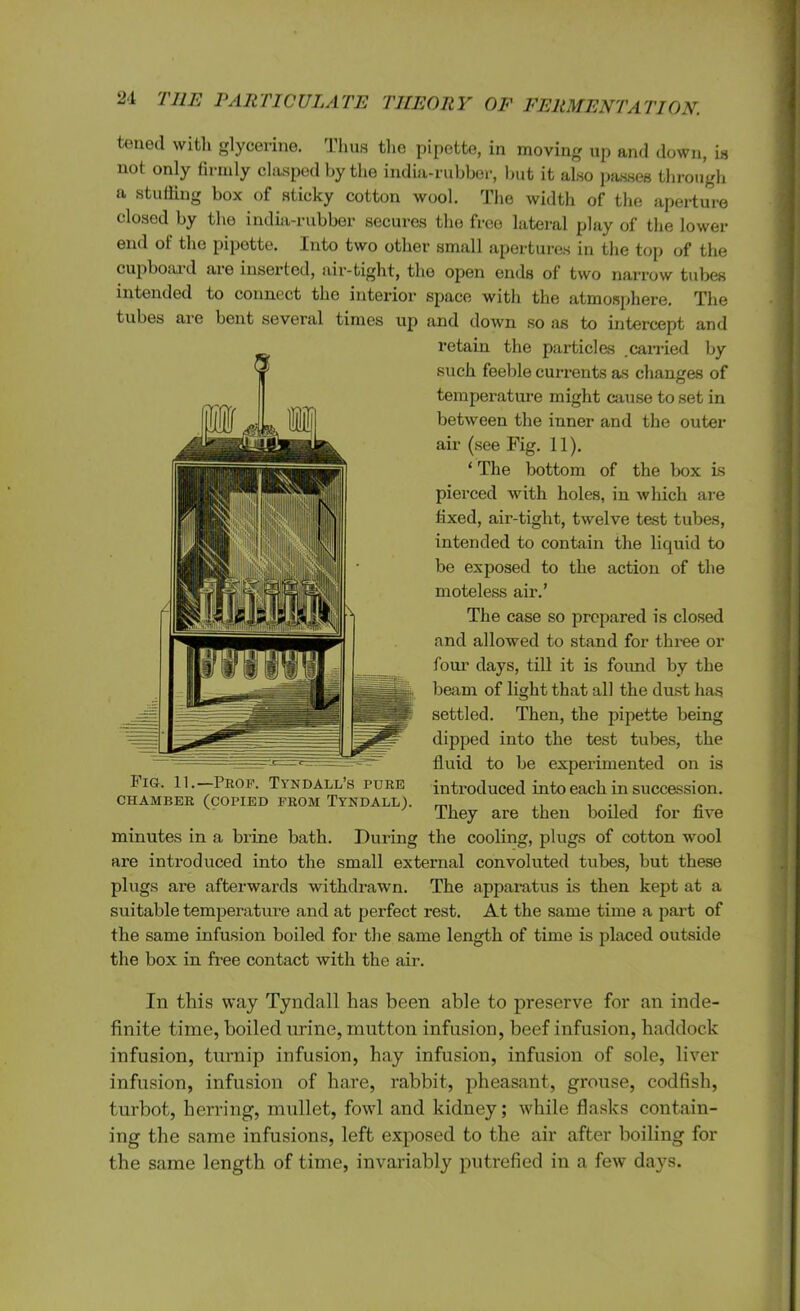 THEORY OF FERMENTATION. tened with glycerine. Thus the pipette, in moving up and down, is not only firmly clasped by the india-rubber, but it also passes through a stuffing box of sticky cotton wool. The width of the aperture closed by the india-rubber secures the free lateral play of the lower end of the pipette. Into two other small apertures in the top of the cupboard are inserted, air-tight, the open ends of two narrow tubes intended to connect the interior space with the atmosphere. The tubes are bent several times up and down so as to intercept and retain the particles carried by such feeble currents as changes of temperature might cause to set in between the inner and the outer air (see Fig. 11). ‘ The bottom of the box Is pierced with holes, in which are fixed, air-tight, twelve test tubes, intended to contain the liquid to be exposed to the action of the moteless air.’ The case so prepared is closed and allowed to stand for three or four days, till it is found by the beam of light that all the dust hag settled. Then, the pipette being dipped into the test tubes, the fluid to be experimented on is Fig. 11.—Prof. Tyndall’s pure introduced into each in succession. CHAMBER (COPIED FROM TYNDALL). ml „ They are then boiled lor five minutes in a brine bath. During the cooling, plugs of cotton wool are introduced into the small external convoluted tubes, but these plugs are afterwards withdrawn. The apparatus is then kept at a suitable temperature and at perfect rest. At the same time a part of the same infusion boiled for the same length of time is placed outside the box in free contact with the air. In this way Tyndall has been able to preserve for an inde- finite time, boiled urine, mutton infusion, beef infusion, haddock infusion, turnip infusion, hay infusion, infusion of sole, liver infusion, infusion of hare, rabbit, pheasant, grouse, codfish, turbot, herring, mullet, fowl and kidney; while flasks contain- ing the same infusions, left exposed to the air after boiling for the same length of time, invariably putrefied in a few days.