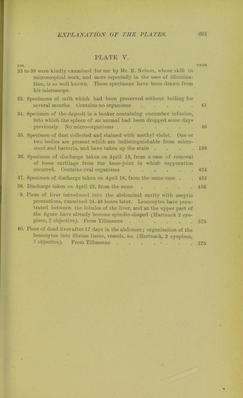 PLATE Y. FIG. 33 to 38 were kindly examined for me by Mr. B. Nelson, whose skill in microscopical work, and more especially in the uses of illumina- tion, is so well known. These specimens have been drawn from his microscope. 33. Specimens of milk which had been preserved without boiling for several months. Contains no organisms 34. Specimen of the deposit in a beaker containing cucumber infusion, into which the spleen of an animal had been dropped some days previously. No micro-organisms 35. Specimen of dust collected and stained with methyl violet. One or two bodies are present which are indistinguishable from micro- cocci and bacteria, and have taken up the stain .... 36. Specimen of discharge taken on April 13, from a case of removal of loose cartilage from the knee-joint in which suppuration occurred. Contains oval organisms 37. Specimen of discharge taken on April 18, from the same case . 38. Discharge taken on April 22, from the same 9. Piece of liver introduced into the abdominal cavity with aseptic precautions, examined 24-48 hours later. Leucocytes have pene- trated between the lobules of the liver, and at the upper part of the figure have already become spindle-shaped (Hartnack 2 eye- piece, 7 objective). From Tillmauns 40. Piece of dead liver after 17 days in the abdomen; organisation of the leucocytes into fibrous tissue, vessels, >kc. (Hartnack, 2 eyepiece, 7 objective). From Tillmanns . . . . • . CAGE 41 46 198 454 455 456 575 575
