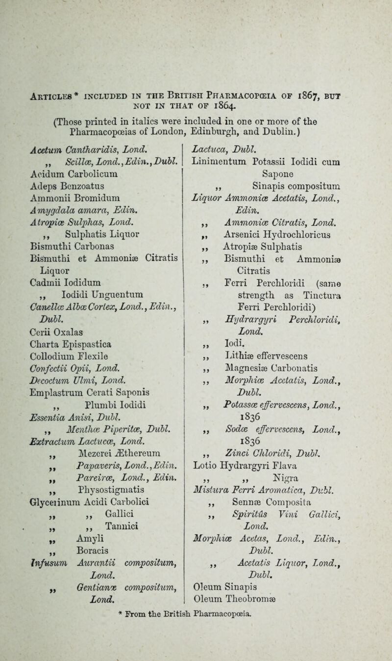 Articles* included in the British Pharmacopeia of 1867, but NOT IN THAT OF 1864. (Those printed in italics were included in one or more of the Pharmacopoeias of London, Edinburgh, and Dublin.) Acetum Cantharidis, Lond. ,, Scillce, Lond., Edin., Buhl. Acidum Carbolicum Adeps Benzoatus Ammonii Bromidum Amygdala amara, Edin. A tropics Sulphas, Lond. ,, Sulphatis Liquor Bismuthi Carbonas Bismuthi et Ammoniae Citratis Liquor Cadinii Iodidum „ Iodidi Unguentum Canellcc Albas, Cortex, Lond., Edin., Dull. Cerii Oxalas Charta Epispastica Collodium Flexile Covfectii Opii, Lond. Decoctum Ulmi, Lond. Emplastrum Cerati Saponis ,, Plumbi Iodidi Essentia Anisi, Buhl. ,, Menthae Piperitce, Dull. Extractum Lactucoe, Lond. ,, Mezerei iEthereum ,, Papaveris, Lond., Edin. ,, Pareirce, Lond., Edin. ,, Physostigmatis Glyceiinum Acidi Carbolici „ ,, Gallici „ ,, Tannici „ Amyli ,, Boracis Infusum Aurantii compositum, Lond. ,, Qentianx compositum, Lond. Lactuca, Duhl. Linimentum Potassii Iodidi cum Sapone ,, Sinapis compositum Liquor Ammonias Acetatis, Lond., Edin. ,, Ammoniac Citratis, Lond. ,, Arsenici Hydrochloricus ,, Atropiae Sulphatis ,, Bismuthi et Ammoniaa Citratis ,, Fcrri Perchloridi (same strength as Tinctura Ferri Perchloridi) ,, Hydrargyri Perchloridi, Lond. „ lodi. ,, Lithiae effervescens ,, Magnesiae Carbonatis ,, Morphias Acetatis, Lond., Bubl. „ Potassce effervescens, Lond., 1836 „ Sodce effervescens, Lond., 1836 ,, Zinci Chloridi, Buhl. Lotio Hydrargyri Flava „ „ Nigra Mistura Fcrri Aromatica, Bubl. ,, Sennae Composita ,, SpiritHs Vini Gallici, Lond. Morphias Acetas, Lond., Edin., Bubl. ,, Acetatis Liquor, Lond., Bubl. Oleum Sinapis Oleum Theobromag * From the British Pharmacopoeia.