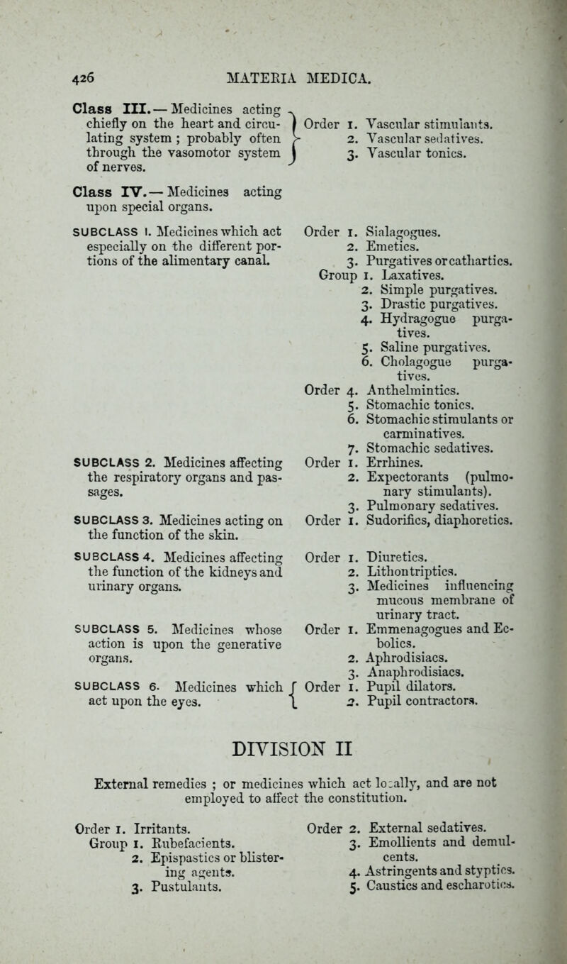 Class III.— Medicines acting^ chiefly on the heart and circu- | Order i. Vascular stimulants, lating system; probably often > 2. Vascular sedatives, through the vasomotor system I 3. Vascular tonics, of nerves. J Class IV. — Medicines acting upon special organs. SUBCLASS l. Medicines which act especially on the different por- tions of the alimentary canal. SUBCLASS 2. Medicines affecting the respiratory organs and pas- sages. SUBCLASS 3. Medicines acting on the function of the skin. SUBCLASS 4. Medicines affecting the function of the kidneys and urinary organs. SUBCLASS 5. Medicines whose action is upon the generative organs. SUBCLASS 6. Medicines which act upon the eyes. Order 1. Sialagogues. 2. Emetics. 3. Purgatives or cathartics. Group 1. Laxatives. 2. Simple purgatives. 3. Drastic purgatives. 4. Hydragogue purga- tives. 5. Saline purgatives. 6. Cholagogue purga- tives. Order 4. Anthelmintics. 5. Stomachic tonics. 6. Stomachic stimulants or carminatives. 7. Stomachic sedatives. Order 1. Errhines. 2. Expectorants (pulmo- nary stimulants). 3. Pulmonary sedatives. Order 1. Sudorifics, diaphoretics. Order 1. Diuretics. 2. Lithontriptics. 3. Medicines influencing mucous membrane of urinary tract. Order 1. Emmenagogues and Ec- bolics. 2. Aphrodisiacs. 3. An aphrodisiacs. Order 1. Pupil dilators. 2. Pupil contractors. DIVISION II External remedies ; or medicines which act lo:ally, and are not employed to affect the constitution. Order 1. Irritants. Group 1. Rubefacients. 2. Epispastics or blister- ing agents. 3. Pustulants. Order 2. External sedatives. 3. Emollients and demul- cents. 4. Astringents and styptics. 5. Caustics and escharotics.