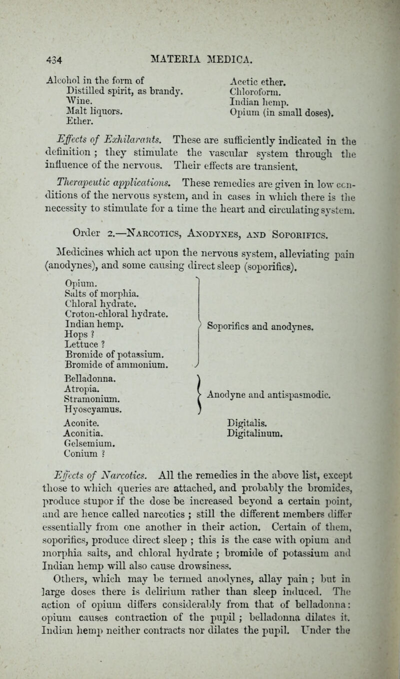 Alcohol in the form of Distilled spirit, as brandy. Wine. Malt liquors. Ether. Effects of Exhilarants. These definition; they stimulate the influence of the nervous. Their Acetic ether. Chloroform. Indian hemp. Opium (in small doses). are sufficiently indicated in the vascular system through the effects are transient. Therapeutic applications. These remedies are given in low con- ditions of the nervous system, and in cases in which there is the necessity to stimulate for a time the heart and circulating system. Order 2.—Narcotics, Anodynes, and Soporifics. Medicines which act upon the nervous system, alleviating pain (anodynes), and some causing direct sleep (soporifics). Opium. Salts of morphia. Chloral hydrate. Croton-chloral hydrate. Indian hemp. Hops ? Lettuce ? Bromide of potassium. Bromide of ammonium. Belladonna. Atropia. Stramonium. Hyoscyamus. Aconite. Aconitia. Gelsemium. Conium ? Effects of Narcotics. All the remedies in the above list, except those to which queries are attached, and probably the bromides, produce stupor if the dose be increased beyond a certain point, and are hence called narcotics ; still the different members differ essentially from one another in their action. Certain of them, soporifics, produce direct sleep ; this is the case with opium and morphia salts, and chloral hydrate ; bromide of potassium and Indian hemp will also cause drowsiness. Others, which may be termed anodynes, allay pain ; but in large doses there is delirium rather than sleep induced. The action of opium differs considerably from that of belladonna: opium causes contraction of the pupil; belladonna dilates it. Indian hemp neither contracts nor dilates the pupil. Under the ) Soporifics and anodynes. ; | Anodyne and antispasmodic. Digitalis. Digitalinum.