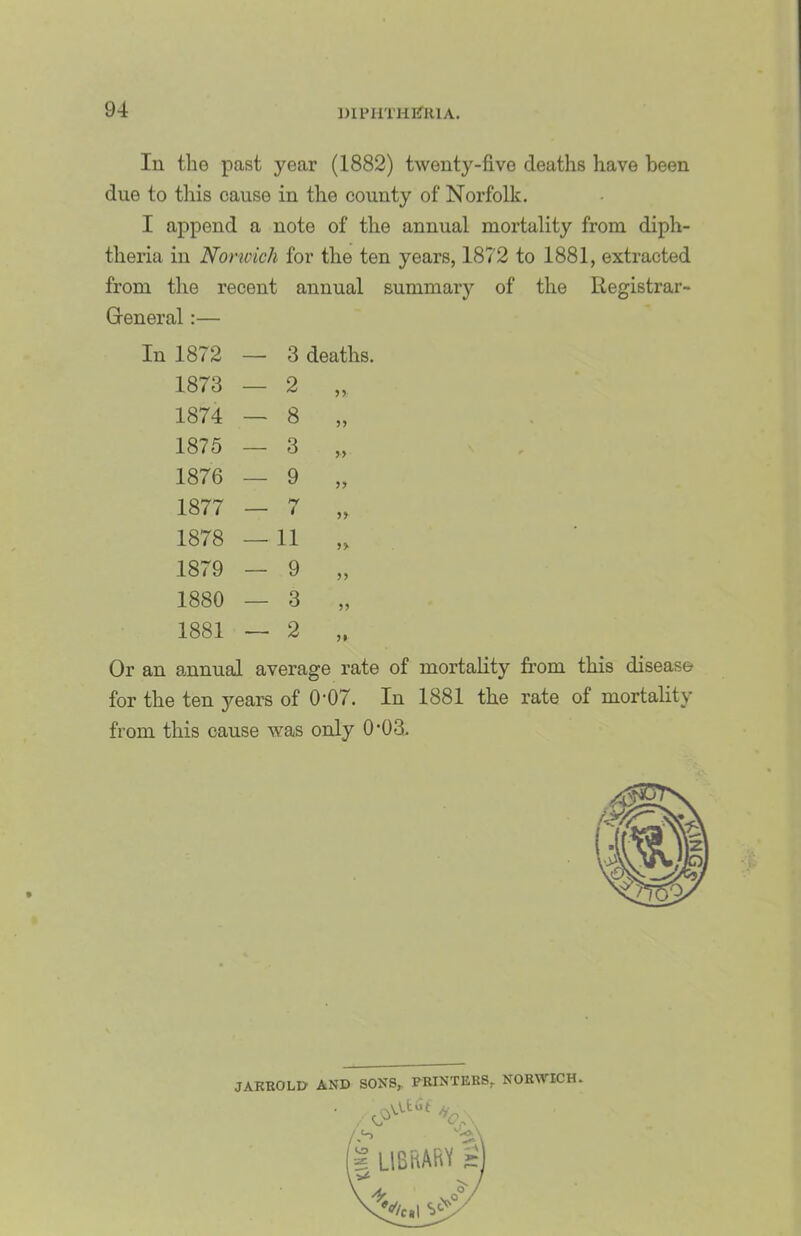 In the past year (1882) twenty-five deaths have been due to this cause in the county of Norfolk. I append a note of the annual mortality from diph- theria in Nonoich for the ten years, 1872 to 1881, extracted from the recent annual summary of the Registrar- Greneral:— In 1872 — 3 deaths. 1873 — 2 „ 1874 — 8 „ 1875 — 3 „ 1876 — 9 „ 1877 _ 7 „ 1878 — 11 „ 1879 — 9 „ 1880 — 3 „ 1881 — 2 „ Or an annual average rate of mortality from this disease for the ten i^ears of 0’07. In 1881 the rate of mortality from this cause was only 0’03. JAREOLI> AND SONS,. PRINTERS, NORWICH.