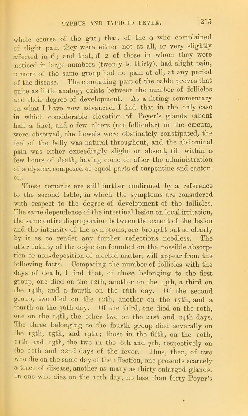 whole course o£ the gut; that, of the 9 who complained of slight pain they were either not at all, or very slightly affected in 6; and that, if 2 of those in whom they were noticed in large numbers (twenty to thirty), had slight pain, 2 moi’e of the same group had no pain at all, at any period of the disease. The concluding part of the table proves that quite as little analogy exists between the number of follicles and their degree of development. As a fitting commentary on what I have now advanced, I find that in the only case in which considerable elevation of Peyer’s glands (about half a line), and a few ulcers (not follicular) in the caecum, were observed, the bowels were obstinately constipated, the feel of the belly was natural throughout, and the abdominal pain was either exceedingly slight or absent, till within a few hours of death, having come on after the administration of a clyster, composed of equal parts of turpentine and castor- oil. These remarks are still further confirmed by a reference to the second table, in which the symptoms are considered •with respect to the degree of development of the follicles. The same dependence of the intestinal lesion on local irritation, the same entire disproportion between the extent of the lesion and the intensity of the symptoms, are brought out so clearly by it as to render any further reflections needless. The utter futility of the objection founded on the possible absorp- tion or non-deposition of moi’bid matter, will appear from the following facts. Comparing the number of follicles with the days of death, I find that, of those belonging to the first group, one died on the 12th, another on the 13th, a third on the 14th, and a fourth on the i6th day. Of the second group, two died on the 12th, another on the 17th, and a fourth on the 36th day. Of the third, one died on the loth, one on the 14th, the other two on the 21st and 24th days. The three belonging to the fourth group died severally on the 13th, 15th, and igth; those in the fifth, on the loth, iith, and 13th, the two in the 6th and 7th, respectively on the iith and 22nd days of the fever. Thus, then, of two who die on the same day of the affection, one presents scarcely a trace of disease, another as many as thirty enlarged glands. In one who dies on the iith day, no loss than forty Foyer’s