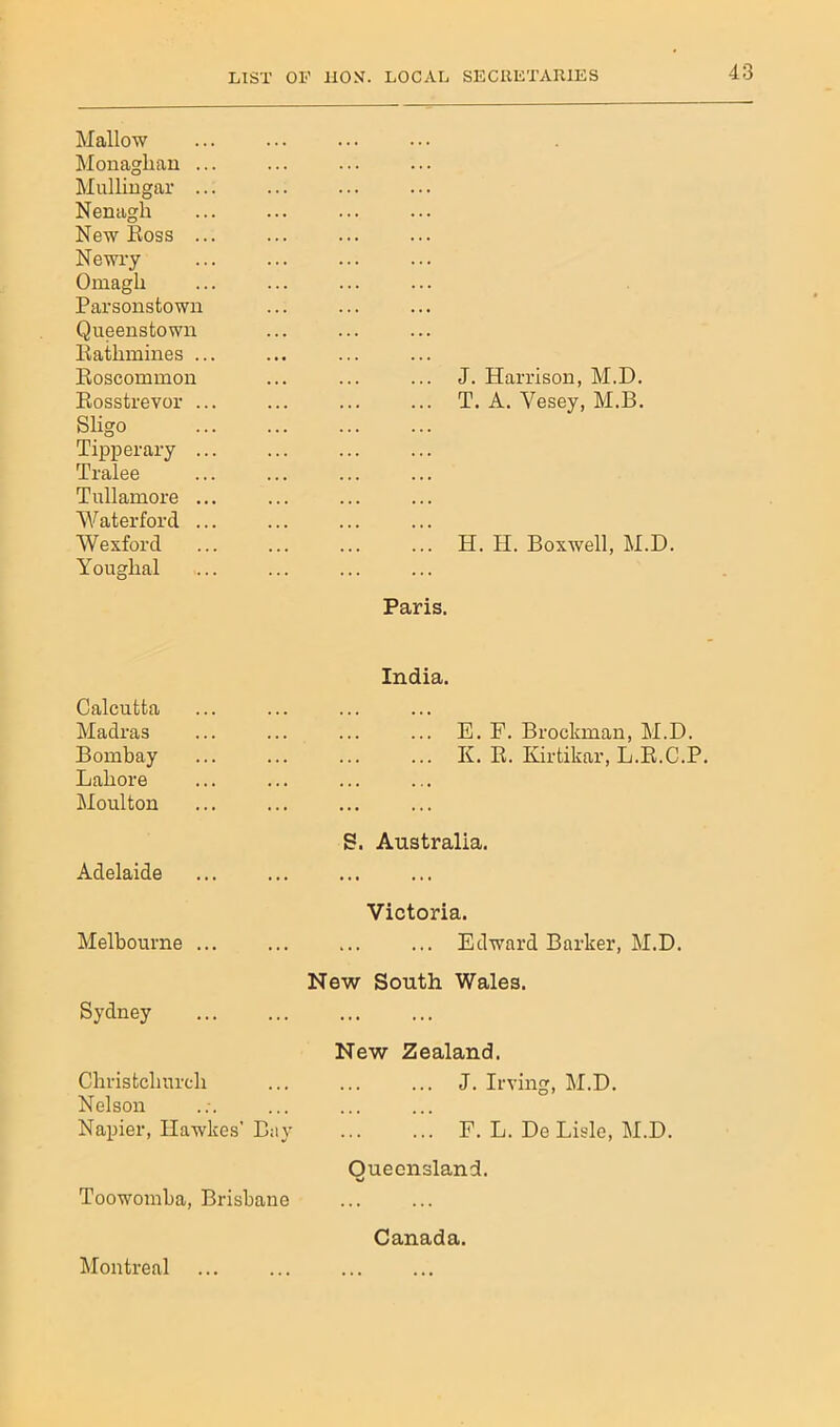 Mallow Monaghan ... Mullingar ... Nenagh New Boss ... Newry Omagh Parsonsfcown Queenstown Eathmines ... Eoscommon Eosstrevor .. Sligo Tipperary .. Tralee Tullamore .. Waterford .. Wexford Youghal J. Harrison, M.D. T. A. Vesey, M.B. H. II. Boxwell, M.D. Paris. India. Calcutta Madras ... E. F. Brockman, M.D Bombay ... K. E. Kirtikar, L.E.C. Lahore Moulton S. Australia. Adelaide Victoria. Melbourne ... ... ... Edward Barker, M.D. New South Wales. Sydney New Zealand. Christchurch ... J. Irving, M.D. Nelson Napier, Ilawkes’ Bay ... F. L. De Lisle, M.D. Queensland. Toowomba, Brisbane , , , ... Montreal Canada.