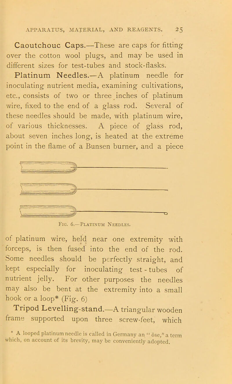 Caoutchouc Caps.—These are caps for fitting over the cotton wool plugs, and may be used in different sizes for test-tubes and stock-flasks. Platinum Needles.—A platinum needle for inoculating nutrient media, examining cultivations, etc., consists of two or three inches of platinum wire, fixed to the end of a glass rod. Several of these needles should be made, with platinum wire, of various thicknesses. A piece of glass rod, about seven inches long, is heated at the extreme point in the flame of a Bunsen burner, and a piece of platinum wire, held near one extremity with forceps, is then fused into the end of the rod. Some needles should be perfectly straight, and kept especially for inoculating test - tubes of nutrient jelly. For other purposes the needles may also be bent at the extremity into a small hook or a loop* (Fig. 6) Tripod Levelling-stand.—A triangular wooden frame supported upon three screw-feet, which * A looped platinum needle is called in Germany an “ ose,” a term which, on account of its brevity, may be conveniently adopted. Fig. 6.—Platinum Needles.