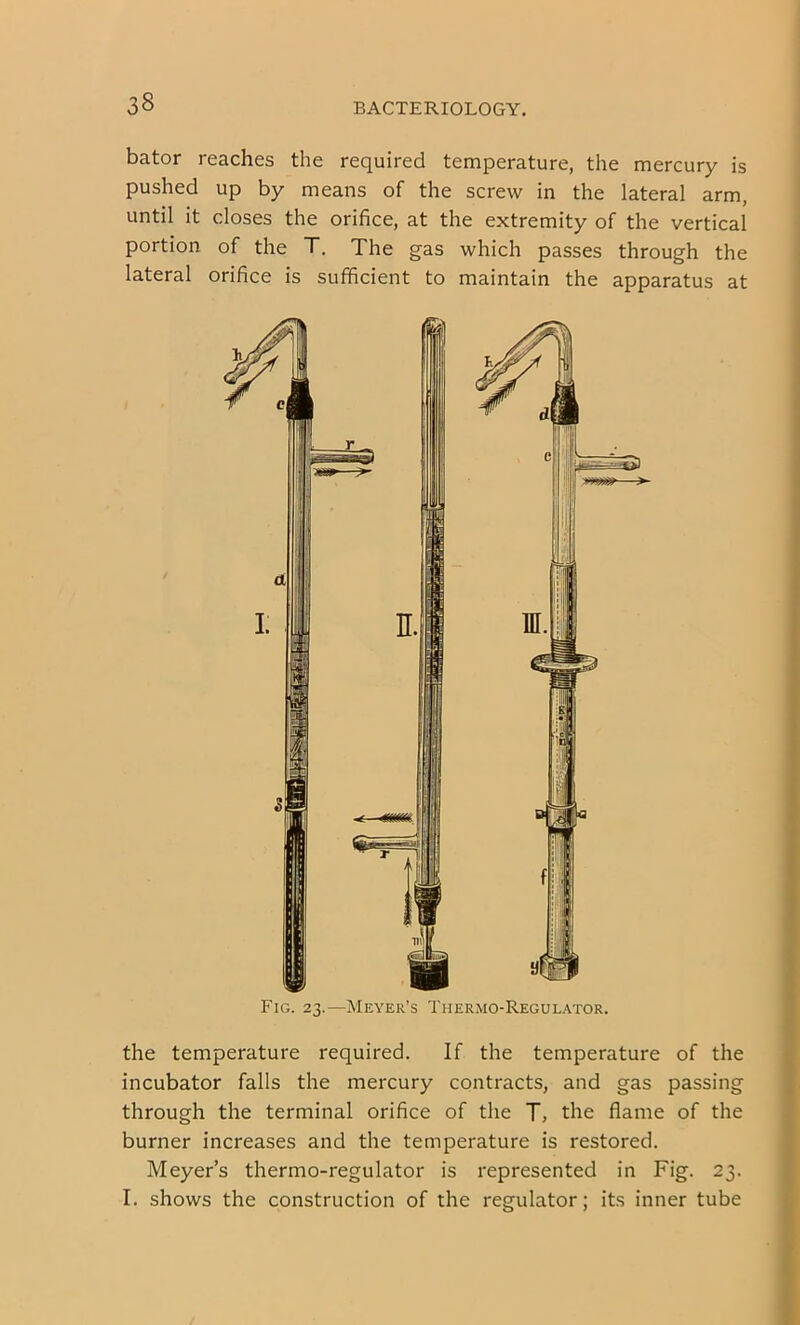 bator reaches the required temperature, the mercury is pushed up by means of the screw in the lateral arm, until it closes the orifice, at the extremity of the vertical portion of the T. The gas which passes through the lateral orifice is sufficient to maintain the apparatus at Fig. 23.—Meyer’s Thermo-Regulator. the temperature required. If the temperature of the incubator falls the mercury contracts, and gas passing through the terminal orifice of the T, the flame of the burner increases and the temperature is restored. Meyer’s thermo-regulator is represented in Fig. 23. I. shows the construction of the regulator; its inner tube