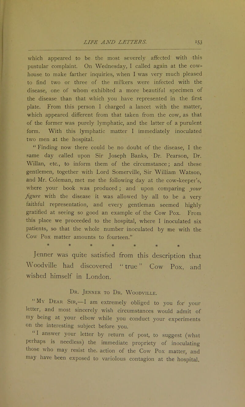 which appeared to be the most severely aflfected with this pustular complaint. On Wednesday, I called again at the cow- house to make farther inquiries, when I was very much pleased to find two or three of the milkers were infected with the disease, one of whom exhibited a more beautiful specimen of the disease than that which you have represented in the first plate. From this person I charged a lancet with the matter, which appeared different from that taken from the cow, as that of the former was purely lymphatic, and the latter of a purulent form. With this lymphatic matter I immediately inoculated two men at the hospital.  Finding now there could be no doubt of the disease, I the same day called upon Sir Joseph Banks, Dr. Pearson, Dr. Willan, etc., to inform them of the circumstance; and these gentlemen, together with Lord Somerville, Sir William Watson, and Mr. Coleman, met me the following day at the cow-keeper’s, where your book was produced ; and upon comparing your figure with the disease it was allowed by all to be a very faithful representation, and every gentleman seemed highly gratified at seeing so good an example of the Cow' Pox. From this place we proceeded to the hospital, where I inoculated six patients, so that the whole number inoculated by me with the Cow Pox matter amounts to fourteen.” ******* Jenner w^as quite satisfied from this description that Woodville had discovered “ true ” Cow Pox, and wished himself in London. Dr. Jenner to Dr, Woodville. M\ Dear Sir, I am extremely obliged to you for 3'our letter, and most sincerely wish circumstances would admit of my being at your elbow while you conduct }^our experiments on the interesting subject before you. I answer your letter by return of post, to suggest (wLat perhaps is needless) the immediate propriety of inoculating those who may resist the, action of the Cow' Pox matter, and may have been exposed to variolous contagion at the hospital.