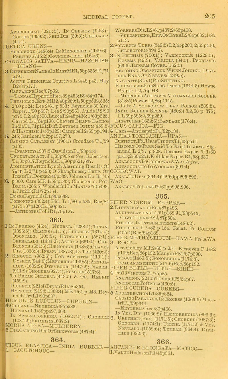 Aphrodisiac (221:5). In Obesity (92:3); Goitre (1699:2); Skin Dis. (39:3); Urticaria (44:4). URTICA URENS— Febrifuge (1486:4). InMenorrha. (1149:6); Pertuss. (715:2) ;Counter-Irrit. (164:6). CANNABIS SATIYA—HEMP—HASCHISH —BHANG— 3. DifferentNamesInEastMR1/58p535;T1/71 pl91. Active Principle Coiirtive L 2/48 p43. Hay B2/84pl71. CANNABINERec/87p92. —TANNAsHypnoticRec/82p453;B2/84pl74 PHYSiOLOG.EFF.MR2/48p269;l/58pp532,535; 4. 2/60 p 524; Lee 2/61 p 533; Reynolds 30 Yrs. Exper. 1 /90p637; Lee2/90p261. AuldeP2/90 p375;L2/48p508.LuccaR2/45p436;l/63p325 Garrod L l/'64pl98. Chevers Bhang Eating IndiaTl/71pl91;Diff. Between Opium(458:5) & Haschish l/58pl29; Campbell 2/63 ppl94, 5. 245;Gardnerl/52ppl37,273. Causing Catalepsy (196:1) Croudace T1/59 pl35. —lNSANiTY(1387:3)DavidsonPl/83p454. Uncertain Act. J l/83p905 etSeq. Robertson Tl/85p817.ReynoldsLl/90pp621,637. Administration Lynch Alarming Results Of 7i rip L 2/71 p 493; O’Shaughnessy Prep. Of R~EsmTr.DosEs2/40p539. JohnsonDo.Rl/45 6. p360. Care MR 1/58 p 533; Cloustonc. Pot. Brom. (265:5) WonderfulInMANiA2/70p493; l/71p203;Rl/72pl64. DoSEsReynoldsLl/90p638. Poisoning (302:4) PM. L 1/80 p 585; Rec/84 pl73;/87pl20;Ll/90p621. —ANTiDOTEsPolliRl/70pl27. WoRKERsDis.L2/61p487;2/63p408. —Vulcanising,Eff.OnEyesL2/84p682;1/85- pll3. 2.Solvents-Turps (349:5) L2/45p200; 2/63p410; Chboroform(394:2). 3.In Phthisis (700:1); Varicocele (1229:5); Eczema (49:3); Variola (84:5); Psoriasis (63:6).Imperm.Cover. (162:5). Becoming Organized When Joining Divi- ded Ends Of Nerves(1249:5) . Xylonite(315:1)PtoSheeting. RedRubberForSurg.Instr. (1644:3) Howsg Prepar.L2/76p943. —Microbes ActingOn Vulcanized Rubber. (318:5)PowerL2/86plll5. —Is It A Source Of Lead Poison (2S8:5). India Rubber Sponge (480:3) T2/68 p 378 ; Ll/69p585;2/69p259. Ligatures(1632:6);Bandage(176:4). FICUS CARICA—FIG. 4.Uses—AntisepticPl/82pl34. ANTIAR TOXICANIA—UPAS— Distinct.Fr.UpasTieuteT1/63p511. History OfTree Said To Exist In Java, Sig- mund L 2/37 p 828. Bernard Exper. T 1/60 p515;2/60p25LKollikerExper.Rl/58p330. An ALOGOUSToCORROWAL&WAOZw/ra. AntagonisticToWoorari(391:4). CORROWAL— 363. I.In Prurigo (46:4); Neural. (1238:4); Tetan. (1326:5); Cramps (111:5);Epilepsy(1314:4); Odontalg. (105:5); Hydrophob. (527:1); Cephalalg. (1434:2); Asthma (661:4); Chr. Bronch.(651:6);H^emoptys.(148:6);Graves Dis.(1838:3); Insan.(1387:3); D.Tre.(430:2); , Singult. (962:6); For Appetite (119:1); Dyspep. (844:6) ;Menorrh. (1149:5); Antiga- lact. (1602:2) ;Dysmenor. (1147:2); Diarrh. (911:2);Cholera(927:4);Plague(1517:6). To Break Chloral (443:5) & Op. Hebrit (459:2). DiURETic(221:4)BryanRl/58p354. Hypnotic (219:5,1368:4) MR 1/61 p 248. Rey- noidsTryLl/90p637. HUMULUS LUPULUS—LUPULIN— .Choline—NeurineA/85p283. HopeineL1/86pp497,663. In Spermatorrihea (1082: 2) ; Ciiordee (1087:2);Priapism(1087:2), MORUS NIGRA—MULBERRY— 5.Dis.CausinoDis.OfSilkworms(487:4). 364. FICUS ELASTICA —INDIA RUBBER- l. CAOUTCHOUC— Anal.ToUpas(364:4)T2/60pp295,296. WAO— AnalogyToUpasT2/60pp295,296. 365. PIPER NIGRUM—PEPPER— 2. DiETETicVALUERec/87p486. AdulterationsL1/51p162; J1 /83p543, —Cows’UrinePS2/87p504. Piperin,InIntermittents (1486:2). Piperidin L 2/83 p 154. Relat. To Conium (405:4)Rec/84pl82. PIPER METHYSTICUM—KAWA Vel AWA 3. ROOT— Act. Gobley MR2/60 p 251. Kesteven P 1/82 pl99;Rec/86pl32.ManginPSl/87p390. InGout(1469:5);Gonorrhcea(1174:3). LocALANiESTHETic(217:6)Rec/86pl32. PIPER BETLE—BETLE—SIRIH— 4.Its13VihtuesT1/75p25. ANAPHROD.(221:5)TschudiT2/54p67. AntidotalToOpium(460:5). PIPER CUBEBA—0UBEBS— 5. AdulterationL1/85p824. CausinciParalysisIn Excess (1263:6) Maes- triTl/59p344. —ERYTHEMARec/80p466. In Ves. Dis. (1066:2); Hjemorriioids (896:3); 6. UretiiriTjFem. (1171:5); Ciiordee (1087:3 ; Gonorrii. (1174:1); Ureth. (1171:2) & Ves. Neuralg. (1052:6); Tympan. (864:4); Dipii- ther.(822:6). 366. ARTANTIIE ELONGATA—MATICO— l.VALUEHodffsonRl/45p361.