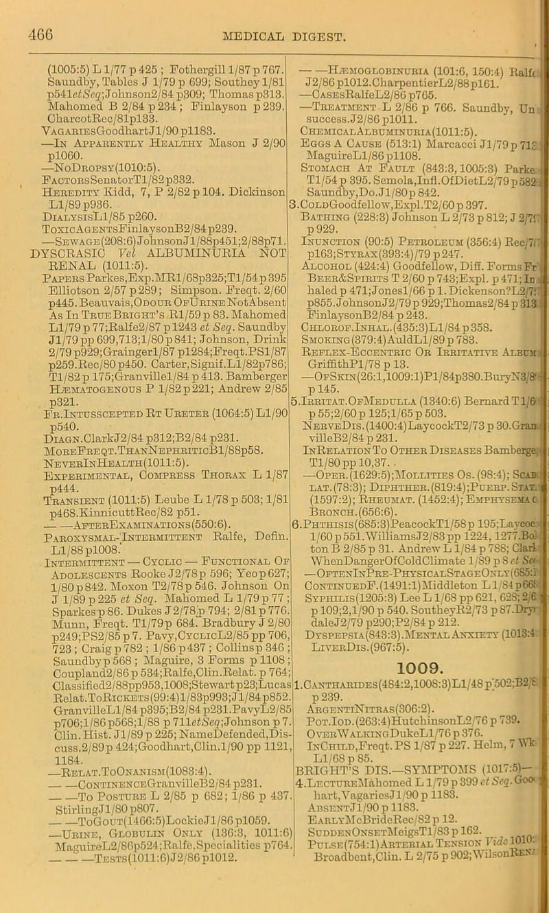 (1005:5) L1/77 p 425 ; Fothergill 1/87 p 767. Saundby, Tables J 1/79 p 699; Southey 1/81 p541c<Seg';Johnson2/84 p309; Thomas p313. Mahomed B 2/84 p 234; Pinlayson p239. CharcotRec/81pl33. VAGAEXEsGoodhartJl/90pll83. —Ik Apparently Healthy Mason J 2/90 plOOO. —N oDropsy(1010:5) . PACTORsSenatorTl/82p332. Heredity Kidd, 7, P 2/82 p 104. Dickinson Ll/89 p936. DialysisL1/85 p260. Toxic AGENTsPinlaysonB2/84 p239. —Sewage(208:6) Johnson Jl/88p451;2/88p71. DYSCRASIC Vel ALBUMINURIA NOT RENAL (1011:5). Papers Parkes,Exp.MRl/68p325;Tl/54p 395 Elliotson 2/57 p 289; Simpson. Freqt. 2/60 p445. Beauvais,Odour OfUrine NotAbsent As In TrueBright’s ,Rl/59 p 83. Mahomed Ll/79 p77;Ralfe2/87 pl243 ct Seq. Saundby Jl/79pp 699,713;l/80p841; Johnson, Drink 2/79 p929;Graingerl/87 pl284;Freqt.PSl/87 p259.Rec/80p450. Carter,Signif.Ll/82p786; Tl/82p 175;Granvillel/84 p413. Bamberger Hiematogenous P 1/82 p 221; Andrew 2/85 p321. Pr.Intusscepted Rt Ureter (1064:5) Ll/90 p540. Diagn.Clark J2/84 p312;B2/84 p231. MorePreqt.ThanNephriticB1/88p58. NeverInHealth(1011:5). Experimental, Compress Thorax L 1/87 p444. Transient (1011:5) Leube L1/78 p 503; 1/81 p468.KinnicuttRec/82 p51. AeterExaminations(550:6) . Paroxysmal-Intermittent Ralfe, Defin. Ll/88 plOOS.' Intermittent — Cyclic — Functional Of Adolescents Rooke J2/78p 596; Yeop627; 1/80p842. Moxon T2/78p 546. Johnson On J 1/89 p 225 et Seq. Mahomed L 1/79 p 77 ; Sparkes p 86. Dukes J 2/78/p 794; 2/81 p 776. TVTnnn, Preqt. Tl/79p 684. Bradbury J 2/80 p249;PS2/85 p 7. Payy,CYCLicL2/85 pp 706, 723 ; Craig p 782 ; 1/86 p 437 ; Collins p 346 ; Saundbyp 568 ; Maguire, 3 Forms p 1108 ; Coupland2/86p 534;Ralfe,Clin.Relat. p 764; Classified2/88pp953,1008;Stewartp23;Lucas Relat.ToRicKETS(99:4)l/83p993;Jl/84p852. GranvilleLl/84 p395;B2/84 p231.PavyL2/85 p706;l/86p568;l/88 p llletScq]Johnson p 7. Clin. Hist. Jl/89 p 225; NameDefended,Dis- cuss.2/89p 424;Goodhart,Clin.l/90 pp 1121, 1184. —Relat.ToOnanism(1083:4). CoNTiNENCEGranvilleB2/84p231. To Posture L 2/85 p 682; 1/S6 p 437. StirlingJl/80 p807. ToGouT(1466:5)LockioJl/86pl059. —Urine, Globulin Only (136:3, 1011:6) Ma'TuireL2/S6p524;Ralfe.Specialities p764. Tests(1011:6) J 2/86 pl012. Hemoglobinuria (101:6, 150:4) Ralft J2/86 pl012.CliarpentierL2/88pl61. —CASEsRalfeL2/86 p765. —Treatment L 2/86 p 766. Saundby, Un success.J2/86 plOll. ChemicalAlbuminuria(1011:5) . Eggs A Cause (513:1) Marcaeei Jl/79p 71S j MaguireLl/86 pll08. Stomach At Fault (843:3,1005:3) Parke Tl/54p 395.Semola,Infi.OfDietL2/79p 582\ Saundby,Do. Jl/80p 842. 3 .CoLDGoodfellow,Expl.T2/60 p 397. Bathing (228:3) Johnson L 2/73 p 812; J 2/717 p929. Inunction (90:5) Petroleum (356:4) Rec/717 P163;Styrax(393:4)/79 p247. Alcohol (424:4) Goodfellow, Diff. Forms Fr Beer&Spirits T 2/60 p 743;Expl. p 471; Id ■ haled p 471;Jonesl/66 p l.Dickenson?L2/7f p855.JohnsonJ2/79p929;Thomas2/84p313 FinlaysonB2/84 p 243. Chlorof.Inhal.(435:3)L1/S4p358. SMOKiNG(379:4)AuldLl/89p783. Reflex-Eccentric Or Irritative Album GriffithPl/78 p 13. —OFSKiN(26:l,1009:l)Pl/84p380.BuryN3/8G p 145. 5.Irritat.OfMedulla (1340:6) BernardTl/© 1 p 55;2/60 p 125;l/65 p 503. NerveDis. (1400:4)LaycockT2/73 p 30.Gran villeB2/84p 231. InRelation To Other Diseases Bamberge;| Tl/80pp 10,37.. -—Oper.(1629:5);Mollities Os. (9S:4); Scab lat.(78:3); Diphther.(819:4);Puerp. Stay) (1597:2); Rheumat. (1452:4); Emphysemac. Broncii. (656:6). 6.PHTHisis(685:3)PeacockTl/58p 195;Laycoc 1/60 p 551. Williams J2/83pp 1224,1277.Bo'. ton B 2/85 p 31. Andrew L1/84 p 788; Clarl WhenDangerOfColdClimate 1/S9 p Set. Set —OftenInPre-PhysicalStageOnly(6S5:i CoNTiNUEDF.(1491:l)Middleton Ll/S4p66L Syphilis(1205:3) Lee L 1/68 pp 621, 628; 2/6 ; p 109;2,l/90 p 540. SoutheyR2/73 p 87.Dry.‘ daleJ2/79 p290;P2/84 p 212. Dyspepsia(843:3) .Mental Anxiety (1013:4 LiverDis. (967:5). 1009. 1. C antharides (4S4:2,1008:3) Ll/48 p’502;B2/£ p 239. Argent iNitras(306:2). Pot.Iod. (263:4)HutchinsonL2/76 p 739. OYERWALiaNGDukcLl/76 p 376. InChild,Freqt. PS 1/S7 p 227. Helm, 7 Wk Ll/68 p 85. BRIGHT’S DIS.—SYMPTOMS (1017:5)— 4.LECTUREMahomed L 1/79p 399ctScq.Goo*; hart, Vagaries Jl/90p 1183. AbsentJ1/90 p 11S3. EARLYMcBrideRec/82p 12. SuDDExOxsETMeigsTl/S3p 162. Pulse(754:1) Arterial Tension Vide 10iu. BroadbcntjClin. L 2/75 p 902;WUsonRENl