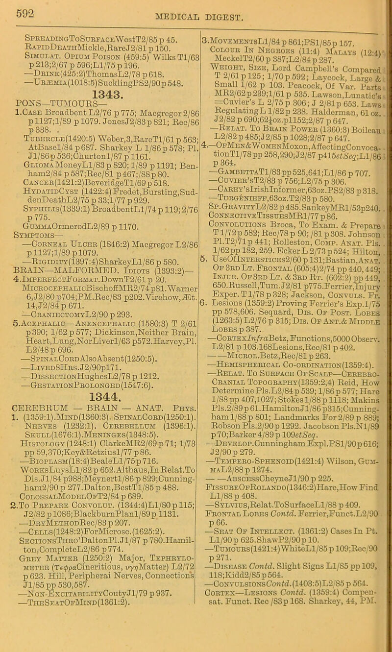 MEDICAL DIGEST. SPREADINGToSURFACEWestT2/85 p 45. RAPiDDEATHMicklG,RareJ2/81 p 150. Simulat. Opium Poison (459:5) Wilks T1/G3 p 213;2/G7 p 596;Ll/75 p 196. —DRiNK(425:2)ThomasL2/78 p618. —URiEMiA(1018:5)SucklingPS2/90p548. 1343. PONS—TUMOURS— I.Case Broadbent L2/76 p775; Macgregor 2/86 p 1127;l/89 p 1079. JonesJ2/83p 821; Rec/86 p 338. . Tubercle(1420:5) Wober,3,RareTl/61 p 563; AtBasel/84 p687. Sharkey L 1/Q6 p 578; PI. Jl/86p 536;0hurtonl/87 p 1161. Glioma MoneyLl/83p 820; 1/89 p 1191; Ben- ham2/84p587;Rec/81 p467;/88p80. CANOER(1421:2)BeveridgeTl/69p 518. HydatidCyst (1422:4) Fredet,Bursting, Sud- denDeathL2/75 p 33;l/77 p 929. Syphilis (1339:1) BroadbentLl/74 p 119; 2/76 p 775. GuMMAOrmerodL2/89 p 1170. Symptoms— —Corneal Ulcer (1846:2) Macgregor L2/86 p 1127;l/89 p 1079. —RiGiDiTY(1397:4)SharkeyLl/86 p 580. BRAIN—MALFORMED. Idiots (1393:2)— 4.lMPERFECTFoRMAT.DownT2/61 p 20. MiCROCEPHALicBischoffMR2/74p81. Warner 6,J2/80 p704;PM.Rec/83 p202.Virchow,iEt. 14,J2/84 p 671. —CraniectomyL2/90 p 293. 5.Acephalic—Anencephalic (1580:3) T 2/61 p390; 1/62 p577; Dickinson,Neither Brain, Heart,Lung,NorLiverl/63 p572. Harvey, PI. L2/48p 696. —SpiNALCoRDAlsoAbsent(1250:5). —Lived8Hrs.J2/90p171. —DisSECTiONHughesL2/78 p 1212. —GestationProlonged (1547:6). 1344. CEREBRUM — BRAIN — ANAT. Phys. 1. (1359:1).Mind(1360:3). SpinalCord(1250:1). Nerves (1232:1). Cerebellum (1396:1). Skull(1676:1).Meninges(1348:5). Histology (1248:1) ClarkeMR2/69p71; 1/73 pp 59,370;Key&Retziusl/77p86. -—Bi0PLASM(18:4)BealeLl/75p716. WoRKsLuysLl/82 p 652.Althaus,InRelat.To Dis. Jl/84 p988;Meynertl/86 p 829;Cunning- ham2/90 p 277.Dalton,BestTl/85 p 488. ColossalModelOfT2/84 p 689. 2. To Prepare Convolut. (1344:4)Ll/80pll5; J2/82 p 1086;BlackburnPlanl/89 p 1131. —DRYMETHODRec/83 p 207. —CELLs(1248:2)PorMicrosc. (1625:2). SECTiONsTHRO’DaltonPl.Jl/87 p 780.Hamil- ton,CompleteL2/86 p774. Grey Matter (1250:2) Major, Tephrylo- meter (Te^paCincritious, uyjjMatter) L2/72 p623. Hill, Peripherai Nerves, Connections Jl/85 pp 530,587. —NoN-ExciTABiLiTYCoutyJI/79 p 937. —TiieSeatOfMind(1361:2). (12:4)' 5. 6. 3. MovementsL1/84 p 8Gl;PSl/85p 157 Colour In Negroes (11:4) Malays MeckelT2/G0p 387;L2/84 p 287. Weight, Size, Lord Campbell’s Compared T 2/61 p 125; 1/70 p 592; Laycock, Large & Small 1/62 p 103. Peacock, Of Var. Parts MR2/62p239;l/61 p 535. Lawson,Lunatic’s =Cuvier’s L 2/75 p 306; J 2/81 p 653. Laws RegulatingL 1/82 p 238. Halderman, 61 oz J2/82 p 690;62Joz.pll52;2/87 p 647. —Relat. To Brain Power (1360:3) Boileau L2/82 p 485; J2/85 p 1028;2/87 p 647. 4. —OFMEN&WoMENMoxon,AflectingConvoca-- ^364 1^78PP 258,290:J2/87 P415ef£c2;Ll/86 —GambettaT1/83pp525,641;L1/86p 707. —Cuvier’sT2/83 p 756;L2/75 p 306. —CAREY’sIrishInformer,63oz.PS2/83p318. —Turgenieff,63oz.T2/83p 580. Sp.GravityL2/82 p485.SankeyMRl/53p240.. ConnectiveTissuesMR1/77 p 86. Convolutions Broca, To Exam. & Prepare T1/72 p 582; Rec/78 p 90; /81 p308. Johnson Pl.T2/71p 441; Rolleston, Comp. Anat. Pis. 1/62pp 182,259. Ecker L 2/73 p 524; Hilton, UseOflNTERSTiCEs2/GOpl31;Bastian,ANAT. Of 3rd Lt. Frontal (605:4)2/74 pp 440,449; Injur. Of 3rd Lt. & 3rd Rt. (602:2) pp 449, 650.Russell,Turn. J2/81 p775.Ferrier, Injury Exper. T1/78 p 328; Jackson, Convuls. Fr. Lesions (1359:2) Proving Ferrier’s Exp.1/75 pp 578,606. Sequard, Dis. Of Post. Lobes (1263:5) L2/76 p 315; Dis. Of Ant.& Middle Lobes p 387. —C o rte x Infra Betz, Functions,5000 Observ. L2/81 p 103.168Lesions,Ree/Sl p 402. MiCROL.Betz,Rec/81 p 263. —Hemispherical Co-ordination(1359:4). —Relat. To Surface Of Scalp—Cerebro- Cranial Topography(1359:2,4) Reid, How Determine Pls.L2/84p 539; 1/86 p 577; Hare 1/88 pp 407,1027; Stokes 1/88 p 1118; Makins Pls.2/89p61.HamiltonJl/86p315;Cunning- haml/88p 801; Landmarks For 2/89 p 8S9; Robson Pis.2/90 p 1292. Jacobson Pls.Nl/S9 p 70;Barker 4/89 p 109etSeq. ■—DEVELOP.Cunningham Expl.PSl/90p 616; J2/90p 279. —Tempero-Sphenoid(1421:4) Wilson, Gum- maL2/88p 1274. ABSCESsCheyneJl/90 p 225. FissuREOFRoLANDO(1346:2)Hare,How Find Ll/88 p 408. —Sylvius, Relat. ToSurfaceLl/S8 p 409. Frontal Lobes Contd. Ferrier,Funct.L2/90 p 66. —Seat Of Intellect. (1361:2) Cases In Pt. Ll/90 p 625.ShawP2/90p 10. —TuMOURs(1421:4)WhiteLl/S5 p 109;Rcc 90 p 271. —Disease Contd. Slight Signs L1/S5 pp 109, 118;Ividd2/S5 p 564. —CoNVULsiONsCowfrZ.(1403:5)L2/S5 p 564. Cortex—Lesions Contd. (1359:4) Compeu- sat. Funct. Rec /83p 16S. Sharkey, 44, PM.