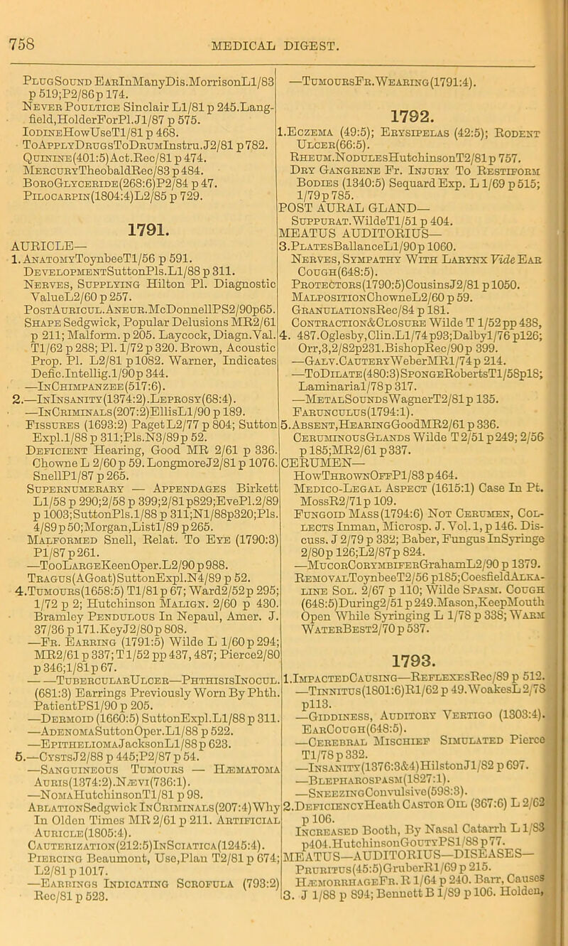 PlugSound EARlnManyDis.MorrisonLl/83 p 519;P2/86p 174. Never Poultice Sinclair Ll/81 p 245.Lang- field,HolderForPl.Jl/87 p 575. IODiNEHowUseTl/81 p 468. ToAppLYDRUGsToDRUMlnstru. J2/81 p 782. Quinine(401:5) Act.Rec/81 p 474. MERCURYTheobaldRec/83 p 484. BoroGlyceride(268:6)P2/84 p 47. Pilocarpin(1804:4)L2/85 p 729. 1791. AURICLE— 1. ANATOMYToynbeeTl/56 p 591. DEVELOPMENTSuttonPls.Ll/88 p 311. Nerves, Supplying Hilton Pi. Diagnostic ValueL2/60 p 257. PosTAuRicUL.ANEUR.McDonnellPS2/90p65. Shape Sedgwick, Popular Delusions MR2/61 p 211; Malform. p 205. Laycock, Diagn.Val. Tl/62 p 288; Pi. 1/72 p 320. Brown, Acoustic Prop. Pi. L2/81 pl082. Warner, Indicates Defic.Intellig.l/90p 344. —InChimpanzee (517:6). 2. —InInsanity(1374:2).Leprosy(68:4). —lNCRiMiNALs(207:2)EllisLl/90 p 189. Fissures (1693:2) Paget L2/77 p 804; Sutton Expl.1/88 p 311;Pls.N3/89p 52. Deficient Hearing, Good MR 2/61 p 336. CbowneL 2/60 p 59. LongmoreJ2/81p 1076. SnellPl/87 p 265. Supernumerary — Appendages Birkett Ll/58 p 290;2/58 p 399;2/81p829;EveP1.2/89 p 1003;SuttonPls.l/88 p 311;Nl/88p320;Pls. 4/89p 50;Morgan,Listl/89 p 265. Malformed Snell, Relat. To Eye (1790:3) Pl/87 p261. —TooLARGEKeenOper.L2/90p988. TRAGUs(AGoat)SuttonExpl.N4/89 p 52. 4. Tumours(1658:5) Tl/81p 67; Ward2/52p 295; 1/72 p 2; Hutchinson Malign. 2/60 p 430. Bramley Pendulous In Nepaul, Amer. J. 37/36 p 171.KeyJ2/80p 808. —Fr. Earring (1791:5) Wilde L 1/60 p 294; MR2/61 p 337; T1/52 pp 437,487; Pierce2/80 p346;l/81p67. — —TubercularU lcer—PhthisisInocur, (681:3) Earrings Previously Worn By Pbtb. PatientPSl/90 p 205. —Dermoid (1660:5) SuttonExpl.Ll/88 p 311. —ADENOMASuttonOper.Ll/88 p 522. —Epithelioma JacksonLl/88p 623. 5. —CystsJ2/88 p 445;P2/87 p 54. —Sanguineous Tumours — Hematoma Auris(1374:2).Na3vi(736:1). —NoMAHutchinsonTl/81 p 98. ABLATiONSedgwick lNCRiMiNALs(207:4)Why In Olden Timos MR 2/61 p 211. Artificial Auricle(1805:4). Cauterization(212:5)InSciatica(1245:4). Piercing Beaumont, Use,Plan T2/81p 674; L2/81 p 1017. —Earrings Indicating Scrofula (793:2) Rec/81 p 523. —TumoursFr.Wearing(1791:4). 1792. I.Eczema (49:5); Erysipelas (42:5); Rodent Ulcer(66:5). RHEUM.NoDULEsHutcbinsonT2/81 p 757. Dry Gangrene Fr. Injury To Restifobm Bodies (1340:5) SequardExp. L1/69 p 515; l/79p 785. POST AURAL GLAND— SuppuRAT.WildeTl/51 p 404. MEATUS AUDITORIUS— 3. PLATEsBallanceLl/90p 1060. Nerves, Sympathy With Larynx Vide Ear Cough(648:5). PROTEdTORs(1790:5)CousinsJ2/81 p 1050. MALPOsmoNChowneL2/60 p 59. GRANULATIONSRec/84 p 181. Contraction&Closure Wilde T 1/52 pp 438, 4. 487.Oglesby,Glin.Ll/74p93;Dalbyl/76pl26; Orr,3,2/82p231.BishopRec/90p 399. —GALV.CAUTERYWeberMRl/74p 214. —ToDilate (480:3) SpoNGERobertsTl/58pl8; Laminarial/78p 317. —METALSouNDsWagnerT2/81p 135. Farunculus (1794:1). 5. Absent,HEARiNGGoodMR2/61 p 336. CeruminousGlands Wilde T2/51 p249; 2/56 p 185;MR2/61 p337. CERUMEN— HowThrownOffPI/83 p 464. Medico-Legal Aspect (1615:1) Case In Pt. MossR2/71p 109. Fungoid Mass (1794:6) Not Cerumen, Col- lects Inman, Microsp. J. Vol. 1, p 146. Dis- cuss. J 2/79 p 332; Baber, Fungus InSyringe 2/S0p 126;L2/S7p 824. —MucoRCoRYMBiFERGrahamL2/90 p 1379. REMOVALToynbeeT2/56 plS5;CoesfieldALKA- line Sol. 2/67 p 110; Wilde Spasm. Cough (648:5)During2/51 p 249.Mason,KeepMouth Open While Syringing L 1/78 p 33S; Warm WaterBest2/70 p 537. 1793. I.ImpactedCausing—REFLEXEsRec/89 p 512. —Tinnitus(1801:6)R1/62p 49.WoakesL2/7S pll3. —Giddiness, Auditory Vertigo (1303:4). EarCough(648:5). —Cerebral Mischief Simulated Pierce Tl/78p332. —lNSANiTY(1376:3&4)HilstonJl/82 p 697. —Blepharospasm(1827:1). —SNEEZiNGConvulsive(598:3). 2. DEFiciENCYHeath Castor Oil (367:6) L 2/62 Increased Booth, By Nasal Catarrh L1/S3 p404.HutchinsouGouTYPSl/88 p 77. MEATUS—AUDITORIUS—DISEASES— ; Pruritus (45:5) GruberRl/69 p 215. HjemorrhageFr. R1/64 p 240. Barr, Causes 3. J 1/88 p 894; Bennett B1/89 p 106. Holden,