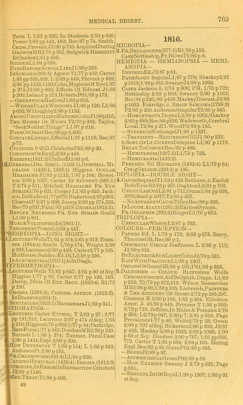 Tests L 1/63 p 236; In Students 2/70 p 526; Power 2/83 pp 445, 4S9; Rec/87 p 74. Smith, Cause,Prevent.J2/90 p 723.AcquiredDuriug GrowthMR2/76 p 331; Sedgwick Heredity InOneSexl/61p 485. SuddenL1/84 p 895. EyesBeforeSchoolLife J l/'86p 359. InSchools(205:5) AgnewTl/77p402; Carter 1/85 pp 535,569; L 2/83 p 445; Prevent p 489; 2/86 pp 1132,1180;Cohn,HygieneOf Eyel/87 p 274;J2/88 p S92; Effects Of Educat. Jl/89 p 200;Ireland p 213.RobertsBSl/85 p 173. —GREENWiCHHadlowJl/83p 952. —WherePlace Windows Jl/86p 126; Ll/86 p 693; Willoughby2/S6 p 1132. AMONGUNCIVILISEDNATIONsCohnJl/80p216, The Misery Of Myops T2/70p 283. Taylor, “SeekNotGrt.Things” Ll/87 p 816. PoRMOFORBiTRec/90pp 3,400. ConcaveLenses,Effects Jl/87 plll9; Rec/87 p73. Cylinder 0'25D.ChisholmPSl/89p 30. GonditionOfEyeL2/83 p 446. EsERiNE(1821:2)UhthoffJ2/83p6. 2. CerebralDis. Simul. (1403:1),Ophthal.Mi- graine (1433:4, 1859:1) Higgens Ocular Headache Jl/83 p 1115; 1/87 p 104; Hewet- son 2/88pl037; Carter In Student (566:1) T 2/74 p 511; Mitchell Headache Fr. Eye Strain1/76 p 621. Cooper Ll/62 p 625; Jack- son, InStudentl/77p675;Bi<?kerton2/87p303. CharcotP 2/87 p 206; Jessop 2/88 pp 274,355. Rec/79 p331;Fatal/83 p218.Ghorea(1815:5). Reflex Neuroses Fr. Eye Strain Gould Ll/89 p 801. Muse ;e VolitantesIn(1861 :1). TREATMENTPowerL2/83 p 447. PRESBYOPIA—LONG SIGHT— 3. LECTUREsWellsTl/61 p 574;2/61 p 319; Eser- ine (1814:4) Senile l/76pl74; Wright 2/59 p293;Laurence2/60p 449; Carter2/77 p 105. Holthouse,Sudden A3t.10,L2/58 p 256. lNALBUMiNURiA(1010:l)AidsDiagn. IYPERMETROPIA— .LECTUREsWells Tl/61 p647; 2/61 p 80 etSeq; Higgins 1/77 p 85; Carter 2/77 pp 133, 163. Derby, Divis.Of Ext. Rect. (1810:4) Rl/72 p 230. Chorea (1291:4); Cerebr. Affect. (1815:2). InDiabetes(334:1). . Spectacles (1825:1) MacnamaraJl/89 p 341. Astigmatism— Lectures Carter Etymol. T 2/63 p 27; 2/77 pp 191J219; Laurence 2/67 p 474 ctSeq; 1/63 p 210;Higgins2/76 p669;l/77 p 84;Partridge, RaroForml/71 p 243.DondersMR2/76p 329. Burnett L 1/88 p 374; Tunmer, Pecul.Case 1/90 p 1424;Exp].2/90 p 393. IH°w Determine T 1/69 p 114; L 1/66 p 543; ; AndersonP1.2/80p455. |Fr.Chloroform(435:4)L1/84 p309. HausingHemicran. (1433:4); Insomn. (1812:3) [Atropine,InErrorOfRefraction Critchett | J2/82 p 1146. |Med.Treat.T1/84 p 400. 49 1816. MICROPIA— 2.Fr.Belladonna(377:5)Rl/58 p 152. CASENettleship,Fr.BlowsT2/85 p 8. HEMIOPIA — HEMIANOPSIA — HEMI- ANOPIA— DEFiNEDEd.J2/87 p81. Pathc3logy SeguinLl/87 p 779; Sharkey2/87 pl018;l/88p 582.SwanzyJ2/88p 1092. Cases Jackson L 2/74 p 306; PM. 1/75 p 722; Nettleship 2/83 p 689; Swanzy 2/90 p 1163; Rec/84p226;/86 p428.MackayDiscuss.J2/8S pl033. Eskridge, c. Brain Sarcoma(1798:3) P2/85p 20S.AndersonSingularT2/85 p 545. —Homonymous DoyneL2/89 p 1062;Sharkey 2/83 p 689;Rec/84p226. Wadsworth,Cerebral Local.T2/84 p 271.WoodP2/89 p 135. -—SuPERiORNothnagelJl/88 p 1297. —Transient—RecurrentGUI J1/90 p 233. c.SoFT.OFLT.CuNEUsDelepine Ll/90 p 1179. Relat.ToCortexR6c/82 p 488. —Hemiplegia(1287:5)L1/75 p 722. —Hemicrania(1433:2). Periodic Vel Migraine (1432:4) Ll/78 p 84; CraigGELSEM. (893:3) p 186. DIPLOPIA—DOUBLE SIGHT— 4r.CAUSESequardTl/62p 429.Bethune, c.Eacli& BothEyesR2/63p 207.0ughtonL2/81 p 702. UNiocuLAROrdL2/81 p 711;Gunnl/84 pp 895, 1076; Snell p 1077;T2/85p 297. —NoAppARENTCAUSETilleyRec/88p 208. lNLocOM.ATAXY(1261:2)EarliestSympt. FR.GELSEMiN.(393:3)RingerLl/76p662. TRIPLOPIA— UNiocuLARWherryL2/87 p 763. COLOURS—PERCEPTION- PAPERS Ed. L 1/78 p 173; 2/82 p275. Berry, TheoriesOR.Rec/90 p 1. Chromatic Circle Jeaffreson L 2/86 p 115; J2/89p 824. BYELECTRic&SuNLiGHTCohn J2/79 p 531. EasyWithPracticeL1/88p 1307. ORGANsOFGunnOR/88 p 101;PSl/89 p 355. 5.Daltonism — Colour Blindness Wolfe CHROMATOSCOPY.AidToOphth.Diagn. Ll/69 p222; Tl/79 pp 372,419. Wilson Researches MR2/56 p 56;l/58p 105; Liebreich,Painters & The Accident Of Sight 2/72 pp 285,297. Clemens R 2/60 p 194; 1/61 p 304. Elliotson Amer. J-. 46/38 p 445. Bronnoi T 1/56 p 359; 2/73 p 723; Jeffries,In Males & Females 2/78 p 284; L2/79p 947; 2/80p 7; 2/81 p 918. Page Prevaleucol/77 p 46; Wolfo2/79 p 23; Green 2/89 p 797 etSeq; Bickertou2/86p 392; J2/87 p 493; Mackay 2/88 p 1033; 2/89p 1036; 1/90 P69 ct Scq; Donders 2/80p767; l/81pp688, 772. Carter T 1/81 p 654; 2/84 p 165. Hcriug Expl.Roc/82 p 91.GunnPSl/89p 355. —BooksJ2/89 p 97. —AsYMMETRicALGreonPS2/89 p 53. How Examine Swanzy J 2/79 p531; Page p 651. 6 —Results,lNlOOBoysLl/88 p 1307; 1/90 p 91 ct Scq.