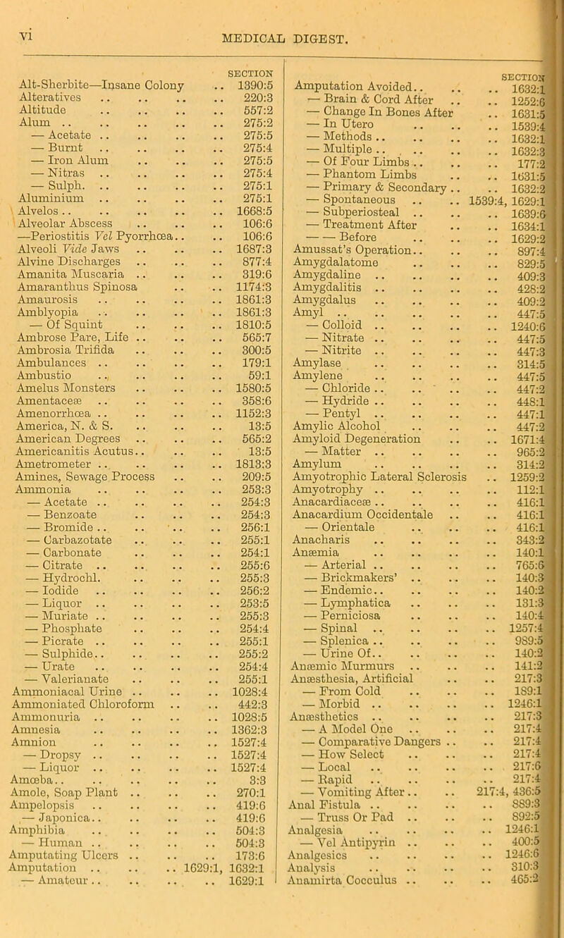 Alt-Sherbite—Ipsane Colony SECTION 1390:5 Alteratives . . # # 220:3 Altitude . # # . 557:2 Alum .. # # m # 275:2 — Acetate .. . . 275:5 — Burnt # m 275:4 — Iron Alum . . , , 275:5 — Nitras . . 275:4 — Sulph. . . . . 275:1 Aluminium . . 275:1 Alvelos . , 1668:5 Alveolar Abscess 106:6 —Periostitis Vel Pyorrhoea.. . . 106:6 Alveoli Vide Jaws . . . . 1687:3 Alvine Discharges . . 877:4 Amanita Muscaria .. . , 319:6 Amaranthus Spinosa . . 1174:3 Amaurosis . . 1861:3 Amblyopia . . 1861:3 — Of Squint 1810:5 Ambrose Pare, Life .. . , 565:7 Ambrosia Trifida . . 300:5 Ambulances .. . . . # 179:1 Ambustio .., . . , . 59:1 Amelus Monsters . . . . 1580:5 Amentacese . , 358:6 Amenorrhoea . , 1152:3 America, N. & S. . . . . 13:5 American Degrees . . . , 565:2 Americanitis Acutus.. . . . . 13:5 Ametrometer . . . . 1813:3 Amines, Sewage Process . . . , 209:5 Ammonia 253:3 — Acetate .. 254:3 — Benzoate . , , , 254:3 — Bromide .. * . # . . 256:1 — Carbazotate . , 255:1 — Carbonate . . 254:1 — Citrate .. 255:6 — Hydro chi. . . . . 255:3 — Iodide . . . . 256:2 — Liquor .. . . . . 253:5 — Muriate .. . . 255:3 — Phosphate . . 254:4 — Picrate .. . . 255:1 — Sulphide.. . . 255:2 — Urate . . 254:4 — Valerianate . . . . 255:1 Ammoniacal Urine .. . . , . 1028:4 Ammoniated Chloroform . . 442:3 Ammonuria 1028:5 Amnesia . , 1362:3 Amnion . . , , 1527:4 — Dropsy .. . . . . 1527:4 — Liquor .. . . . . 1527:4 Amoeba . . , . 3:3 Amole, Soap Plant .. . . . . 270:1 Ampelopsis . . • • 419:6 ,— Japoniea.. . . 419:6 Amphibia • . 504:3 — Human .. , , 504:3 Amputating Ulcers .. . . 173:6 Amputation .. 1629:1, 1632:1 — Amateur.. . . . 1629:1 Amputation Avoided.. SECTION 1632:1 — Brain & Cord After . . 1252:6 — Change In Bones After 1631:5 — In Utero . . 1539:4 — Methods .. . . 1632:1 — Multiple .. 1632:3 — Of Pour Limbs .. 177:2 — Phantom Limbs 1631:5 — Primary & Secondary .. # # 1632:2 — Spontaneous # # 1539:4, 1629:1 — Subperiosteal .. , . 1639:6 — Treatment After # # 1634:1 Before 1629:2 Amussat’s Operation.. . # . . 897:4 Amygdalatome # m 829:5 i Amygdaline .. # . . . 409:3 Amygdalitis . . . . 428:2 Amygdalus 409:2 Amyl .. . , # # 447:5 | — Colloid .. # m 1240:6 — Nitrate .. . . 447:5 — Nitrite . . 447:3 Amylase . . m # 314:5 Amylene . . . . 447:5 — Chloride .. .. 447:2 — Hydride .. . . . , 44S:1 — Pentyl .. . . . . 447:1 Amylic Alcohol . . 447:2 Amyloid Degeneration . . . . 1671:4 — Matter .. . . 965:2 Amylum 314:2 Amyotrophic Lateral Sclerosis 1259:2 Amyotrophy .. . . . . 112:1 Anacardiacese .. . . . . 416:1 Anacardium Occidentale 416:1 — Orientale . # . # 416:1 Anacharis # . # . 343:2 Anaemia # m 140:1 — Arterial .. , . # # 765:6 — Brickmakers’ .. . . 140:3 — Endemic.. # . 140:2 — Lymphatica . . . • 131:3 — Perniciosa . . . . 140:4 — Spinal . . . . 1257:4 — Splenica .. . . 9S9:5 — Urine Of.. . . 140:2 Anaemic Murmurs . . 141:2 Anaesthesia, Artificial , , . , 217:3 — Prom Cold 1S9.T — Morbid .. , , 1246:1 Anaesthetics .. , , . . 217:3 — A Model One 217:4 — Comparative Dangers 217:4 — How Select 217:4 — Local . . 217:6 — Bapid • . . . 217:4 : — Vomiting After .. • . 217:4, 436:5 Anal Fistula .. . . . . SS9:3 — Truss Or Pad .. . . . . S92:5 Analgesia • . • • 1246:1 — Vel Antipyrin .. • • • • 400:5 Analgesics • • • • 1246:6 Analysis • . . . 310:3 Auamirta Cocculus .. . . • . 465:2
