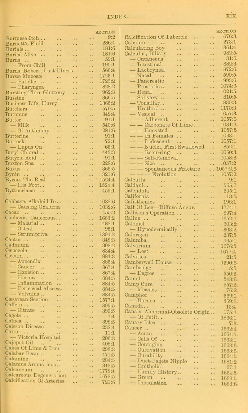 Burmese Itch SECTION 9:2 Burnett’s Fluid 286:4 Burials .. 181:6 Buried Alive 181:6 Burns .. 59:1 — From Chill 190:1 Burns, Robert, Last Illness 566:4 Burs® Mucos® 1723:1 — Patell® .. 1723:2 — Pharyngea 828:2 Bursting Thro’ Gluttony 962:3 Bussine 366:5 Business Life, Hurry 1365:2 Butchers 570:5 Butomus 342:4 Butter 91:1 — Milk 540:6 — Of Antimony 281:6 Butterine 91:1 Buttock 72:1 — Lupus On 65:1 Butyl Chloral 443:3 Butyric Acid 91:1 Buxton Spa 228:6 Buxus 366:5 Bynin 321:6 Byron, The Real 1524:4 — His Foot 1524:4 Byttneriac® .. 455:1 Cabbage, Alkaloid In.. 1032:6 — Causing Oxaluria 1032:6 Cacao 455:2 Cachexia, Cancerous.. 1663:2 — Malarial .. 1482:1 — Osteal 95:1 — Strumipriva 1394:2 Cactus 348:3 Cadmium 308:2 C®cocele 834:4 C»cum .. 884:3 — Appendix 885:4 — Cancer .. 867:4 — Excision .. 867:4 — Hernia .. 884:5 — Inflammation .. 884:5 — Peric®cal Abscess 884:5 — Volvulus.. 884:5 C®sarean Section 1577:1 Caffein .. 399:5 — Citrate .. 399:5 Cagots 7:4 Cainca .. 398:5 Caisson Disease 232:4 Cairo .. 11:1 — Victoria Hospital 206:3 Cajeput Oil 408:1 Cakes Of Lime & Iron 293:3 Calabar Bean .. 471:3 Calamino 284:5 Calamus Aromaticus.. 342:5 Calcaneum 1778:4 Calcareous Degeneration 1672:5 Calcification Of Arteries 721:6 section: Calcification Of Tubercle .. .. 676:3 Calcium .. .. .. . • 273:1 Calculating Boy .. .. .. 1361:4 Calculus, Biliary .. • .. .. 982:5 — Cutaneous .. .. .. 31:6 — Intestinal .. .. .. 882:3. — Lachrymal .. .. .. 1872:6 — Nasal .. .. .. .. 590:5 —-Pancreatic .. .... .. 993:6 -—Prostatic.. .. .. .. 1074:6 — Renal 1021:5 -— Salivary .. .. .. .. 810:5 — Tonsillar.. .. .. .. 830:3 — Urethral.. .. .. .. 1170:3 — Vesical .. .. .. .. 1057:3 Adherent .. .. .. 1057:6 Carbonate Of Lime.. .. 1031:6 -Encysted ... .. .. 1057:5 In Eemales .. .. .. 1063:1 Iridescent .. .. .. 1057:1 Nuclei, First Swallowed .. 852:1 Recurring .. ... .. 1060:3 Self-Removal .. .. 1058:3 Size .... ... .... .. 1057:2 Spontaneous Fracture .. 1057:2,6 Evolution .. .. 1057:2 Calcutta .... ... .. .. 9:1 Caldani.. .. .. .. .. 565;7 Calendula .. ... .. .. 395:1 California .. ... .. .. 13:5 Calisthenics .. ... .. .. 198:1 Calf Of Leg—Diffuse Anour. .. 1774:1 Callisen’s Operation .. .. .. 897:4 Callus 1652:4 Calomel .. .. .. .. 303:2. — Hypodermically ... .. 303:2 Calorigen .. .. .. .. 237:5 Calumba ... .. .. .. 465:1 Calvarium .. .. .. .. ' 1676:5 — Lost 1677:4 Calvities .. .. .. .. 21:5 Camberwell House .. .. .. 1390:6- Cambridge .. .. .. .. 5:5 — Degree 550:3 Camel 543:6 Camp Cure 257:2. — Measles .. .. .. .. 76:2. Camphor 369:1 — Borneo 369:6 Canada.. .. .. .. .. 13:4 Canals, Abnormal-Obsolete Origin.. 175:4 — Of Petit.. 1866:1 Canary Isles .. .. .. .. 7:3. Cancer 1662:4 — Acute 1664:5 — Cells Of 1663:1 — Contagion 1663:6 — Cultivation 1663:6- — Curability 1664:5 — Duct-Pagets Nipple .. .. 1681:2 — Epithelial .. .. .. 67:1 — Family History. 1664:5. — Green 1669: — Inoculation .. .. 1663: a o-t