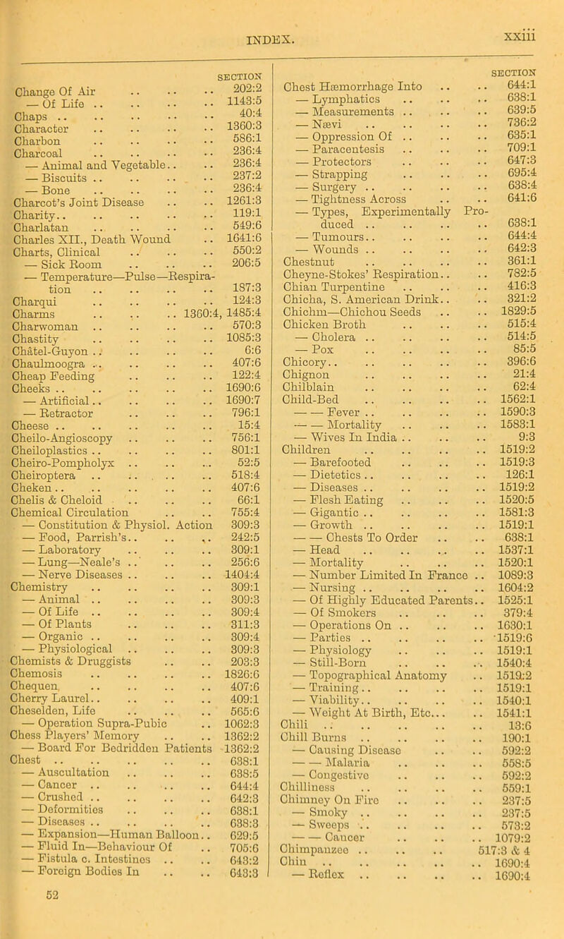 Change Of Air SECTION 202:2 — Of Life 1143:5 Chaps 40:4 Character 1360:3 Charbon 586:1 Charcoal 236:4 — Animal and Vegetable.. 236:4 — Biscuits .. 237:2 — Bone 236:4 Charcot’s Joint Disease 1261:3 Charity.. 119:1 Charlatan 549:6 Charles XII., Death Wound 1641:6 Charts, Clinical 550:2 — Sick Room 206:5 — Temperature—Pulse—Respira- tion 187:3 Charqui 124:3 Charms 1360:4 1485:4 Charwoman 570:3 Chastity 1085:3 Chatel-Guyon .: 6:6 Chaulmoogra 407:6 Cheap Feeding 122:4 Cheeks 1690:6 — Artificial.. 1690:7 — Retractor 796:1 Cheese .. 15:4 Cheilo-Angioscopy 756:1 Cheiloplastics .. 801:1 Cheiro-Pompholyx 52:5 Cheiroptera .. .. 518:4 Cheken 407:6 Chelis & Cheloid 66:1 Chemical Circulation 755:4 , — Constitution & Physiol. Action 309:3 — Food, Parrish’s.. ^ • 242:5 — Laboratory 309:1 — Lung—Neale’s ..' 256:6 — Nerve Diseases 1404:4 Chemistry 309:1 — Animal 309:3 — Of Life 309:4 — Of Plants 311:3 — Organic .. 309:4 — Physiological 309:3 Chemists & Druggists 203:3 Chemosis 1826:6 Chequen, 407:6 Cherry Laurel 409:1 Cheselden, Life 565:6 — Operation Supra-Pubic 1062:3 Chess Players’ Memory 1362:2 — Board For Bedriddon Pationts 1362:2 Chest .. 638:1 — Auscultation 638:5 — Cancer .. 644:4 — Crushed .. 642:3 — Deformities 638:1 — Diseases .. 638:3 — Expansion—Human Balloon.. 629:5 — Fluid In—Behaviour Of 705:6 — Fistula c. Intostines .. 643:2 — Foroign Bodios In 643:3 Chest Haemorrhage Into SECTION 644:1 — Lymphatics 638:1 — Measurements .. 639:5 — Naevi 736:2 — Oppression Of .. 635:1 — Paracentesis 709:1 — Protectors 647:3 — Strapping .. .. 695:4 — Surgery 638:4 — Tightness Across 641:6 — Types, Experimentally Pro- duced .. 638:1 — Tumours.. 644:4 — Wounds 642:3 Chestnut 361:1 Cheyne-Stokes’ Respiration.. 782:5 Chian Turpentine .. .. 416:3 Chicha, S. American Drink.. 321:2 Chickm—Chichou Seeds 1829:5 Chicken Broth 515:4 — Cholera .. 514:5 — Pox 85:5 Chicory.. 396:6 Chignon 21:4 Chilblain 62:4 Child-Bed 1562:1 Fever 1590:3 Mortality 1583:1 — Wives In India 9:3 Children 1519:2 — Barefooted 1519:3 — Dietetics.. 126:1 — Diseases .. 1519:2 — Flesh Eating 1520:5 — Gigantic .. 1581:3 — Growth .. 1519:1 Chests To Order 638:1 — Head 1537:1 — Mortality 1520:1 — Number Limited In France 1089:3 — Nursing .. 1604:2 — Of Highly Educated Parents 1525:1 — Of Smokers 379:4 — Operations On .. 1630:1 — Parties .. 1519:6 — Physiology 1519:1 — Still-Born 1540:4 — Topographical Anatomy 1519:2 — Training.. 1519:1 — Viability.. 1540:1 — Weight At Birth, Etc... 1541:1 Chili 13:6 Chill Burns .. 190:1 — Causing Disease 592:2 Malaria 55S:5 — Congestive 592:2 Chilliness 559:1 Chimney On Fire 237:5 — Smoky .. 237:5 — Sweeps .. 573:2 Caucer 1079:2 Chimpanzee .. 17:3 & 4 Chin 1690:4 — Rollex .. 1690:4 52