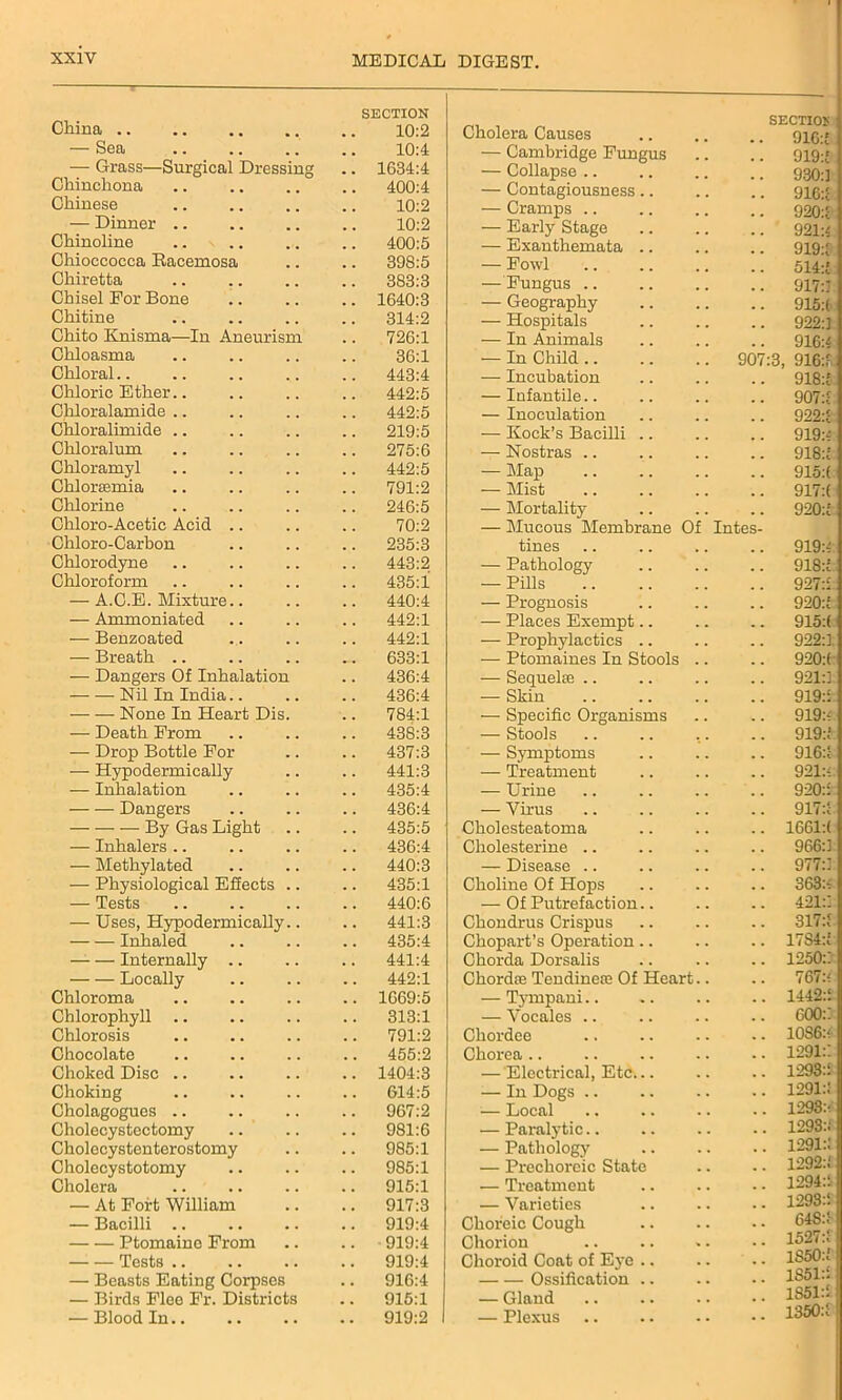China .. — Sea — Grass—Surgical Dressing Chinchona Chinese — Dinner .. Chinoline Chioccocca Racemosa Chiretta Chisel For Bone Chitine Chito Knisma—In Aneurism Chloasma Chloral Chloric Ether.. Chloralamide Chloralimide .. Chloralum Chloramyl Chloramia Chlorine Chloro-Acetic Acid .. Chloro-Carbon Chlorodyne Chloroform — A.C.E. Mixture.. — Ammoniated — Benzoated — Breath .. — Dangers Of Inhalation Nil In India.. None In Heart Dis — Death From — Drop Bottle For — Hypodermically — Inhalation Dangers By Gas Light — Inhalers .. — Methylated — Physiological Effects — Tests — Uses, Hypodermically Inhaled Internally Locally Chloroma Chlorophyll Chlorosis Chocolate Choked Disc Choking Cholagogues Cholecystectomy Cholecystenterostomy Cholecystotomy Cholera SECTION 10:2 10:4 1634:4 400:4 10:2 10:2 400:5 398:5 614:5 967:2 981:6 985:1 985:1 915:1 Cholera Causes — Cambridge Fungus — Collapse .. — Contagiousness — Cramps .. — Early Stage — Exanthemata — Fowl 383:3 — Fungus .. 917:’ 1640:3 — Geography 915:1 314:2 — Hospitals 922:1 726:1 — In Animals 916:* 36:1 — In Child .. 907:3, 916:?, 443:4 — Incubation 918:5 442:5 — Infantile.. 907:? 442:5 — Inoculation 922:5 219:5 — Kock’s Bacilli .. 919:* 275:6 — Nostras .. 918:? 442:5 — Map 915:( 791:2 — Mist 917:( 246:5 70:2 — Mortality — Mucous Membrane Of' Intes- 920:£ 235:3 tines 919:* 443:2 — Pathology 918:£ 435:1 — Pills 927:1 440:4 — Prognosis 920:£ 442:1 — Places Exempt.. 915:( 442:1 — Prophylactics .. 922:1 633:1 — Ptomaines In Stools 920:( 436:4 — Sequela .. 921:1 436:4 — Skin 919:5 784:1 — Specific Organisms 919:* 438:3 — Stools 919:£ 437:3 — Symptoms 916:5 441:3 — Treatment 921:*. 435:4 — Urine 9202 436:4 — Virus 917:5 435:5 Cholesteatoma 1661:( 436:4 Cholesterine .. 966:1 440:3 — Disease 977:1 435:1 Choline Of Hops 363:* 440:6 — Of Putrefaction.. 421:1 441:3 Chondrus Crispus 317:5 435:4 Chopart’s Operation.. 17S4:£ 441:4 Chorda Dorsalis 1250:1 442:1 Chorda Tendineie Of Heart.. 767:* 1669:5 — Tjmpani.. 1442:1 313:1 — Vocales .. 600:1 791:2 Chordee 10S6:* 455:2 Chorea .. 1291:1 1404:3 — Electrical, Etc... 1293:1 — In Dogs .. — Local — Paralytic.. — Pathology — Prechoreic State — Treatment — At Fort William 917:3 — Varieties 1293: — Bacilli .. 919:4 Choreic Cough 648: Ptomaine From 919:4 Chorion 1527: Tests .. 919:4 Choroid Coat of Eye .. 1850: — Beasts Eating Corpses 916:4 Ossification .. 1S51: — Birds Flee Fr. Districts 915:1 — Gland 1S51. — Blood In.. , . 919:2 — Plexus 1350: SECTION 916:£ 919:£ 930:1 916:5 920:1 921:* 919:1 1291:1 1293:- 1293:f 1291:1 1292:1 1294:1