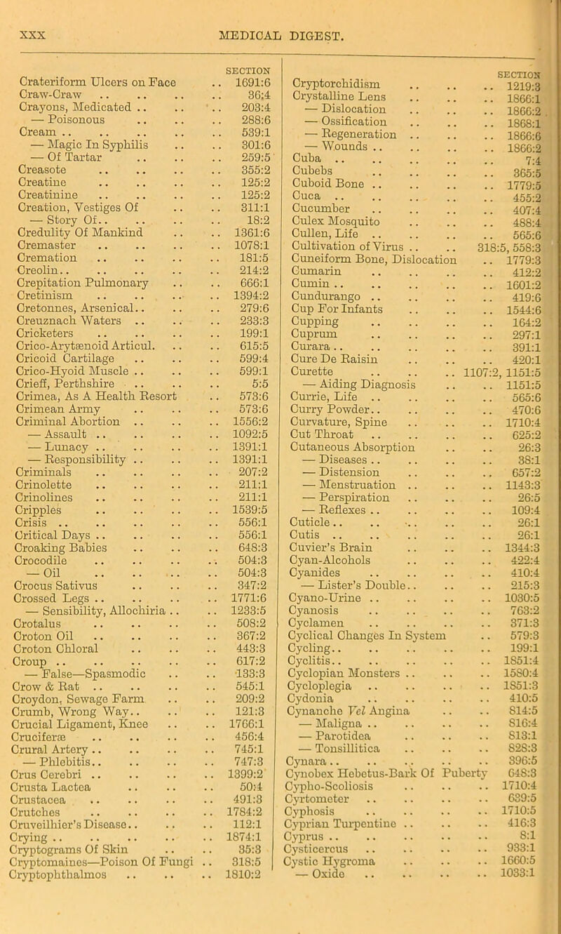 Crateriform Ulcers on Pace SECTION 1691:6 Craw-Craw . . 36:4 Crayons, Medicated .. , , . . 203:4 — Poisonous t 288:6 Cream .. , , 539:1 — Magic In Sypliilis . . . . 301:6 — Of Tartar . . . . 259:5 Creasote . . , . 355:2 Creatine , , 125:2 Creatinine . . , , 125:2 Creation, Yestiges Of , . 311:1 — Story Of.. 18:2 Credulity Of Mankind . . 1361:6 Cremaster 1078:1 Cremation 181:5 Creolin . . 214:2 Crepitation Pulmonary . . 666:1 Cretinism . . 1394:2 Cretonnes, Arsenical.. . # 279:6 Creuznacli Waters .. . . 233:3 Cricketers . . 199:1 Crico-Arytsenoid Articul. . . . . 615:5 Cricoid Cartilage . . 599:4 Crico-Hyoid Muscle .. . . 599:1 Crieff, Perthshire . , 5:5 Crimea, As A Health Resort 573:6 Crimean Army 573:6 Criminal Abortion .. 1556:2 — Assault .. . . . . 1092:5 — Lunacy .. . . 1391:1 — Responsibility .. . . 1391:1 Criminals . . 207:2 Crinolette . . . . 211:1 Crinolines 211:1 Cripples . . 1539:5 Crisis 556:1 Critical Days .. . . 556:1 Croaking Babies . . 648:3 Crocodile 504:3 — Oil . , 504:3 Crocus Sativus . . 347:2 Crossed Legs .. . . 1771:6 — Sensibility, Allochiria . . 1233:5 Crotalus . . 508:2 Croton Oil . . 367:2 Croton Chloral . . . . 443:3 Croup . . . . 617:2 — False—Spasmodic •133:3 Crow & Rat . . . . 545:1 Croydon, Sewage Farm . . . . 209:2 Crumb, Wrong Way.. . . 121:3 Crucial Ligament, Knee 1766:1 Crucifer® . . 456:4 Crural Artery.. . . 745:1 — Phlebitis.. . . 747:3 Crus Cerebri .. 1399:2 Crusta Lactea 50:4 Crustacea . . 491:3 Crutches . . 1784:2 Cruveilhier’s Disease.. 112:1 Crying . . 1874:1 Cryptograms Of Skin . . 35:3 Cryptomaines—Poison Of Fungi . . 318:5 Cryptophthalmos • • 1810:2 Cryptorchidism SECTION .. 1219:3 Crystalline Lens .. 1866:1 — Dislocation .. 1866:2 — Ossification .. 1868:1 — Regeneration .. .. 1866:6 — Wounds .. .. 1866:2 Cuba .. 7:4 Cubebs .. 365:5 Cuboid Bone .. .. 1779:5 Cuca .. 455:2 Cucumber 407:4 Culex Mosquito .. 488:4 Cullen, Life .. .. 565:6 Cultivation of Virus 318:5, 558:3 Cuneiform Bone, Dislocation .. 1779:3 Cumarin .. 412:2 Cumin .. .. 1601:2 Cundurango .. .. 419:6 Cup For Infants .. 1544:6 Cupping .. 164:2 Cuprum .. 297:1 Curara.. .. 391:1 Cure De Raisin .. 420:1 Curette 1107:2, 1151:5 — Aiding Diagnosis .. 1151:5 Currie, Life .. 565:6 Curry Powder.. .. 470:6 Curvature, Spine .. 1710:4 Cut Throat 625:2 Cutaneous Absorption 26:3 — Diseases .. 38:1 — Distension .. 657:2 — Menstruation .. .. 1143:3 — Perspiration 26:5 — Reflexes .. .. 109:4 Cuticle.. 26:1 Cutis .. 26:1 Cuvier’s Brain .. 1344:3 Cyan-Alcohols .. 422:4 Cyanides .. 410:4 — Lister’s Double .. 215:3 Cyano-Urine .. .. 1030:5 Cyanosis .. 763:2 Cyclamen .. 371:3 Cyclical Changes In System .. 579:3 Cycling .. 199:1 Cyclitis.. .. 1S514 Cyclopian Monsters .. 1580:4 Cycloplegia .. 1S51:3 Cydonia .. 410:5 Cynanche Ycl Angina .. S14:5 — Maligna .. .. S16:4 — Parotidea .. S13:l — Tonsillitica .. S2S:3 Cynara.. .. 396:5 Cynobex Hebetus-Bark Of Puberty 61S:3 Cypho-Scoliosis .. 1710:4 Cyrtometer .. 639:5 Cyphosis .. 1710:5 Cyprian Turpentine .. 416:3 Cyprus .. 8:1 Cysticercus .. 933:1 Cystic Hygroma .. 1660:5 — Oxide .. 1033:1