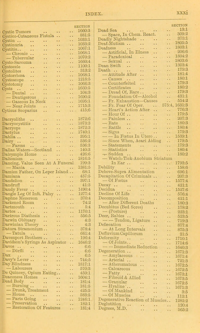 Cystic Tumors SECTION 1660:3 Cystico-Cutaneous Fistula .. 881:5 Cystin .. 1033:1 Cystinuria 1033:2 Cystitis.. 1067:1 — Chronic .. 1068:1 — Tubercular 1070:2 Cysto-Sarcoma 1660:4 Cystocele 1100:1 Cystolites 313:2 Cystorrhcea 1068:1 Cystoscope .. .. i • 1218:5 Cystotomy 1066:3 Cysts 1660:5 — Dental .. 104:3 — Dentigerous 1690:2 — Gaseous In Neck 1695:1 — Near Joints 1715:3 Cytisus Scoparius 415:6 Dacryoliths 1S72:6 Dacryocystitis 1873:3 Dacryops 1872:3 Dactylus 1740:1 Dahlia 395:1 Dairy .. 536:2 — Farms .. 536:3 Dallas Waters—Scotland .. 140:3 Dalrymple Home 426:6 Daltonism 1816:5 Dancing, Value Seen At A Funeral 199:3 — Mania 1381:5 Damien Father, On Leper Island 68:1 Damiana 457:5 Dandelion 397:1 Dandruff 41:3 Dandy Fever 1490:4 Dangle Leg Of Iuft. Palsy .. 1277:4 Daphne Mezereon 370:4 Darkened Boom 74:2 Dartmouth 5:4 Dartos 1170:1 Dartrous Diathesis 556:5 Darwin Obituary 4:3 Darwinian Theory 4:3 Datura Stramonium.. 378:4 — Tatula 661:4 Davenport Brothers .. 196:4 Davidson’s Syringe As Aspirator 1646:2 Davos .. 6:6 — Dorfli 6:6 Dax 6:5 Davy’s Lever 744:5 Day Blindness 1817:1 — Labourers 570:3 Do Quincey, Opium Eating.. 459:1 Deaconess Homes 1604:1 Dead Body 181:4 — Burning .. 181:5 — Drunk, Treatment 425:5 — House 583:5 — Parts Going 1246:1 — Preservation 182:1 — Restoration Of Features 181:4 Dead Sea SECTION 13:1 — Space, In Chem. React. 309:2 Deadly Nightshade 375:1 Deaf-Mutism .. 1805:5 Deafness 1803:1 — Artificial, In Illness .. 206:6 — Paradoxical 1804:2 — Sexual .. 1803:6 Dean Swift 1303:4 Death .. 179:3 — Attitude After .. 181:4 — Causes 180:1 — Counterfeited .. 179:3 — Certificates 180:2 — Dread Of, Rare .. 179:3 — Foundation Of—Alcohol 431:1 — Fr. Exhaustion—Causes 554:2 — Fr. Fear Of Oper. 575:4, 1631:3 — Heart’s Action After .. 776:3 — Hour Of .. 179:5 — Painless .. 207:3 — Rate 180:3 — Rattle 180:4 — Signs 179:3 — — In Fcetus In U tero .. 1539:1 — Since When, Acari Aiding 179:5 — Statements 179:3 — Statistics 180:4 — Sudden .. 1S0:2 — Watch-Tick-Anobium Striatum In Ear .. 1793:5 Debility 158:6 Debove-Supra Alimentation 696:1 Decapitation Of Criminals .. 207:3 — Of Foetus 1577:4 Decay 421:1 Decidua 1527:6 Decline Of Life 576:4 Decomposition 421:1 — After DiSerent Deaths 180:3 Decubitus (Bed Sores) 178:2 — (Posture) 223:1 Deer, Rabies .. 523:5 Tendon, Ligature .. 719:3 Defascation 877:4 — At Long Intervals S75:3 Defluvium Capillorum 21:5 Deformity 1710:1 — Of Joints.. 1714:6 — — Immediate Reduction 1640:3 Degeneration .. 1671:3 — Amylaceous 1671:4 — Arterial .. 721:3 — Atheromatous .. 1672:5 — Calcareous 1672:5 •— Fatty 1673:1 — Fibroid & Allied 1673:5 — Granular 1672:5 — Hyalino'.. 1071:3 — Of Mankind 3:5 — Of Muscles 112:1 Dogenerativo Reaction of Muscles.. 1282:2 Deglutition 120:4 Degrees, M.D. . . 565:2