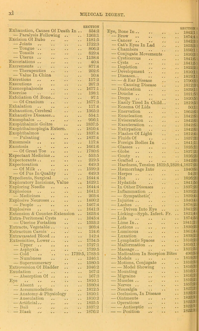 Exhaustion, Causes Of Death In SECTION .. 554:2 — Paralysis Following 12G3:1 Excision Of Bubo 1181:5 — Joints 1722:3 — Tongue .. 806:2 — Tonsils .. 829:4 — Uterus .. 1138:4 Excoriations .. 40:4 Excrements .. 877:4 — Therapeutics 202:6 — Value In China 10:4 Excretions 117:2 Executions 207:3 Exencephalocele 1677:1 Exercise 198:1 Exfoliation Of Bone.. 97:1 — Of Cranium 1677:3 Exhalation . .1 117:4 Exhaustion, Cerebral 1365:2 Exhaustive Diseases.. 554:1 Exomphalos .. 956:1 Exophthalmic Goitre 1837:5 Exophthalmoplegia Extern. 1810:4 Exophthalmos 1837:4 — Pulsating 1837:4 Exosmosis 117:4 Exostosis 1661:6 — Of Great Toe .. 1780:6 Expectant Medicine.. 553:5 Expectorants .. 219:5 Expectoration 649:3 — Of Milk .. 1599:2 — Of Pus In Quality 649:3 Expedients, Surgical 1644:4 Exploratory Incisions, Value « • 1629:1 Exploring Needle 1644:4 Explosions 1641:1 — Medicines 203:4 Explosive Neuroses .. 1400:2 — People .. 1467:4 Explosives 1641:3 Extension & Counter-Extension 1653:4 Extra-Peritoneal Cysts 1045:4 — Uterine Foetation 1553:2 Extracts, Vegetable .. 203:4 Extractum Carnis .. 124:6 Extravasated Blood .. 142:4 Extremities, Lower .. 1754:5 — Upper 1727:1 — Asphyxia 1739:5 — Cold .. 1739:5 1783:5 — Numbness 1246:1 — Supernumerary 1580:5 Extrovorsion Of Bladder 1046:2 Exudation 167:2 — Absorption Of .. 167:3 Eye 1810:1 — Absent .. 1580:4 — Accommodation 1812:5 — Anatomy-& Physiology 1810:1 — Ausculation 1810:2 — Artificial.... 1825:5 — Ball 1837:2 — Black •• .. •. 1876:2 Eye, Bone In... SECTION S .. 1842:1 — Brow .. 1874:4 1 — Cancer .. .. 1842:3 3 — Cat’s Eyes In Lad .. 1853:3 S •— Chambers .. 1850:1 — Conjugate Movements .. 1810:3 — Cysticercus .. 1841:6 — Cysts .. 1841:5' — Depletion .. 1822:2. — Development .. .. 1810:1: — Diseases.. .. 1819:1 & Ear Disease .. 1790:31 Causing Disease .. 1812:3 — Dislocation .. 1839:11 — Douche .. .. 1821:5' — Drops .. 1S20:55 — Easily Tired In Child.. .. 1819:5: — Eczema Of Lids 50:11 — Enervation .. 1862:6 — Enucleation .. 1842:6 — Evisceration .. 1842:6 — Exenteration .. 1842:6 ■— Extirpation .. 1842:6 — Flashes Of Light .. 1812:4: — Fluids Of .. 1837:22 — Foreign Bodies In ,. .. 1841:11 — Glasses .. .. 1825:11 — Globe .. 1S37:2: — Gouty .. 1S26:22 — Grafted .. .. 1842:65 — Hardness, Tension 1819:5,1828:4,1837:2. — Htemorrhage Into .. 1S40:6 — Herpes .. 54:3? — Hot .. 1826:22 — Hydatids .. 1841:5: — In Other Diseases .. 1S37:2: — Inflammation .. .. 1S39:22 Sympathetic) .. 1839:4- — Injuries .. .. 1S40:4: — Lashes .. .. 1S7S:2. Driven Into Eye .. .. 1S41:22 — Licking—Syph. Infect. Fr. .. 1S21:4^ — Lids .. 1S74:5=> — Lime In.. .. 1S41:2: — Lotions .. .. 1S20:2: — Luminous .. 1S61:4 — Luxation .. 1S39:2. — Lymphatic Spaces .. 1S10:2. — Malformation .. .. 1S10:1: — Massage.. .. 1821:5 — Medication In Scorpion Bites 490:5 — Models .. 1S19:3 — Motions, Conjugate .. .. 1S10:3 Model Showing .. 1810:3 — Mounting .. 1S10:1 — Migraine .. 1S16:2 — Muscles .. .. 1S10:2 — Nerves .. 1S57:2 — Neuralgia .. 1S27:2 — Occlusion, In Disease .. 1820:2. — Ointments .. 1S20:3 — Operations .. 1822:3 Antiseptic .. .. 1S22:3 Position .. 1822:3
