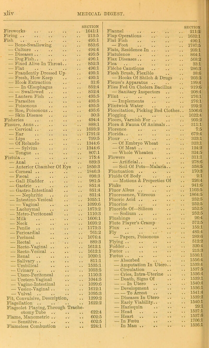 Fireworks .. SECTION .. 1641:1 Flannel SECTION Firing .. . i . . 213:5 Flap Operations , 9 1632:1 Fish . . . . 495:1 Flat Fish 496:1 — Bone-Swallowing . . 853:6 — Foot 1787:5 -— Culture .. , , 494:4 Flats, Residence In .. 205:1 — Diseases .. • • . . 495:5 Flatulence 864:1 — Dog Fish.. • . . . 496:1 Flax Diseases.. # • 568:2 — Fixed Alive In Throat.. 852:3 Flea 33:1 — Flat • . . . 496:1 Flfiche Caustique 286:3 — Fraudently Dressed Up 495:1 Flesh Brush, Flexible . . 38:6 — Fresh, How Keep • • 495:1 — Hooks Of Shiloh & Drugs 203:3 — Hook Extraction . . . . 31:6 Fleuss’s Apparatus .. # # 199:4 In (Esophagus . . 852:4 Flies Fed On Cholera Bacillus 919:6 Swallowed .. . . 852:4 — Sanitary Inspectors 208:4 — Lantern Fish .. . . 495:5 Flint 276:1 — Parasites . . . . 495:5 — Implements . . 276:1 — Poisonous • • 495:5 Flintwick Water . . 293:2 — Roe, Poisonous .. • • , . 495:6 Floccitation, Picking Bed Clothes 1506:6 — Skin Disease 30:3 Flogging . . 1622:4 Fisheries . . . . 494:4 Floors, Varnish For .. . . . . 205:2 Fissure, Anus .. • • . . 888:1 Flora & Fauna Of Animals . . . . 311:1 — Cervical .. • • . . 1693:2 Florence . . , . 7:5 — Ear • • . . ' 1791:2 Florida.. . . . . 679:4 — Lips • . . . 799:5 Flour .. . . . . 323:1 — Of Rolando . . 1344:6 — Of Embryo Wheat . . . . 323:1 Sylvius • • . . 1344:6 -— Of Meat .. , . 124:2 — Tongue .. • • . . 807:1 — Whole Wheaten 324:5 Fistula.. • • . . 175:4 Flowers . . 311:1 — Anal • • . . 889:3 — Artificial.. . . 278:6 — Anterior Chamber Of Eye 1850:3 — Soil Of Pots—Malaria.. 558:5 — Corneal . i • • . . 1846:3 Fluctuation .. . . 170:3 — Fsecal . • • • 898:3 Fluids Of Body . . . . 2:1 — Gall Bladder . . . . 981:5 — Motions & Properties Of . . 226:4 — Gastric .. • ■ • • 851:4 Fluke . . 941:6 — Gastro-Intestinal • • . . 851:4 Fluor Albus .. . . 1103:5 Nephritic . . . . 851:4 Fluoresence, Vitreous . . . . 1864:5 — Intestino-Vesical • • . . 1055:1 Fluoric Acid .. . . . . . 252:5 Vaginal . • • • 1099:6 Fluorine . . 252:5 — Lachrymal • • • • 1873:2 Fluoride Of—Silicon . . 252:5 — Metro-Peritoneal • • . • 1110:3 — Sodium .. . . . . 252:5 — Milk • . . . 1606:1 Flushings . • . . 26:4 — Neck • . « • 1693:2 Flute Player’s Cramp . . 572:5 — Penile • • . • 1173:3 Flux . . 155:1 — Pericardial 761:2 Fly . . . • 4S5:4 — Perineal • • . . 1076:4 — Papers, Poisonous . . . . 2S9:6 — Rectal • • . . 889:3 Flying . . • . 512:2 — Recto-Vaginal .. 1612:1 Fodder.. • • • • 320:4 — Recto-Vesical .. • • . . 1612:1 Fcetor .. . . . . 215:3 — Renal 1020:1 Foetus .. . . . . 1536:1 — Salivary .. « • • • 811:1 — Absorbed • . . . 1556:4 — Umbilical • • . . 1535:1 — Amputation In Utero.. 1539:4 — Urinary .. 1053:5 — Circulation . . . • 1537:5 — Utero-Peritoneal 1110:3 — Cries, Intra-Uterine . • 1536:4 — Uretero-Vaginal • • • • 1044:5 — Death, Signs Of • • • • 1539:1 — Vagino-Intestinal • • • • 1099:6 In Utero • • ... 1540:4 — Vesico-Vaginal .. • • • • 1612:1 — Development .. • • • • 1536:1 — Vulval .. 1095:3 To Arrest . • • • 1541:4 Fit, Convulsive, Description, 1299:2 — Diseases In Utero • • 1539:2 Flagellation .. • . • • 1622:2 — Early Viability.. • • • * 1540:1 Flageolet Playing, Through Trachc- — Harlequin • • * • 29:1 otomy Tube .. • • • • 622:4 — Head • • • • 1537:1 Flame, Manometric .. 602:5 — Heart • • • • 1537:6 — Sensitive.. 602:5 — In Fcetu • • • • 1706:1 Flameless Combustion • • • • 224:1 In Man .. • • •• 1536:1