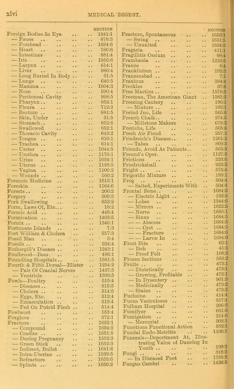 Foreign Bodies In Eye SECTION .. 1841:1 Fracture, Spontaneous SECTION .. 1653:1 — Faeces 878:3 — Swing . . 1051:5 — Forehead • .. 1684:6 — Ununited 1054:5 — Heart .. .» 786:6 Fragaria 411:1 — Intestines 881:4 Fragillitis Ossium .. . , 98:4 — Iris 1856:6 Frambsesia 1210:5 — Larynx .. ., • t ' 614:1 France 6:4 — Liver 980:4 Franklinism .. 192:3 — Long Buried In Body 31:5 Franzensbad .. 7:1 — Lungs 646:5 Fraxinus .. # . 384:4 — Mamma .. 1604:3 Freckles 37:6 — Nose 590:4 Free Martins 1578:5 — Peritoneal Cavity 998:5 Freeman, The American Giant 1581:3 — Pharynx.. 852:1 Freezing Cautery 190:1 — Pleura 712:2 — Mixture . , 189:1 — Rectum .. 881:5 Freind Jno, Life 565:6 — Skin, Under 31:5 French Chalk.. 274:5 — Stomach.. 852:6 — Millstone Makers . . 678:2 — Swallowed 852:1 Frerichs, Life 565:6 — Thoracic Cavity 643:2 Fresh Air Fiend m . 257:2 — Tongue .. 810:1 Friedreich’s Disease.. 1261:2 — Trachea 614:1 — Tabes 809:5 — Ureter 1044:5 Friends, Avoid As Patients.. . . 565:5 — Urethra .. 1170:1 Freund’s Oper. 1127:5 — Urine 1034:1 Frictions . , 223:6 — Uterus .. 1128:5 Friedrickshall .. . * . . 233:3. — Vagina .. • v ■ 1100:2 Fright . . 575:4 — Wounds . . 160:2 Frigorific Mixture .. . . 189:1 Forensic Medicine .. 1615:1 Frog . . 504:4 Foreskin 1164:6 — Salted, Experiments With . . 504:4 Forests 200:2 Frontal Bone.. . . 1684:5 Forgery 309:3 — Electric Light .. . . 192:5 Fork Swallowing 853:2 — Lobes . • 1344:6 Form, Laws Of, Etc... 18:2 — Mirrors .. 1822:5 Formic Acid .. 448:4 — Nerve . . 1685:1 Formication .. 1403:5 — Sinus . . 1684:5 Fornix 1346:1 Abscess . . 1684:5 Fortunate Islands 7:3 Cyst .. . . 1684:5 Fort William & Cholera 917:3 Fracture . . 1684:6 Fossil Man 3:4 • Larvae In . . 1684:6 Fossils .. 234:4 Frost Bite 62:1 Fothergill’s Disease .. 1243:1 — Itch 45:5 Foulbrood—Bees 486:1 — Proof Felt 1SS:2 Foundling Hospitals.. 1581:5 Frozen Sections 583:2 Fourth & Fifth Dorsal—Blister 1254:2 Fruits .. 473:1 — Pair Of Cranial Nerves 1437:5 — Dietetically . . 473:1 — Ventricle 1398:5 — Growing, Profitable .. . . 473:1 Fowls—Poultry 515:4 — In Dysentery .. 901:3 — Diseases.. 515:5 — Medicinally • • 473:2 — Cholera .. .. 514:5 — Stains . . 473:2 — Eggs, Etc. 512:4 Fuchsine . • 414:4 — Emasculation .. 515:4 Fucus Vesiculosus .. . . 317:4 — Fed On Putrid Flesh 514:4 Fulham Hospital 206:3 Fowlwort 153:4 Fumifyer 661:6 Foxglove 372:1 Fumigation .. 214:6 Fracture 1652:1 — Mercurial • • 302:1 — Compound 1654:2 Functions Functional Action • • 582:1 — Cradles .. 1651:5 Fundal Endo-Metritis - - 1106:1 — During Pregnancy 1552:3 Funerals—Deportment At, Illus- — Green Stick 1652:3 trating Value of Dancing In 199:3 318:2 — Indirect, Bullet 1641:6 Youth .. . - . — Intra-Uterine .. 1539:5 Fungi — Refracture 1653:6 — In Diseased Foot • • 1785:2 1426:5 — Splints . * • .v • •. 1650:2 Fungus Cerebri - *