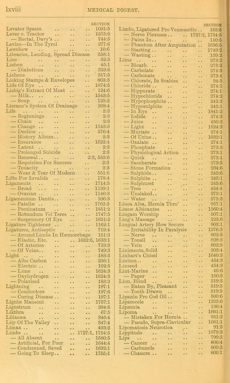 SECTION SECTION Levator Spasm . . .. 1091:5 Limbs, Ligatured Pro Vemesectio .. 163:5 Lever c. Tractor . . .. 1575:0 —: Nerve Plexuses .. .. 1727:2 , 1754:5 — Rectal, Davy’s .. . . .. 744:5 — Pains In.. 110:5 Levico—In The Tyrol . . 277:6 — Phantom After Amputation .. 1636:5 Lewchew . . 10:6 — Starting .. 1749:2 Libraries, Lending, Spread Disease 558:1 — Wasting .. 159:2 Lice 32:5 Lime .. 273:2 Lichen 45:1 -— Bicarb. .. 273:3 — Diabeticus .. 333:6 — Carbolate 274:3 Lichens . . .. 317:5 — Carbonate 273:4 Licking Stamps & Envelopes 803:3 — Chlorate, In Scabies .. 34:5 Lids Of Eye .. . . .. 1874:5 — Chloride .. 274:1 Liebig’s Extract Of Meat . • 124:6 — Hippurate 274:1 — Milk .. 1543:5 — Hypochloride .. 274:2 — Soup . . 125:2 — Hypophosphite .. 242:3 Liernur’s System Of Drainage 208:4 -— Hyposulphite .. 245:1 Life . . 2:3 — In Eye .. 1841:2 — Beginnings 2:3 — Iodide 274:3 — Chain 2:3 ■— Juice 450:3 — Change .. . . .. 1143:5 — Light 1624:3 — Decline .. . . 576:4 •— Muriate .. 274:1 — History Album.. . . 2:3 — Of Urine .. 1032:1 — Insurance . . .. 1622:4 — Oxalate .. 274:1 — Latent .. . . 2:3 — Phosphate 273:5 — Prolonged Suicide . . 2:3 — Physiological Action .. 273:1 — Renewal.. . . 2:3, 553:6 — Quick 273:1 — Requisites For Success 2:3 — Saccharate 273:5 — Tenacity . . 2:3 — Stone Formation 234:6 — Wear & Tear Of Modern 551:6 — Sulphide.. 245:6 Lifts For Invalids . . 178:4 — Sulphite .. 245:1 Ligaments . . .. 1714:5 — Sulphuret 245:6 — Broad . . .. 1139:1 — Tree 454:4 — Ovarian .. . . .. 1140:3 — Unslaked.. 273:1 Ligamentum Dentis.. , . .. 106:3 — Water 273:3 — Patellae .. . . .. 1762:3 Linea Alba, Hernia Thro’ .. 957:1 — Pectinatum . . • • 1851:2 Linete Albicantes 1560:4 — Rotundum Vcl Teres . . .. 1747:5 Lingam Worship 507:1 — Suspensory Of Eye . . .. 1851:2 Ling’s Massage 223:6 Ligature Tightener .. . . .. 1162:1 Lingual Artery How Secure S03:l Ligatures, Antiseptic . . 719:4 — Irritability In Paralysis 1276:3 — AroundLimbs In Haemorrhage 151:3 — Nerve S02:5 — Elastic, Etc. . . 1632:6, 1633:1 — Tonsil S2S:2 — Of Arteries . . 719:3 — Vein S02:5 — Of Veins.. . . .. 749:3 Liniments, Solid 203:4 Light .. . , .. 183:3 Linliart’s Chisel 1640:3 — Albo Carbon . . .. 236:1 Liniurn.. 454:3 — Electric .. , . 192:5 Linseed 454:3 — Lime . , .. 1624:3 Lint-Marine .. 46:6 — Oxyhydrogen .. • • .. 1624:3 — Paper 160:3 — Polarised . . .. 183:3 Lion, Blind 519:3 Lightning . . .. 197:1 — Eaten By, Pleasant 519:5 — Conductors . , 197:6 — Tooth Drawn .. 519:5 — Curing Disease .. . . .. 197:1 Lipanin Pro Cod Oil.. 500:6 Ligulse Mansoni . . .. 1757:1 Liparocele 1225:6 Ligustrum . • .. 384:6 Lipsemia 136:4 Likthra . . 67:5 Lipoma 1661:1 Liliacaea .. 346:4 — Mistaken For Hernia .. 951:2 Lily Of The Valley .. . , .. 347:4 — Pseudo, Supra-Clavicular 1661:1 Limax .. • . .. 493:2 Lipomatosis Neurotica 91:5 Limbs .. . . 1727:1, 1754:5 Lippitudo 1S7S:3 — All Absent . # .. 1580:5 Lips 799:3 — Artificial, For Poor .. 1644:4 — Cancer .. 800:4 — Condemned, Saved .. 1632:1 — Carbuncle S00:2 — Going To Sleep.. • • .. 1755:1 — Chancre .. S00.T
